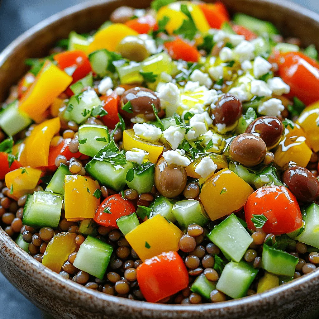 - Lentils: I love using green or brown lentils for this salad. They cook well and hold their shape. Rinse and drain them before cooking for the best taste. Boil them for about 20-25 minutes until tender, but not mushy. - Fresh Vegetables: Freshness matters! I choose a small red onion, cherry tomatoes, cucumber, and a bell pepper. Look for bright colors and firm textures. This makes a big difference in flavor and crunch. - Dressing components: A simple dressing brings everything together. I mix olive oil, lemon juice, and dried oregano. This adds a fresh kick. Adjust salt and pepper to your taste. Gather all these ingredients for a vibrant dish. Check out the Full Recipe for detailed steps. To cook the lentils, start by boiling water. Use a medium pot and add 3 cups of water. Bring it to a boil. Then, add 1 cup of lentils. Reduce the heat to low and let them simmer. Cook for about 20 to 25 minutes. You want them tender but not mushy. After cooking, drain the lentils and let them cool. This cooling step helps keep the salad fresh. Now, let's get the veggies ready. Chop the red onion finely for a nice bite. Halve the cherry tomatoes and dice the cucumber and bell pepper. Aim for pieces that are similar in size. This way, every spoonful has a mix of flavors. In a large mixing bowl, combine all the chopped vegetables. Add the sliced olives and chopped parsley to this mix. Once the lentils have cooled, it's time to mix everything. Add the lentils to the bowl with the vegetables. In a small bowl, whisk together olive oil, lemon juice, oregano, salt, and pepper. Drizzle this dressing over the salad. Toss gently to combine all the ingredients. This helps the flavors blend well. For a creamy touch, sprinkle feta cheese on top if you like. Let the salad sit for a few minutes. This waiting time allows the flavors to meld beautifully. For the full recipe, check out the details above! To make your Mediterranean Greek lentil salad shine, you need to balance flavors. Start with salt and pepper, then taste as you go. If it’s bland, add more lemon juice or olive oil. A splash of vinegar can also brighten the dish. You can customize your salad by changing some ingredients. Swap cucumbers for bell peppers or add spinach for more greens. Each change can alter the taste and texture. Get creative with herbs too! Fresh mint or dill can add a lovely twist. When serving, think about colors and textures. Use a large white bowl to make the salad pop. Layer the salad, starting with lentils and then adding veggies on top. This keeps it neat and appealing. Garnish with fresh parsley or a sprinkle of feta cheese. This adds color and texture. For a fun touch, serve with lemon wedges. It gives guests a chance to add more flavor if they want. {{image_2}} You can change up your Mediterranean Greek lentil salad with different veggies. Try adding diced carrots for sweetness. Zucchini adds a nice crunch, and spinach boosts color and nutrients. If you want a new twist, use roasted red peppers for a smoky flavor. Lentils are great, but different types can change your dish. Green lentils hold their shape better, while brown lentils are softer. Red lentils cook quickly and give a creamy texture. Choose based on what you like! This salad is already vegan and gluten-free, making it easy for many diets. If you want a heartier version, add cooked quinoa or farro. These grains pack protein and fiber, making your meal more filling. You can also top it with grilled chicken or shrimp for extra protein. This adds flavor and makes the salad a complete meal. For those who want to keep it simple, just stick to the original recipe. For the full recipe, check out the detailed instructions to enjoy this fresh flavor boost! To keep your Mediterranean Greek Lentil Salad fresh, use airtight containers. Glass or plastic containers with tight lids work well. When storing, let the salad cool to room temperature first. This helps prevent moisture buildup inside the container. Place the salad in the fridge right after it cools down. Your salad will last about three to five days in the fridge. For meal prep, divide the salad into single servings. This way, you can grab a quick meal anytime. You can also use it in wraps or as a side dish. Just remember to add fresh ingredients, like parsley or feta, just before eating for the best flavor. Can I make this salad in advance? Yes, you can make this salad in advance. It tastes great after sitting in the fridge. Just keep it in an airtight container. The flavors blend well over time. I recommend making it one day ahead for the best taste. What can I pair with lentil salad for a complete meal? You can pair this salad with many foods. Grilled chicken or fish works well. You can also serve it with pita bread or hummus. If you want a vegetarian option, try adding roasted vegetables or a veggie wrap. How do I ensure lentils are cooked perfectly? To cook lentils perfectly, use the right water ratio. For one cup of lentils, use three cups of water. Bring the water to a boil before adding the lentils. Lower the heat and simmer for 20-25 minutes. Test them around the 20-minute mark. They should be tender but not mushy. For more details, check the Full Recipe. This blog gave you all you need for a Mediterranean Greek lentil salad. We explored key ingredients like quality lentils and fresh veggies. You learned how to cook lentils and prepare your ingredients. I shared tips for perfecting flavors and plating your dish. You can also experiment with variations to suit your tastes. Remember to store leftovers properly and enjoy the salad's great shelf life. Create this salad and serve it with pride! Your culinary skills will shine, and your meals will benefit.