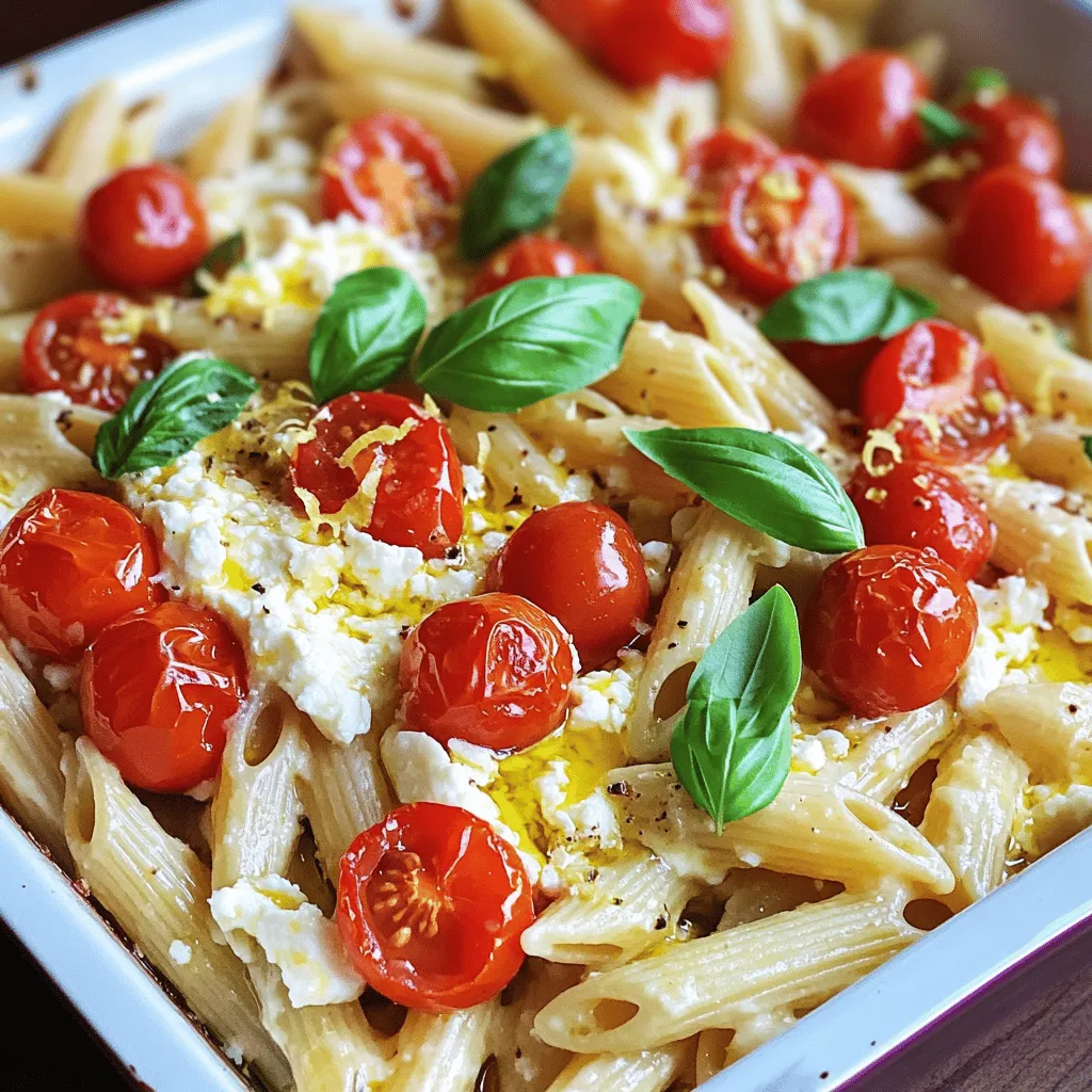 - 200g feta cheese - 300g cherry tomatoes - 3 cloves garlic, minced - 2 tablespoons olive oil - 250g pasta of choice - 1 teaspoon dried oregano - 1/2 teaspoon chili flakes (optional) - Salt and pepper to taste - Fresh basil leaves for garnish - Zest of 1 lemon - Additional vegetables (spinach, bell peppers, etc.) - Protein add-ins (chicken, shrimp, etc.) - Different cheese alternatives Gathering the right ingredients is key to making baked feta pasta a hit. Start with the required ingredients. Feta cheese is the star of this dish. It melts beautifully and adds a creamy texture. The cherry tomatoes burst with flavor when baked. Garlic gives the dish an aromatic kick. Olive oil adds richness, while oregano brings a nice herbal note. You can adjust the chili flakes to make your dish mild or spicy. Don't forget salt and pepper to enhance all the flavors. Fresh basil leaves and lemon zest add brightness at the end. Feel free to explore optional ingredients. Adding vegetables like spinach or bell peppers can boost nutrition. If you want more protein, try adding chicken or shrimp. You can also switch the feta for different cheese, like goat cheese, for a new taste. For the full recipe, check out the details and step-by-step instructions provided. - First, preheat your oven to 200°C (400°F). - Grab a baking dish and place your block of feta cheese in the center. - Surround the feta with cherry tomatoes. - Now, sprinkle minced garlic, olive oil, dried oregano, chili flakes, salt, and pepper over the feta and tomatoes. - Bake everything for about 30 minutes until the feta is golden and the tomatoes burst. - While that bakes, cook your pasta according to package instructions until it’s al dente. Drain and set aside. - Once the feta and tomatoes are done, take them out of the oven. - Use a fork to mash the feta into the tomatoes. This creates a creamy sauce. - Mix in your cooked pasta and make sure it’s all combined well. - Adjust the seasoning if needed. - Serve hot, adding fresh basil leaves and lemon zest on top for a nice touch. For the complete cooking details, check the Full Recipe. Enjoy this simple yet yummy dish! - Choosing the best feta cheese Use high-quality feta for great taste. Look for a creamy texture and a tangy flavor. Feta made in Greece often has the best taste. Crumbled feta works well, but a block is ideal for baking. - Cooking pasta to the right consistency Cook your pasta until just al dente. This means it should be firm but not hard. The pasta will cook a bit more once mixed with the baked feta and tomatoes. Always save a bit of pasta water. It can help make the sauce creamy. - Pairing with side dishes or salads Baked feta pasta pairs well with a simple green salad. A fresh salad with lemon vinaigrette adds brightness. You could also serve it with garlic bread for a hearty meal. - Using as a main or a starter This dish shines as a main course. However, you can also serve it as a starter for a dinner party. Just serve smaller portions and add a garnish like basil. - Overcooking the feta and tomatoes Be careful not to overcook the feta and tomatoes. Bake them until the feta is golden and the tomatoes burst. This helps create a creamy sauce without drying out the ingredients. - Not seasoning properly Season your dish well. Use enough salt and pepper to bring out the flavors. Taste before serving and adjust if needed. A sprinkle of lemon juice at the end can really brighten the dish. {{image_2}} For baked feta pasta, you can use many pasta shapes. Penne and rigatoni are my favorites. They hold the sauce well. You can also try fusilli or farfalle for fun twists. If you need gluten-free options, choose pasta made from brown rice or chickpeas. These work great without losing flavor. To boost the taste, consider adding spices and herbs. Fresh basil, parsley, or thyme can brighten the dish. A pinch of red pepper flakes adds warmth. You can also toss in vegetables like spinach or bell peppers. They add color and nutrients. If you want a creamier sauce, try adding cream cheese or mascarpone. Mix in about 100g with the feta before baking. This will give you a rich texture. Adjust the pasta ratio to keep the dish balanced. You may need a bit less pasta to maintain creaminess. After enjoying your Baked Feta Pasta, store leftovers in an airtight container. This keeps the dish fresh and prevents odors. You can refrigerate it for up to three days. Just make sure it cools down before sealing. This helps maintain the taste and texture. To freeze, let the dish cool completely. Transfer it to a freezer-safe container. You can freeze Baked Feta Pasta for up to three months. When you want to eat it, thaw it overnight in the fridge. Reheat in the oven or on the stove. Add a splash of water if it seems dry. For quicker meals, prep your ingredients ahead of time. Chop the garlic and tomatoes and store them together. You can even cube the feta early. When you’re ready to cook, just assemble everything in the baking dish. This makes my weeknight cooking fast and easy! Baked feta pasta is a simple dish that combines baked feta cheese and cherry tomatoes. This dish became popular on social media, especially during 2020. It is easy to make and tastes great. The cheese gets creamy, while the tomatoes burst with flavor. You mix this with pasta for a satisfying meal. The dish is great for busy weeknights. Yes, you can make baked feta pasta vegan. Simply swap out the feta cheese for a plant-based cheese. There are many tasty vegan options now. You can also add nutritional yeast for a cheesy taste. Use whole grain or lentil pasta for a healthy twist. This way, everyone can enjoy this dish. To reheat leftovers, use the oven or a microwave. For the oven, set it to 180°C (350°F). Place the pasta in an oven-safe dish. Cover it with foil to keep it moist. Heat for about 15 minutes. In a microwave, heat a portion for 1-2 minutes. Stir it halfway through to heat evenly. This helps keep the flavor and texture. Baked Feta Pasta is a simple, tasty dish. We covered the main ingredients, steps, and tips for success. You can customize it with veggies or protein. Avoid mistakes like overcooking and under-seasoning. Remember to store leftovers properly for freshness. Explore different pasta types and flavors too. This dish is versatile and fun to make. Try it tonight for a delicious meal!