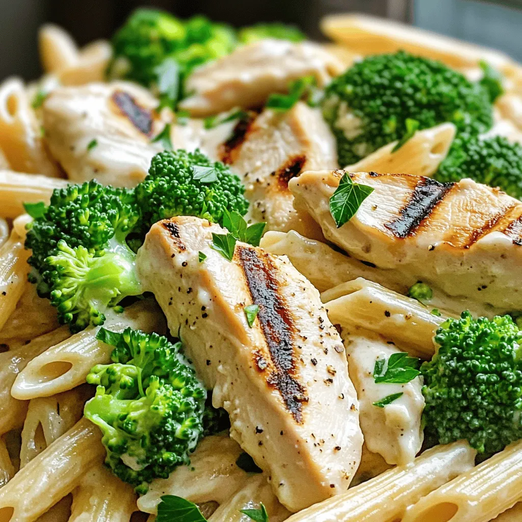 - 2 boneless, skinless chicken breasts - 3 cups whole wheat penne pasta - 1 tablespoon olive oil - 2 cloves garlic, minced - 1 ½ cups low-fat Greek yogurt - 1 cup grated parmesan cheese - 1 cup broccoli florets - ½ teaspoon Italian seasoning - Salt and pepper to taste - Fresh parsley for garnish This dish is not only tasty but also healthy. Each serving offers a good balance of protein and carbs. The chicken provides lean protein, while the whole wheat pasta adds fiber. Greek yogurt gives a creamy texture and extra protein. Here's a quick breakdown for one serving: - Calories: 400 - Protein: 36g - Carbohydrates: 50g - Fat: 10g - Fiber: 6g High protein foods help build and repair muscles. They keep you full, which can aid in weight management. Chicken is a great source of lean protein. Greek yogurt offers probiotics for gut health. Whole wheat pasta gives you energy without a sugar spike. Combining these ingredients makes a delicious meal that supports a healthy lifestyle. You can enjoy this meal guilt-free, knowing it fuels your body well. For the full recipe, check out the earlier section. To start, marinate the chicken breasts. Mix olive oil, minced garlic, salt, pepper, and Italian seasoning in a bowl. Add the chicken breasts and coat them well. Let the chicken sit for at least 30 minutes. This helps the flavors soak in. Next, heat your grill or grill pan to medium-high. Place the marinated chicken on the grill. Cook for 6-7 minutes on each side. The chicken should no longer be pink in the center. Once done, take it off the grill and let it rest for 5 minutes. Then, slice it into strips. While the chicken grills, bring a pot of water to a boil. Add the whole wheat penne pasta and cook it according to the package instructions, usually about 10-12 minutes. With 3 minutes left, toss in the broccoli florets. This gives them a quick steam. Once cooked, drain the pasta and broccoli together. In a large mixing bowl, combine the low-fat Greek yogurt, half of the grated parmesan cheese, and about ¼ cup of pasta water. Stir well until you get a creamy sauce. The yogurt adds protein and keeps it light. Now, add the drained pasta and broccoli to the sauce. Toss everything together until it's well-coated. Slice the grilled chicken and place it on top of the pasta. Finish by sprinkling the remaining parmesan cheese over the dish. Garnish with fresh parsley and serve hot. Enjoy the creamy goodness packed with protein! Find the [Full Recipe] for all the details on this delicious meal. To grill chicken just right, start with the right heat. Medium-high heat works best. Marinate your chicken for at least 30 minutes. This adds flavor and keeps it moist. Use a meat thermometer. The chicken should reach 165°F to be safe. Let the chicken rest after grilling. This helps keep the juices inside. Slice it just before serving for the best taste. For a creamy Alfredo, Greek yogurt is a game changer. It gives you that rich taste while keeping it healthy. Mix Greek yogurt with parmesan cheese in a bowl. Add a bit of pasta water to thin it out. Stir until smooth. This sauce coats the pasta nicely without being too heavy. You can also add garlic for extra flavor. Add some veggies for color and nutrition. Broccoli florets are a great choice. They cook quickly with the pasta. You can also toss in spinach or peas. For a kick, try adding crushed red pepper flakes. Fresh herbs like parsley elevate the dish’s look and taste, too. A squeeze of lemon juice can brighten it up. Enjoy experimenting with flavors! For the complete dish, check out the Full Recipe. {{image_2}} If you want to skip the chicken, you can use veggies. Try adding mushrooms or zucchini. These give a nice texture. You can also use tofu for protein. Just marinate it like the chicken and grill it. This makes a tasty vegetarian dish. You can switch up the protein in this dish. Try shrimp or turkey for a different taste. Even salmon works well. Each adds unique flavors to your pasta. If you like beans, chickpeas are a great option too. They add protein and fiber. Not a fan of whole wheat penne? You can use other pasta types. Try gluten-free pasta if you need it. Zucchini noodles are a fun choice too. They are low in carbs but still satisfy. You can even use spaghetti or fettuccine for a classic feel. To keep your High Protein Grilled Chicken Alfredo Pasta fresh, store it in an airtight container. Make sure to cool the dish to room temperature before sealing. Place it in the fridge and use it within 3-4 days for the best taste. When you're ready to enjoy your leftovers, heat them gently. You can use a microwave or a stove. If using a microwave, cover the dish to keep moisture. Heat in short bursts, stirring in between. If you're using the stove, add a splash of water to keep it creamy. Stir until it's warm throughout. If you want to save some for later, freezing is a great option. Portion the pasta into small containers, leaving space for expansion. Seal tightly and label with the date. It can last in the freezer for up to 3 months. To thaw, move it to the fridge overnight, then reheat as mentioned above. Enjoy your meal even on busy days! Yes, you can use different types. Whole wheat penne works well, but feel free to try gluten-free pasta or even zoodles (zucchini noodles). Each pasta type brings its own flavor and texture. Just make sure to adjust the cooking time according to the package instructions. To cut calories, use less cheese or switch to low-fat cheese. You can also replace Greek yogurt with low-fat sour cream or skip it altogether. Use less oil when marinating the chicken and serve smaller portions. Adding more veggies can also help fill you up without adding too many calories. This dish pairs great with a fresh salad or steamed vegetables. A light Caesar salad or roasted zucchini can complement the creamy pasta well. Garlic bread is another popular choice if you want something a bit indulgent. Your High Protein Grilled Chicken Alfredo Pasta will last about 3 to 5 days in the fridge. Make sure to store it in an airtight container to keep it fresh. Reheat gently in the microwave or on the stovetop to avoid drying it out. You can easily swap the chicken for shrimp, turkey, or tofu for a veggie option. Each protein brings a different taste and texture. Just adjust the cooking time based on what you choose to ensure it's cooked through. For the full recipe, check out the complete cooking instructions. This blog shared a great recipe for High Protein Grilled Chicken Alfredo Pasta. You learned about the key ingredients, step-by-step cooking, and helpful tips. We also explored tasty variations and storage info. This dish is healthy and satisfying! It’s easy to make and offers room for your own twists. Enjoy creating your version, and don’t forget to share it with family and friends!