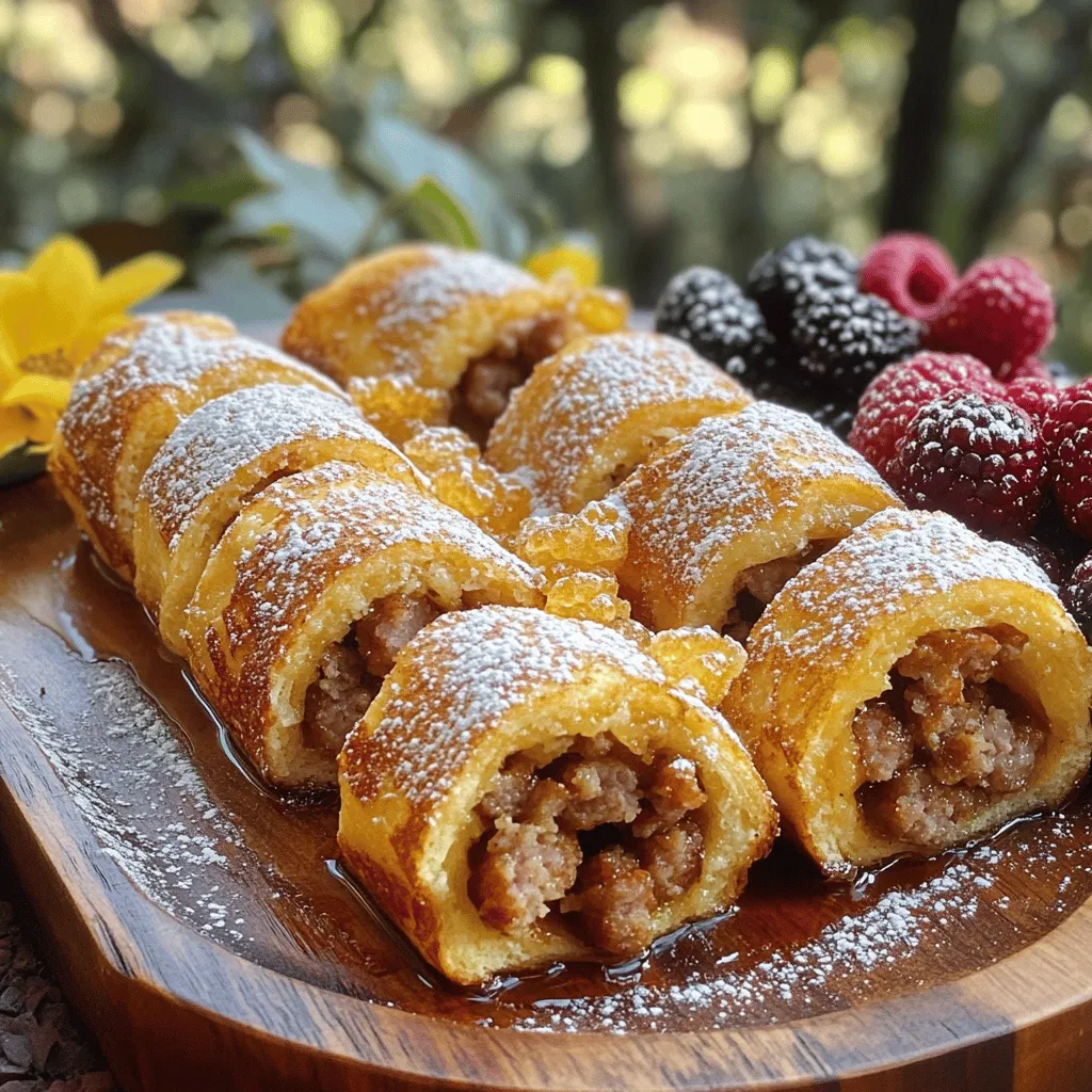 - 8 slices of bread (your choice, white or whole grain) - 4 sausages (cooked and crumbled) - 4 large eggs - 1/2 cup milk - 1 teaspoon vanilla extract - 1 teaspoon ground cinnamon - 1/4 cup sugar (optional) - Butter or cooking spray for frying - Maple syrup or honey for drizzling - Powdered sugar for dusting (optional) Let’s dive into the ingredients! To make the perfect Sausage French Toast Roll-Ups, you'll need 8 slices of bread. You can use white or whole grain bread, depending on your taste. Next, grab 4 cooked and crumbled sausages. Italian or breakfast sausages work great here. For the egg mixture, gather 4 large eggs and 1/2 cup of milk to create a rich base. You can enhance the flavor by adding optional ingredients. A teaspoon of vanilla extract and ground cinnamon can add warmth. If you like a touch of sweetness, consider 1/4 cup of sugar. Don’t forget butter or cooking spray to fry the roll-ups. Finally, maple syrup or honey makes a great drizzle. You can dust with powdered sugar for a fun finish! For the full recipe, check out the section where I guide you through each step. To start, you need to flatten the bread. Use a rolling pin to roll each slice. This helps make the bread soft and easy to roll. Aim for about a quarter-inch thickness. Next, spread the filling. Place a spoonful of crumbled sausage on one edge of the flattened bread. Don’t overfill; a little goes a long way. Roll the bread tightly around the sausage. If it doesn’t stay closed, use a toothpick to keep it secure. Now, let’s make the egg mixture. In a large bowl, whisk together the eggs, milk, vanilla extract, cinnamon, and sugar. Mix until everything blends well. This mixture gives the roll-ups their rich, tasty flavor. First, coat the roll-ups. Dip each one in the egg mixture. Make sure every side gets a good coating. This step is key for a delicious crust. Next, choose your cooking method. You can use a skillet or a griddle. Heat it over medium heat. Add a bit of butter or spray with cooking spray. Once hot, place the roll-ups seam side down. Cook for about 3-5 minutes. You want them golden brown. Turn them to brown all sides evenly. For finishing touches, remove the roll-ups from the skillet. If you like, dust them with powdered sugar. Drizzle some maple syrup or honey on top. Enjoy your tasty breakfast treat! You can find the full recipe at the beginning of this article. - Ensuring Even Browning: Heat your skillet to medium. If it’s too hot, the roll-ups can burn. If it’s too low, they won’t brown well. Place the roll-ups seam side down first. This helps them stay closed and brown evenly. - Achieving the Right Crispiness: Use enough butter or cooking spray. This adds flavor and helps crisp the outside. Cook each roll-up for about 3-5 minutes per side. Rotate them gently to get all sides golden. - Presentation Ideas: Arrange the roll-ups neatly on a large platter. Garnish with fresh berries for a pop of color. Add a small dish of syrup on the side for dipping. This makes the dish look inviting and fun. - Pairing with Sides: Consider serving with scrambled eggs or fruit salad. These sides add balance and nutrition. You can also serve a light yogurt for a creamy touch. - Using Different Sausage Types: Try Italian sausage for a spicy kick. Breakfast sausage adds a mild, sweet flavor. You can even use turkey or chicken sausage for a lighter option. - Additional Flavoring Options: Add cheese like cheddar or cream cheese for a rich taste. You can sprinkle in herbs like chives or parsley for freshness. A pinch of nutmeg can also elevate the dish's flavor profile. For the full recipe, check out my complete guide on making Sausage French Toast Roll-Ups! {{image_2}} You can switch up the fillings in Sausage French Toast Roll-Ups. Try adding vegetables like spinach or bell peppers. Cheese also makes a great filling. Cream cheese or cheddar can add a nice twist. If you need gluten-free options, use gluten-free bread. Many brands offer tasty varieties. Just make sure it’s thick enough to hold the filling. You can create sweet or savory roll-ups. For sweet, add a bit of sugar or chocolate chips. For savory, try using herbs and spices like garlic or oregano. Seasonal ingredients can also change the game. In fall, pumpkin spice adds warmth. In summer, fresh fruit like berries can brighten the dish. Baking is a great way to make these roll-ups. Preheat your oven to 375°F. Place the roll-ups on a baking sheet. Bake for about 10-15 minutes until golden brown. If you have an air fryer, use it! Set it to 375°F and cook for 8-10 minutes. This method gives a nice crisp without much oil. For the full recipe, check out the details above. Enjoy your tasty breakfast treat! Keep your leftovers tasty by cooling them first. Let the roll-ups sit at room temperature for about 30 minutes. This helps prevent sogginess. Then, place them in an airtight container. This keeps them fresh for up to three days in the fridge. The best way to reheat is in a skillet. Heat it over medium heat for about three to five minutes. This keeps the roll-ups crispy on the outside. You can also use a toaster oven for a similar effect. Avoid the microwave, as it can make them mushy. You can freeze these roll-ups for later. First, let them cool completely. Then, wrap each roll-up in plastic wrap. Place them in a freezer-safe bag or container. They can stay frozen for up to three months. When you're ready to eat, thaw them in the fridge overnight. Reheat them in a skillet or toaster oven for the best results. Enjoy the tasty goodness from the freezer! For the full recipe, see the first section. You can prepare the roll-ups ahead of time. After cooking, let them cool. Then, store them in an airtight container in the fridge. You can also assemble them but wait to cook until you are ready to eat. This keeps them fresh and tasty. Yes! You can use many types of bread. White, whole grain, or even brioche works well. Each type will give a unique flavor and texture. Try a thick-cut bread for a hearty bite or a soft one for a delicate roll-up. To keep your roll-ups intact, roll them tightly. Make sure the seam is down when you cook them. You can also use a toothpick to hold them together. This extra step helps them stay rolled during cooking. You can keep the roll-ups in the fridge for about three days. Store them in an airtight container to keep them fresh. If you want to save them longer, consider freezing them. Absolutely! You can swap sausage for a mix of vegetables or cheese. Spinach and feta make a great combo. You can also use plant-based sausage for a similar taste. You can find the full recipe for Sausage French Toast Roll-Ups [here](#). It includes all the details you need to make this tasty breakfast treat. These Sausage French Toast Roll-Ups are fun and easy to make. You have a list of key ingredients to get started, along with some optional ones to spice things up. Following the step-by-step instructions will help you create a tasty breakfast. Tips and variations give you ideas for endless flavors, and storage info makes leftovers simple. Overall, these roll-ups are perfect for breakfast or brunch. Try them out and enjoy your cooking!