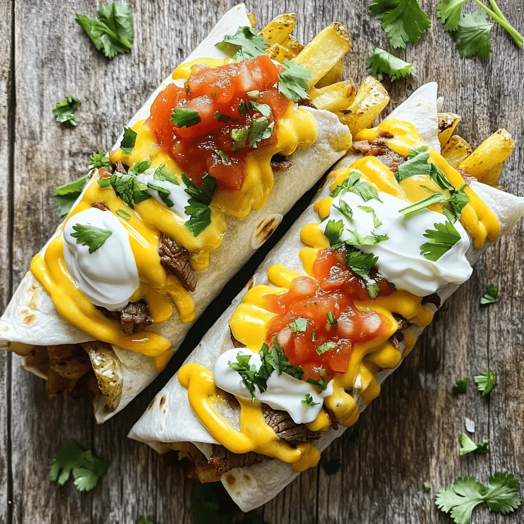 - 1 lb flank steak, thinly sliced - 2 large potatoes, peeled and cut into fries - 1 cup shredded cheddar cheese - 4 large flour tortillas The main ingredients create a hearty and tasty dish. Flank steak provides rich flavor and great texture. Potatoes offer crunch, while cheddar cheese adds creaminess. Flour tortillas hold everything together, making it easy to enjoy. - 1 teaspoon garlic powder - 1 teaspoon paprika - 1 teaspoon onion powder - 1/2 cup sour cream - 1/4 cup salsa Seasoning enhances every bite. Garlic powder gives a warm taste, while paprika adds a slight smokiness. Onion powder boosts the flavor profile. Sour cream brings coolness, and salsa adds zest. Together, they create a perfect balance. - Oil for frying - Salt and pepper to taste - Fresh cilantro, chopped (for garnish) Oil is key for frying the potatoes to a golden crisp. Salt and pepper bring out the natural flavors. Fresh cilantro provides a pop of color and a bright finish. These essentials elevate the dish to a new level. For the complete recipe, check out the Full Recipe. Heat oil in a deep pan to medium-high. You need enough oil to cover the fries. When the oil is hot, add the cut potatoes carefully. Fry them for about 5-7 minutes. Look for a golden brown color. When done, take them out with a slotted spoon. Drain them on paper towels. Sprinkle salt over the fries while they cool. This step makes them tasty. In a skillet, heat a tablespoon of oil over medium-high heat. Season the flank steak slices with garlic powder, paprika, onion powder, salt, and pepper. This mix gives great flavor. Add the seasoned steak to the skillet. Cook for about 4-5 minutes. You want it browned and cooked to your liking. Once done, take it off the heat. Lay a flour tortilla flat on your work surface. Start with a good amount of cooked steak in the center. Next, add a handful of crispy fries. Then, sprinkle shredded cheddar cheese on top. Add a dollop of sour cream and a spoonful of salsa. To add a crunch, you can fry the rolled burritos. Place them seam-side down in the skillet. Cook each side for about 2-3 minutes until golden brown. This step is optional but adds great texture. Cut the burritos in half diagonally for serving. Garnish with chopped cilantro and serve with extra sour cream and salsa. For the full recipe, check the section above. To get the best fries, heat oil to 350°F. This temperature makes them crispy outside and soft inside. You can fry them in batches to avoid crowding. If you prefer a healthier option, bake them. Toss the fries with oil and seasoning. Bake at 425°F for about 30 minutes, flipping halfway for even cooking. Marinate your flank steak for at least 30 minutes. Use a mix of olive oil, lime juice, and spices to boost flavor. For cooking, let the steak rest after cooking. This helps keep it juicy and tender. Cook it until it's just medium-rare for the best taste. To keep your burritos intact, use large tortillas. Place the filling in the center, leaving space at the edges. Fold the sides in first, then roll from the bottom. Make sure to tuck the filling snugly. If you want to avoid spills, don’t overfill. A little practice will make you a burrito-wrapping pro! {{image_2}} You can swap flank steak for other meats. Try chicken, pork, or beef tips. If you want a vegetarian twist, use grilled mushrooms or seasoned tofu. Each choice brings its own flavor and texture. Feel free to get creative with toppings. Add guacamole, pico de gallo, or jalapeños for a kick. You can also layer in sautéed peppers, onions, or corn. Mixing in black beans or spinach boosts nutrition and taste. Personalize your burrito to suit your cravings! Do you like it hot? Add jalapeños or a spicy salsa. You can also drizzle hot sauce inside for a fiery burst. For those who prefer milder flavors, stick to regular salsa. Adjust the heat to match your taste, making every bite enjoyable. Store your burritos in an airtight container. This keeps them fresh. They can last about 3 days in the fridge. If you want to keep them longer, consider freezing. Always let the burritos cool before sealing. This helps prevent moisture build-up. To freeze burritos, wrap each one in plastic wrap. Then, place them in a freezer-safe bag. Mark the date on the bag. They can stay in the freezer for up to 3 months. When you want to eat them, thaw overnight in the fridge. Reheat in the microwave or oven until hot. This way, you keep the flavors intact. To avoid sogginess, do not stack burritos. Store them separately instead. If you have leftover fries, keep them in a separate container. You can make new meals with leftovers. Try chopping the burrito and tossing it in a salad. Or, turn the fries into a loaded fry dish. These tips help you enjoy every bite! Steak & Cheese Dirty Fry Burritos are a tasty blend of flavors. They combine juicy steak, crispy fries, and melted cheese. Each bite is a mix of textures that excite the taste buds. You start with a soft flour tortilla, then fill it with seasoned flank steak and hot fries. Top that with cheddar cheese, sour cream, and salsa for a kick. It’s a fun twist on a classic burrito, perfect for any meal. Yes, you can prep these burritos ahead of time. Cook the steak and fries first. Let them cool before storing them. Wrap each burrito tightly in foil or plastic wrap. Keep them in the fridge for up to two days. When you’re ready to eat, just reheat in the oven or microwave. This way, you save time and still enjoy a delicious meal. You can find these burritos at many food trucks and casual restaurants. Some popular chains might offer a version of this dish. To find the best spots, check local food blogs or apps. Ask friends for their favorite places too. They can lead you to some hidden gems. Serve these burritos with simple sides. A fresh salad or coleslaw pairs well. You can also add chips and guacamole for a crunchy side. For drinks, try iced tea or a cold soda. A light beer can also complement the flavors nicely. These sides enhance the meal and make it even more enjoyable. This blog post covered how to make delicious Steak & Cheese Dirty Fry Burritos. We looked at key ingredients, cooking steps, and tips for the best results. You can customize with different meats or add extra toppings to fit your taste. Remember to store leftovers properly to keep them fresh. With these tricks, you’ll make tasty burritos everyone will love. Try them out, and enjoy a fun meal at home!