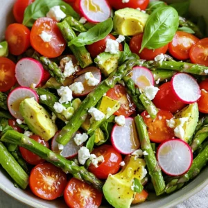 - Fresh asparagus - Cherry tomatoes - Radishes - Red onions - Avocado - Feta cheese - Olive oil - Balsamic vinegar - Honey - Salt and pepper - Fresh basil leaves Fresh asparagus salad shines with vibrant colors and fresh flavors. You can start with fresh asparagus, which adds a lovely crunch and a bright green hue. When selecting asparagus, look for firm, straight stalks. Avoid any that appear limp or wrinkled. Next, add cherry tomatoes. Their sweetness balances the earthy taste of asparagus. Slice them in half to release their juices. Radishes add a nice peppery kick, while red onions bring a sharpness that enhances the salad. Dicing an avocado makes it creamy and rich, creating a great contrast in texture. Feta cheese crumbles give a salty touch, making the salad even tastier. Use the best feta you can find for the best flavor. For the dressing, combine olive oil and balsamic vinegar for a tangy yet smooth mix. Honey adds sweetness, while salt and pepper enhance the overall taste. This simple dressing ties all the ingredients together beautifully. If you want to add a hint of freshness, consider garnishing with fresh basil leaves. They elevate the dish with their aromatic scent. You can find the full recipe [here](#). Enjoy making this healthy and simple delight! First, let’s prepare the asparagus for blanching. Start by trimming the tough ends of the asparagus. This helps make it tender and tasty. Cut the asparagus into bite-sized pieces. Next, bring a pot of salted water to a boil. Once the water is boiling, add the asparagus pieces. Blanch them for about 2-3 minutes. This time cooks them just right, keeping them bright green and crunchy. After blanching, quickly move them to a bowl of ice water. This stops the cooking process and helps keep their color. After a few minutes, drain the asparagus and pat it dry with a clean towel. Now, let’s make the dressing. In a small bowl, whisk together 2 tablespoons of olive oil, 1 tablespoon of balsamic vinegar, and 1 teaspoon of honey. Add salt and pepper to taste. This dressing adds a sweet and tangy touch to the salad. Now it’s time to mix the salad. In a large mixing bowl, combine the blanched asparagus, 1 cup of halved cherry tomatoes, 1/2 cup of thinly sliced radishes, and 1/4 cup of thinly sliced red onions. Also, add 1 diced avocado for creaminess. Gently toss these ingredients together. Next, dress the salad. Drizzle the dressing over the salad mixture. Toss everything gently to coat. Be careful not to mash the avocado, as we want its texture to shine. For serving suggestions, use a large, shallow bowl. This lets the vibrant colors pop. Arrange the salad artfully. Sprinkle 1/4 cup of crumbled feta cheese on top. Finish with fresh basil leaves for a touch of green and flavor. Serve this salad fresh for a healthy and simple delight. You can find the complete instructions in the Full Recipe for Crunchy Spring Asparagus Salad. Enjoy every bite! How to choose the best asparagus Select bright green asparagus with firm stalks. Avoid ones that seem limp or yellow. Fresh asparagus should snap easily when bent. The thinner stalks are often more tender, but thicker ones have great flavor, too. Tips for cutting and preparing ingredients Trim the tough ends of the asparagus. Cut them into bite-sized pieces, about 2 inches long. For cherry tomatoes, slice them in half. Thinly slice radishes and red onions for a nice crunch. Dice the avocado just before serving to keep it fresh. Suggested spices and herbs to add Fresh herbs like basil or parsley boost flavor. You can also add a pinch of garlic powder for a nice touch. A sprinkle of chili flakes can add a little heat. Balancing acidity in the dressing Use olive oil and balsamic vinegar for a great mix. The honey adds sweetness, balancing the vinegar's acidity. Taste your dressing and adjust. Add a bit more honey if it feels too sharp. Best side dishes to pair with This salad pairs well with grilled chicken or fish. You can also serve it alongside a simple pasta dish. It complements a light soup nicely, too. Ideal occasions for serving this salad Serve this salad at picnics or barbecues. It’s perfect for spring gatherings. You can also enjoy it as a refreshing lunch during hot days. For more detailed steps, see the Full Recipe above. {{image_2}} You can make this salad heartier by adding protein. Here are some great options: - Grilled chicken: Dice up some grilled chicken breast. It adds flavor and makes the salad filling. - Shrimp or salmon: Cooked shrimp or grilled salmon work well too. They add a nice touch and pair perfectly with asparagus. If you want to change the cheese or go dairy-free, consider these ideas: - Different cheese options: Try goat cheese or blue cheese for a unique taste. - Non-dairy alternatives: Use vegan cheese or nutritional yeast for a dairy-free salad. They add a nice flavor without the dairy. You can switch ingredients based on the season. Here’s how: - Summer: Add sweet corn or bell peppers for a bright, fresh taste. - Winter: Include roasted nuts, like walnuts or pecans, for extra crunch and warmth. These variations keep your fresh asparagus salad exciting and delicious! For the full recipe, check out the Crunchy Spring Asparagus Salad. To store leftover salad, place it in an airtight container. This keeps the salad fresh. If you have dressing left, store it separately. This helps prevent sogginess. For proper storage of ingredients, keep the asparagus in a damp paper towel. Place it in a plastic bag. Store the cherry tomatoes at room temperature. They taste better when fresh. Other veggies, like radishes and onions, can go in the fridge in a sealed bag. How long does the salad last in the fridge? It lasts about 2-3 days. After that, the ingredients may lose their crunch. To maintain freshness, eat the salad within this time frame. If you notice any wilting, discard it. To keep the salad fresh longer, do not toss it with dressing until you are ready to eat. This simple step helps keep the veggies crisp. Can you reheat asparagus salad? Generally, I recommend eating it cold. Reheating can make the veggies mushy. If you want to warm it, heat only the asparagus. Best practices for reheating components include steaming or sautéing the asparagus. This way, it stays tender and bright. Avoid using the microwave, as it can ruin the texture. For the best taste, enjoy your salad fresh! How do you prepare asparagus for a salad? To prepare asparagus, start by trimming the tough ends. Next, cut the spears into bite-sized pieces. Blanch them in boiling water for 2-3 minutes. This keeps them bright green and crunchy. After blanching, place the asparagus in ice water. Let it cool before draining. Can I make this salad ahead of time? Yes, you can make this salad ahead of time. Just keep the dressing separate until serving. This prevents the salad from becoming soggy. Store the salad in the fridge for up to a day. What other ingredients can I add to asparagus salad? You can add many ingredients to enhance the salad. Consider adding nuts for crunch or fruits for sweetness. Grilled chicken or shrimp can make it heartier. Feta cheese adds creaminess, but you can also try goat cheese. What are the health benefits of asparagus? Asparagus is low in calories and rich in vitamins. It has vitamin K for bone health and folate for cell growth. It also contains antioxidants that help fight disease. Plus, it's a good source of fiber, aiding digestion. Is asparagus salad low in calories? Yes, asparagus salad is low in calories. One serving has around 100-150 calories. The fresh veggies keep it light. This salad is great for a healthy meal or snack. What are some alternative dressings I can use? You can mix things up with different dressings. Lemon vinaigrette adds a bright flavor. Honey mustard dressing gives a sweet kick. You could also use a yogurt-based dressing for creaminess. How do I make a creamy dressing for asparagus salad? To make a creamy dressing, mix 1/4 cup of Greek yogurt with 1 tablespoon of lemon juice. Add salt and pepper to taste. You can also whisk in olive oil to thin it out. This dressing pairs well with the fresh veggies in your salad. This blog post covers how to make a fresh and tasty asparagus salad. You learned about the key ingredients, like asparagus and feta cheese, and how to prepare them. We discussed dressing options and tips for serving. Don't forget the variations, like adding protein or changing up the cheese. Proper storage and shelf life are essential too. Enjoy experimenting with your own twists on this salad. Fresh salads can brighten up any meal!