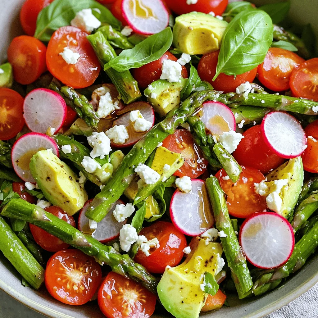 - Fresh asparagus - Cherry tomatoes - Radishes - Red onions - Avocado - Feta cheese - Olive oil - Balsamic vinegar - Honey - Salt and pepper - Fresh basil leaves Fresh asparagus salad shines with vibrant colors and fresh flavors. You can start with fresh asparagus, which adds a lovely crunch and a bright green hue. When selecting asparagus, look for firm, straight stalks. Avoid any that appear limp or wrinkled. Next, add cherry tomatoes. Their sweetness balances the earthy taste of asparagus. Slice them in half to release their juices. Radishes add a nice peppery kick, while red onions bring a sharpness that enhances the salad. Dicing an avocado makes it creamy and rich, creating a great contrast in texture. Feta cheese crumbles give a salty touch, making the salad even tastier. Use the best feta you can find for the best flavor. For the dressing, combine olive oil and balsamic vinegar for a tangy yet smooth mix. Honey adds sweetness, while salt and pepper enhance the overall taste. This simple dressing ties all the ingredients together beautifully. If you want to add a hint of freshness, consider garnishing with fresh basil leaves. They elevate the dish with their aromatic scent. You can find the full recipe [here](#). Enjoy making this healthy and simple delight! First, let’s prepare the asparagus for blanching. Start by trimming the tough ends of the asparagus. This helps make it tender and tasty. Cut the asparagus into bite-sized pieces. Next, bring a pot of salted water to a boil. Once the water is boiling, add the asparagus pieces. Blanch them for about 2-3 minutes. This time cooks them just right, keeping them bright green and crunchy. After blanching, quickly move them to a bowl of ice water. This stops the cooking process and helps keep their color. After a few minutes, drain the asparagus and pat it dry with a clean towel. Now, let’s make the dressing. In a small bowl, whisk together 2 tablespoons of olive oil, 1 tablespoon of balsamic vinegar, and 1 teaspoon of honey. Add salt and pepper to taste. This dressing adds a sweet and tangy touch to the salad. Now it’s time to mix the salad. In a large mixing bowl, combine the blanched asparagus, 1 cup of halved cherry tomatoes, 1/2 cup of thinly sliced radishes, and 1/4 cup of thinly sliced red onions. Also, add 1 diced avocado for creaminess. Gently toss these ingredients together. Next, dress the salad. Drizzle the dressing over the salad mixture. Toss everything gently to coat. Be careful not to mash the avocado, as we want its texture to shine. For serving suggestions, use a large, shallow bowl. This lets the vibrant colors pop. Arrange the salad artfully. Sprinkle 1/4 cup of crumbled feta cheese on top. Finish with fresh basil leaves for a touch of green and flavor. Serve this salad fresh for a healthy and simple delight. You can find the complete instructions in the Full Recipe for Crunchy Spring Asparagus Salad. Enjoy every bite! How to choose the best asparagus Select bright green asparagus with firm stalks. Avoid ones that seem limp or yellow. Fresh asparagus should snap easily when bent. The thinner stalks are often more tender, but thicker ones have great flavor, too. Tips for cutting and preparing ingredients Trim the tough ends of the asparagus. Cut them into bite-sized pieces, about 2 inches long. For cherry tomatoes, slice them in half. Thinly slice radishes and red onions for a nice crunch. Dice the avocado just before serving to keep it fresh. Suggested spices and herbs to add Fresh herbs like basil or parsley boost flavor. You can also add a pinch of garlic powder for a nice touch. A sprinkle of chili flakes can add a little heat. Balancing acidity in the dressing Use olive oil and balsamic vinegar for a great mix. The honey adds sweetness, balancing the vinegar's acidity. Taste your dressing and adjust. Add a bit more honey if it feels too sharp. Best side dishes to pair with This salad pairs well with grilled chicken or fish. You can also serve it alongside a simple pasta dish. It complements a light soup nicely, too. Ideal occasions for serving this salad Serve this salad at picnics or barbecues. It’s perfect for spring gatherings. You can also enjoy it as a refreshing lunch during hot days. For more detailed steps, see the Full Recipe above. {{image_2}} You can make this salad heartier by adding protein. Here are some great options: - Grilled chicken: Dice up some grilled chicken breast. It adds flavor and makes the salad filling. - Shrimp or salmon: Cooked shrimp or grilled salmon work well too. They add a nice touch and pair perfectly with asparagus. If you want to change the cheese or go dairy-free, consider these ideas: - Different cheese options: Try goat cheese or blue cheese for a unique taste. - Non-dairy alternatives: Use vegan cheese or nutritional yeast for a dairy-free salad. They add a nice flavor without the dairy. You can switch ingredients based on the season. Here’s how: - Summer: Add sweet corn or bell peppers for a bright, fresh taste. - Winter: Include roasted nuts, like walnuts or pecans, for extra crunch and warmth. These variations keep your fresh asparagus salad exciting and delicious! For the full recipe, check out the Crunchy Spring Asparagus Salad. To store leftover salad, place it in an airtight container. This keeps the salad fresh. If you have dressing left, store it separately. This helps prevent sogginess. For proper storage of ingredients, keep the asparagus in a damp paper towel. Place it in a plastic bag. Store the cherry tomatoes at room temperature. They taste better when fresh. Other veggies, like radishes and onions, can go in the fridge in a sealed bag. How long does the salad last in the fridge? It lasts about 2-3 days. After that, the ingredients may lose their crunch. To maintain freshness, eat the salad within this time frame. If you notice any wilting, discard it. To keep the salad fresh longer, do not toss it with dressing until you are ready to eat. This simple step helps keep the veggies crisp. Can you reheat asparagus salad? Generally, I recommend eating it cold. Reheating can make the veggies mushy. If you want to warm it, heat only the asparagus. Best practices for reheating components include steaming or sautéing the asparagus. This way, it stays tender and bright. Avoid using the microwave, as it can ruin the texture. For the best taste, enjoy your salad fresh! How do you prepare asparagus for a salad? To prepare asparagus, start by trimming the tough ends. Next, cut the spears into bite-sized pieces. Blanch them in boiling water for 2-3 minutes. This keeps them bright green and crunchy. After blanching, place the asparagus in ice water. Let it cool before draining. Can I make this salad ahead of time? Yes, you can make this salad ahead of time. Just keep the dressing separate until serving. This prevents the salad from becoming soggy. Store the salad in the fridge for up to a day. What other ingredients can I add to asparagus salad? You can add many ingredients to enhance the salad. Consider adding nuts for crunch or fruits for sweetness. Grilled chicken or shrimp can make it heartier. Feta cheese adds creaminess, but you can also try goat cheese. What are the health benefits of asparagus? Asparagus is low in calories and rich in vitamins. It has vitamin K for bone health and folate for cell growth. It also contains antioxidants that help fight disease. Plus, it's a good source of fiber, aiding digestion. Is asparagus salad low in calories? Yes, asparagus salad is low in calories. One serving has around 100-150 calories. The fresh veggies keep it light. This salad is great for a healthy meal or snack. What are some alternative dressings I can use? You can mix things up with different dressings. Lemon vinaigrette adds a bright flavor. Honey mustard dressing gives a sweet kick. You could also use a yogurt-based dressing for creaminess. How do I make a creamy dressing for asparagus salad? To make a creamy dressing, mix 1/4 cup of Greek yogurt with 1 tablespoon of lemon juice. Add salt and pepper to taste. You can also whisk in olive oil to thin it out. This dressing pairs well with the fresh veggies in your salad. This blog post covers how to make a fresh and tasty asparagus salad. You learned about the key ingredients, like asparagus and feta cheese, and how to prepare them. We discussed dressing options and tips for serving. Don't forget the variations, like adding protein or changing up the cheese. Proper storage and shelf life are essential too. Enjoy experimenting with your own twists on this salad. Fresh salads can brighten up any meal!