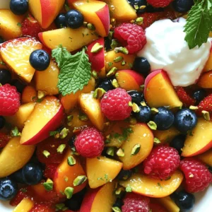 - Peaches: Look for peaches that feel slightly soft when you press them. Their skin should have a warm hue, not too green. This means they are ripe and sweet. If you pick hard peaches, let them sit at room temperature for a few days to ripen. - Strawberries: Choose bright red strawberries with fresh green leaves. Avoid any with bruises or mold. The best berries smell sweet and are firm to the touch. - Other Berries: Blueberries and raspberries add great flavors. Blueberries are sweet and juicy, while raspberries offer a tart kick. Both add vibrant colors and pack nutrients. They also boost fiber in your salad. - Sweeteners: Honey adds a rich taste. It blends well with fruits and enhances their natural sweetness. Maple syrup is a good vegan choice. It has a unique flavor and keeps the salad light. - Optional Add-Ins: Greek yogurt is a tasty add-in. It gives the salad a creamy texture and adds protein. If you want a lighter option, skip the yogurt. - Nuts: Pistachios are a great garnish. They add crunch and a nutty taste. They also provide healthy fats and protein, making your salad more filling. - Herbs: Fresh mint can elevate your salad. It adds a refreshing taste that pairs well with the sweet fruits. Just a sprinkle can brighten up the whole dish. This Peach Berry Fruit Salad is not just refreshing; it’s a colorful treat full of flavor and nutrition. For the full recipe, check out the detailed instructions above! How to dice peaches perfectly Start by washing the peaches under cool water. To dice, cut the peach in half around the pit. Twist the halves to separate them. Use a knife to cut the flesh into small cubes. Avoid the pit. This method gives you neat, bite-sized pieces. Slicing strawberries easily Remove the green tops of the strawberries. Place a strawberry on a cutting board. Hold it steady and slice downwards. Aim for even slices, about a quarter-inch thick. This keeps them fresh and pretty in your salad. Combining fruits without bruising In a large mixing bowl, gently add the diced peaches, sliced strawberries, blueberries, and raspberries. Use a soft touch as you mix. This prevents bruising the berries. You want them to stay whole for a perfect look. Drizzling and tossing techniques In a small bowl, whisk together lemon juice and honey. Drizzle this mixture over the fruit. Gently toss with a spatula. Aim to coat all the fruit without breaking any. This adds a sweet and tangy flavor to your salad. Presenting the salad for gatherings Serve the salad in a large, clear bowl. You want everyone to see the vibrant colors. For a fancy touch, use small cups. Fill each cup with salad and place them on a tray. This makes serving easy at parties. Pairing options with other dishes This fruit salad pairs well with grilled chicken or fish. It also tastes great with yogurt for breakfast. Try it at brunch with pancakes. The sweet and tart flavors complement many dishes. Enjoy experimenting with your favorite meals! When picking peaches, look for a few key signs. A ripe peach feels soft but not mushy. The color should be a warm yellow or golden hue. If there is a sweet smell, that’s a good sign too. Avoid peaches with green spots, as they may not ripen well. For berries, freshness is key. Check for bright colors and firm textures. Avoid any that look mushy or shriveled. Always choose organic when possible, as they often have better flavor and fewer pesticides. To elevate the flavor of your Peach Berry Fruit Salad, consider adding a splash of lime juice. It adds a zesty kick that complements the sweetness. You can also mix in a pinch of sea salt to enhance natural flavors. Balancing sweetness with acidity is crucial. If your fruits are very sweet, a little lemon or lime juice can balance it out. This will keep the salad refreshing and not overly sweet. Chilling your salad before serving is vital. It helps the flavors meld and makes it cool and refreshing. Aim to chill for at least 30 minutes in the fridge. When serving, try using a clear bowl. This way, the vibrant colors of the fruits shine through. You can also serve it on a bed of greens for a beautiful presentation. For an extra touch, drizzle some honey or maple syrup on top just before serving. This adds a glossy finish and a hint of extra sweetness. Enjoy your Peach Berry Fruit Salad as a delightful treat! {{image_2}} You can switch up the fruits based on the season. In summer, use ripe melons like cantaloupe or honeydew. They add sweetness and juiciness. In winter, citrus fruits like oranges or grapefruits can brighten the mix. They add a zesty kick and acidity. Using seasonal fruits not only enhances flavor but also keeps costs down. If you want a vegan version of the salad, simply swap honey for maple syrup. This keeps it sweet without any animal products. For those with nut allergies, leave out the pistachios. You can still enjoy a great crunch with seeds like sunflower or pumpkin. These options keep the salad safe and delicious. A citrus dressing can bring a fresh twist to the salad. Mix fresh orange juice with a bit of olive oil for a vibrant taste. If you prefer a creamy option, create a yogurt-based dressing. Combine Greek yogurt with lemon juice and a touch of honey. This adds a rich flavor while keeping the salad light. Check out the Full Recipe for a detailed guide to making this fresh and tasty Peach Berry Fruit Salad! To keep your Peach Berry Fruit Salad fresh longer, follow these tips: - Use airtight containers: Store your salad in airtight containers. This keeps moisture in and air out. - Chill promptly: Always put your salad in the fridge right after making it. Cold air helps slow spoilage. - Keep fruits separate: If you prepare your fruits ahead, keep them in separate containers. Mix them just before serving. In the refrigerator, your salad will last about 2 to 3 days. Look for these signs to check for spoilage: - Soft or mushy fruits: If the fruits feel too soft, toss them out. - Off smell: Any sour or strange smell means it's time to discard the salad. - Color changes: If the fruits look dull or brown, they may no longer be good. You can prepare some ingredients in advance. Here’s how: - Dice the peaches and slice the strawberries: Do this a few hours before serving. Store them in the fridge. - Mix the dressing: Combine the lemon juice and honey ahead of time. Store it in a small jar in the fridge. - Add fresh mint: Toss in the mint right before serving for the best flavor. For the best taste, mix the dressing right before you serve. This keeps the fruits crisp and fresh. Enjoy your Peach Berry Fruit Salad! For the full recipe, check out the details above. You can use many fruits in this salad. Here are some great options: - Apples: Crisp and sweet. - Grapes: Juicy and fun to eat. - Kiwi: Adds a tart kick. - Pineapple: Sweet and tropical. - Melon: Refreshing and hydrating. Mixing different fruits can bring new flavors. Just keep the balance of sweet and tart. Yes, you can prep this salad ahead. Here are some tips: - Cut fruits: Dice peaches and slice strawberries. Store them in an airtight container. - Add lemon juice: A splash of lemon helps fruits stay fresh and bright. - Mix right before serving: Wait to combine all fruits until you are ready to eat. This keeps the salad crunchy and tasty. Yes, this salad works well for meal prep. Here’s how to include it in your routine: - Portion it out: Divide the salad into small containers. This makes it easy to grab. - Layer wisely: Place firmer fruits at the bottom to avoid mushy ones on top. - Add yogurt later: If you want Greek yogurt, add it fresh when you eat. This fruit salad is a healthy, quick snack or side dish. This salad is not only tasty but also healthy. Here are the benefits: - Peaches: Great for skin health and full of vitamins A and C. - Strawberries: High in fiber and antioxidants. They help your heart. - Blueberries: Known for boosting brain health and rich in vitamins. - Raspberries: Low in calories and high in fiber, good for digestion. Each bite brings vitamins, minerals, and fiber to your day. Enjoy this flavorful and refreshing treat! You can find the full recipe [here](insert link). This blog post covered how to make a delicious fruit salad. We looked at fresh fruits, sweeteners, and garnishes. I shared steps for preparation and mixing, plus serving tips. We explored variations for seasons and dietary needs, and discussed storage best practices. In the end, it’s simple to create a vibrant salad. Using fresh ingredients creates a tasty and healthy dish for any meal. So, gather your fruits, and enjoy making your own unique creation!