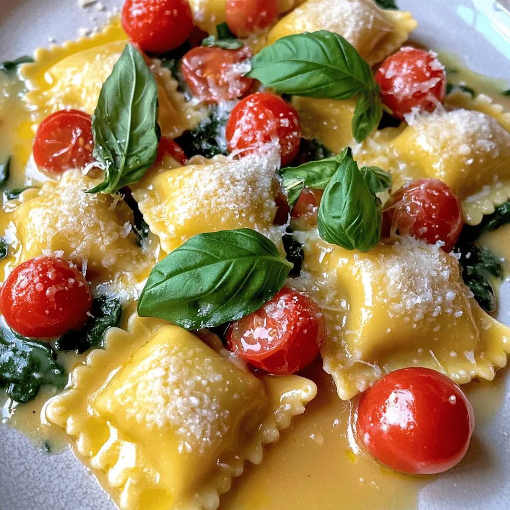 To make this dish, you will need a few key ingredients: - 12 oz refrigerated cheese ravioli - 1 tablespoon olive oil - 3 cloves garlic, minced - 1 cup cherry tomatoes, halved - 2 cups fresh spinach - 1 cup heavy cream - 1 teaspoon Italian seasoning - ¼ cup grated Parmesan cheese - Salt and pepper to taste - Fresh basil leaves for garnish These ingredients come together to create a creamy, rich sauce that hugs each ravioli. You can customize your ravioli dish by adding more flavors. Consider using: - Sun-dried tomatoes for a tangy kick - Cooked chicken or shrimp for protein - Mushrooms for an earthy flavor - Red pepper flakes for some heat - Fresh herbs like parsley or thyme for brightness Feel free to mix and match these options to suit your taste! Fresh ravioli offers a tender bite and rich flavor. It cooks quickly and absorbs the sauce well. Packaged ravioli is convenient and still tasty. Look for high-quality types at the store. If you use frozen ravioli, just adjust cooking time according to the package directions. Both types work well in this recipe, so choose what fits your schedule! For the complete cooking process, check the Full Recipe. First, cook the ravioli. Follow the package instructions until it's al dente. This usually takes about 3-5 minutes. Drain the ravioli and set it aside. Be sure to save a small cup of pasta water for later. This step helps keep the sauce smooth. Next, grab a large skillet and heat the olive oil over medium heat. Add minced garlic and sauté it for about 1 minute. You want it to smell great but not burn. After that, add the halved cherry tomatoes. Cook them for 3-4 minutes. They should soften and release their juices. Then, add the fresh spinach. Stir until it wilts, which takes about 2-3 minutes. Now, lower the heat and pour in the heavy cream. Stir well to mix everything. Add the Italian seasoning and Parmesan cheese. Season with salt and pepper to taste. If the sauce is too thick, add a bit of reserved pasta water until it’s just right. Finally, gently fold in the cooked ravioli. Make sure every piece is coated in the creamy sauce. Remove it from the heat and let it sit for a minute. This helps the sauce thicken a little. Serve hot, garnished with fresh basil leaves and extra Parmesan cheese if you like. For the full recipe, check out the detailed instructions. Enjoy your delicious Creamy Tuscan Ravioli! To make the best creamy sauce, use heavy cream. It gives a rich taste. Heat it slowly to avoid burning. Stir in Parmesan cheese for depth. Season well with salt and pepper. If the sauce is thick, add pasta water. This helps you reach the perfect consistency. Cook the ravioli first. This keeps them fresh and warm. While they cook, heat the oil in a skillet. Sauté garlic, then add tomatoes. This builds flavor step by step. After the tomatoes soften, add spinach. Wait until it wilts before adding the cream. Timing matters for the best taste. You can add extra ingredients to boost flavor. Try adding mushrooms or bell peppers. Fresh herbs like thyme or oregano work well. A splash of lemon juice can brighten the dish. You can also use different cheese types. Each choice adds a unique twist to your meal. For the full recipe, check the earlier section. {{image_2}} You can easily make a vegetarian version of this dish. First, use cheese ravioli. This keeps the flavor rich and tasty. You can add more veggies like zucchini or bell peppers. These options add color and crunch. Toss in some mushrooms for a nice, earthy taste. You can still enjoy the creamy sauce with these changes. If you want to add protein, chicken or shrimp works great. For chicken, use cooked, diced pieces. Sauté them in the skillet before adding garlic. For shrimp, add them after the garlic. Cook until they turn pink. Both options make the dish heartier and more filling. They blend well with the creamy sauce. For a dairy-free version, swap heavy cream with coconut milk or almond milk. These alternatives still give a creamy texture. Use vegan cheese instead of Parmesan for flavor. This way, you keep the dish rich without dairy. You won’t miss the creaminess with these changes. For the full recipe, check out the link above. To keep your creamy Tuscan ravioli fresh, store leftovers in an airtight container. Make sure to let them cool before sealing. This helps to avoid extra moisture. You can store them in the fridge for up to three days. If you notice any signs of spoilage, throw them away. When reheating, use a skillet for the best results. Add a splash of water or cream to help keep it creamy. Heat on low to avoid burning. Stir gently until heated through. This way, you keep that rich flavor and creamy texture intact. You can freeze creamy Tuscan ravioli for later. To do this, place the dish in a freezer-safe container. Make sure to leave some space at the top. You can freeze it for up to three months. When you're ready to eat, thaw in the fridge overnight and then reheat as mentioned above. This method ensures you still enjoy a delightful meal later on. Yes, you can use frozen ravioli. Just cook them according to the package instructions. They take a bit longer, so check the time. Frozen ravioli works well in this creamy dish. The taste remains great, and it saves time. If you want a lighter option, use half-and-half or whole milk. Coconut milk is a great dairy-free choice. For a richer flavor, try sour cream. Each option changes the taste slightly but keeps the creaminess. Creamy Tuscan Ravioli lasts about 3 to 5 days in the fridge. Store it in an airtight container. Make sure it cools down before sealing it. This keeps the flavors fresh and tasty. A light white wine pairs well with this meal. Try a Pinot Grigio or Sauvignon Blanc. These wines enhance the creamy sauce. They balance the rich flavors of the dish beautifully. You can find the full recipe for Creamy Tuscan Ravioli in the previous sections. It gives you all the details for cooking this delightful dish. Enjoy every step of this tasty journey! Creamy Tuscan Ravioli is a delightful dish you can make with fresh or packaged pasta. We discussed key ingredients, easy steps, and tips for the best results. You learned how to customize flavors, store leftovers, and even make vegetarian or dairy-free options. By following this guide, you can create a delicious meal everyone will love. Enjoy experimenting with flavors and making this recipe your own!