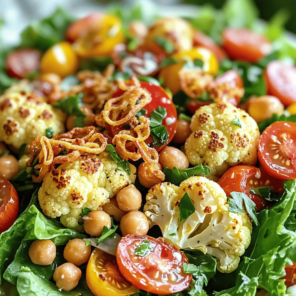 For this fresh and tasty salad, you need: - 1 medium head of cauliflower, cut into florets - 4 cups mixed greens (spinach, arugula, or romaine) - 1 cup cherry tomatoes, halved - 1 cup cooked chickpeas, drained and rinsed - 1/2 cup crispy shallots (can be store-bought or homemade) - Fresh parsley, chopped, for garnish Each of these fresh items plays a key role in flavor and nutrition. The cauliflower gives a nice crunch, while the greens add a fresh taste. The chickpeas provide protein, making the salad hearty. You also need some common pantry items: - 1/2 cup vegan mayonnaise - 2 tablespoons apple cider vinegar - 1 tablespoon Dijon mustard - Salt and pepper to taste These staples help create the creamy dressing. The vegan mayonnaise adds richness, while the vinegar and mustard offer a nice tang. This balance makes every bite delicious. If you want to switch things up, try these options: - Add sliced avocado for creaminess. - Toss in crispy bacon for extra flavor. - Use regular mayonnaise if you prefer. These garnishes and swaps let you customize the salad to your liking. Feel free to experiment and find your favorite version. For the full recipe, check out the [Full Recipe] section. First, preheat your oven to 425°F (220°C). This step is key for a great roast. Line a baking sheet with parchment paper for easy cleanup. Take your medium head of cauliflower and cut it into florets. Toss these florets in a bowl with a drizzle of olive oil, salt, and pepper. Spread them evenly on your baking sheet. Roast for about 20-25 minutes. You want them golden brown and tender. Halfway through, turn the florets for even cooking. Once they are done, let them cool for a bit. While the cauliflower roasts, let’s make the dressing. In a large mixing bowl, combine vegan mayonnaise, apple cider vinegar, and Dijon mustard. Add salt and pepper to taste. Whisk these ingredients together until smooth. This creamy dressing will add flavor to your salad. Taste it and adjust the seasoning if needed. Now it’s time to bring everything together. In the bowl with your dressing, add the mixed greens and cooked chickpeas. Toss gently to coat the greens well. Next, fold in the roasted cauliflower and halved cherry tomatoes. Be careful not to break the cauliflower florets. This step keeps your salad looking colorful and inviting. To finish, sprinkle crispy shallots on top for a nice crunch. Add fresh chopped parsley for a pop of color and flavor. You can serve the salad chilled or at room temperature. It makes a great side dish or a light main meal. Enjoy your BLT Cauliflower Salad! For the full recipe, check out the details above. Roasting cauliflower brings out its natural sweetness. For the best results, preheat your oven to 425°F (220°C). Cut the cauliflower into even florets. This helps them cook uniformly. Toss the florets lightly with olive oil, salt, and pepper. Spread them on a baking sheet lined with parchment paper. Roast for 20-25 minutes. Turn them halfway through cooking for even browning. The cauliflower should be golden and tender when done. A creamy dressing can elevate your salad. Use vegan mayonnaise as your base. It adds richness without dairy. Mix in apple cider vinegar for tang and Dijon mustard for depth. Adjust the salt and pepper to fit your taste. If you want it creamier, add a splash more vegan mayo. Blend well until smooth. This dressing will coat your greens beautifully. Fresh herbs make a big difference. Chopped parsley adds a bright flavor. You can also try fresh chives or basil for new tastes. Spices like garlic powder or smoked paprika add warmth. Sprinkle a pinch of each into your dressing or salad. These simple additions can enhance the overall flavor of your meal. Remember to taste as you go! Enjoy these tips while preparing your BLT Cauliflower Salad and check out the Full Recipe for more details. {{image_2}} If you love meat, you can add it to your salad. Cooked bacon pieces give a nice crunch and smoky taste. You can also use shredded chicken for a hearty touch. Try crispy prosciutto for a gourmet twist. These options enhance the salad without losing the classic BLT flavor. For a vegan twist, chickpeas are a great choice. They add protein and texture. You can also swap the vegan mayo for tahini or avocado. Both options keep the salad creamy and delicious. If you need a gluten-free option, just check the labels on your mayo and mustard. Get creative with your flavors! Add avocado for creaminess and healthy fats. You can also toss in pickles for a tangy kick. Try different herbs like basil or dill for a fresh note. A sprinkle of nutritional yeast can give a cheesy flavor without dairy. Each twist makes the salad unique and fun to eat. For the full recipe, check out the detailed instructions above. To keep your BLT cauliflower salad fresh, store it in the fridge. Place the salad in an airtight container. This helps keep the ingredients from wilting. Use the salad within three days for the best taste. If you notice any sogginess, remove the crispy shallots before storing. For the best results, use glass containers with tight-sealing lids. Glass keeps food fresh longer than plastic. It also does not absorb odors or stains. If you prefer plastic, choose BPA-free containers. These options guard against leaks and keep your salad crisp and tasty. If you want to enjoy warm cauliflower, reheat it separately. Use a microwave or oven. For the microwave, place it in a bowl and heat for 30 seconds. Stir and heat again if needed. In the oven, preheat to 350°F (175°C) and heat for about 10 minutes. Avoid reheating the mixed greens or the dressing; they taste best cold. Enjoy your salad as you like! You can find the full recipe [here](#). Yes, you can use frozen cauliflower. Just thaw it first. Drain any excess water. This will help keep the salad from getting soggy. Roasting frozen cauliflower is not recommended. It may become mushy instead of crispy. This salad lasts about three days in the fridge. Store it in an airtight container. The dressing may make the greens wilt over time, so enjoy it fresh. You can add many veggies to this salad. Try cucumbers for crunch or bell peppers for sweetness. You can also use radishes for a peppery bite or corn for a touch of sweetness. Get creative with your favorites! Yes, you can make a nut-free dressing easily. Simply use a store-bought nut-free mayonnaise. You can also mix olive oil, lemon juice, and herbs for a fresh taste. This keeps your salad tasty and safe for those with nut allergies. You can find the Full Recipe to get started on this delicious dish. In this blog post, we explored how to make a tasty BLT cauliflower salad. You learned about fresh ingredients, pantry staples, and optional garnishes. I shared step-by-step instructions for roasting cauliflower and making a creamy dressing. You also discovered tips and variations, plus how to store leftovers safely. Try this salad as a healthy option for any meal. Enjoy the mix of flavors and textures. Your cooking can be simple and fun, so get creative with your ingredients!