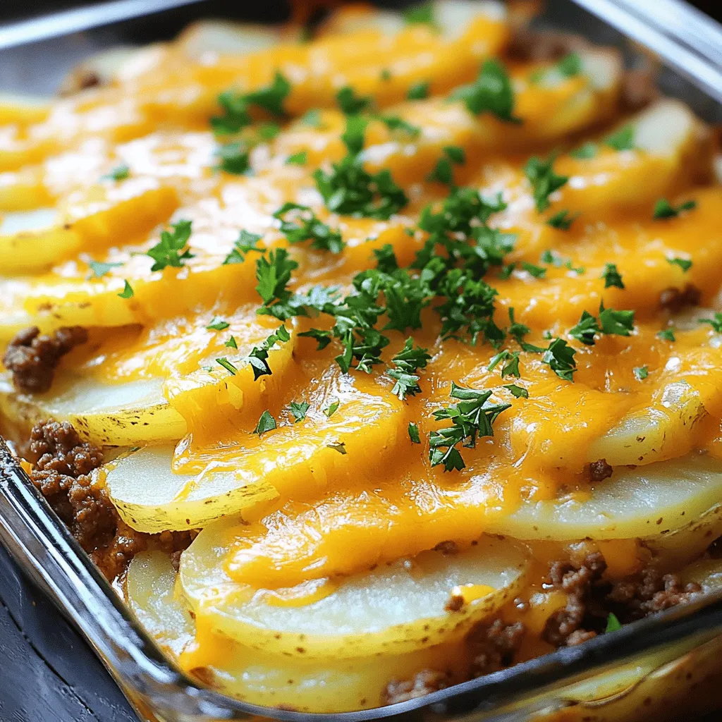 - 1 lb ground beef - 4 medium potatoes (peeled and thinly sliced) - 1 cup shredded cheddar cheese - 1 small onion (chopped) - 2 cloves garlic (minced) - 1 teaspoon paprika - 1 cup beef broth - 1 cup sour cream - 1 tablespoon olive oil The heart of any great Hamburger Potato Casserole lies in its ingredients. Start with 1 lb of ground beef. This gives your dish a rich, meaty base. Next, grab 4 medium potatoes, peeled and sliced thin. The potatoes soak up all the flavors. Then, you need 1 cup of shredded cheddar cheese. This cheese forms a gooey, delicious top layer. For added flavor, we have 1 small onion, chopped finely. It gives the dish a sweet, aromatic touch. Also, don’t forget 2 cloves of garlic, minced to perfection. Garlic adds a punch of flavor. You’ll also use 1 teaspoon of paprika. This spice brings warmth and depth to the casserole. Next, we have the liquid ingredients. You’ll need 1 cup of beef broth to keep everything moist. It also adds extra beefy flavor. Then, add 1 cup of sour cream. This makes the casserole creamy and rich. Lastly, use 1 tablespoon of olive oil. This helps to sauté the onions and garlic, bringing out their best qualities. With these ingredients, you are well on your way to making a satisfying meal. For the full recipe, check the details above! - Preheat oven to 375°F (190°C). - In a large skillet, heat 1 tablespoon of olive oil over medium heat. - Add 1 small chopped onion and 2 minced garlic cloves. Sauté until soft, about 3-4 minutes. - Add 1 pound of ground beef to the skillet. Cook until browned. - Drain excess grease from the beef. - In a bowl, mix the beef with 1 cup of sour cream, 1 cup of beef broth, 1 teaspoon of paprika, 1 teaspoon of salt, and 1/2 teaspoon of black pepper. Stir until well combined. - Grease a 9x13 inch baking dish. - Layer half of the sliced potatoes evenly on the bottom. - Pour half of the beef mixture over the potatoes. Spread it evenly. - Repeat with the remaining potatoes and beef mixture, finishing with a layer of potatoes on top. - Cover the dish with aluminum foil and bake for 45 minutes. - Remove the foil and sprinkle 1 cup of shredded cheddar cheese on top. - Bake for an additional 15-20 minutes, until potatoes are tender and cheese is bubbly. - Allow the casserole to cool for about 5 minutes before serving. - For a fresh touch, garnish with chopped parsley if you like. This hearty Hamburger Potato Casserole is simple and tasty. You can find the full recipe above. To get the best texture, use russet or Yukon Gold potatoes. These types hold their shape well and cook evenly. After baking, let the casserole rest for about five minutes. This helps it set and makes slicing easier. Always double-check your seasoning. Each palate is different, so adjust salt and spices to fit your taste. Keep an eye on cooking times to avoid overcooking. You want the potatoes to be tender but not mushy. I love serving this dish with a fresh side salad or warm garlic bread. Both add a nice contrast to the hearty casserole. Pair your meal with a light beverage, like iced tea or sparkling water, to balance the flavors. For the full recipe, check out the details above! {{image_2}} When you make Hamburger Potato Casserole, you can easily switch things up. First, let’s talk about ingredient substitutions. - Use ground turkey or chicken instead of beef. This makes it lighter. - Swap Greek yogurt for sour cream. It adds creaminess with less fat. Next, you can enhance your casserole with some tasty add-ins. - Try adding veggies like bell peppers or corn. They bring color and nutrition. - Top your casserole with different cheese, like Monterey Jack. This adds a fun twist. Lastly, let’s boost those flavors. - Add a splash of hot sauce or Worcestershire sauce for some heat. It makes every bite exciting. - Toss in herbs like thyme or rosemary. They add depth and aroma to the dish. For the full recipe, check out the [Full Recipe]. Enjoy making your casserole unique! After enjoying your Hamburger Potato Casserole, store leftovers in an airtight container. This keeps the flavors fresh. It’s best to eat the casserole within 3-4 days. If you wait too long, the taste may change. To freeze the casserole, let it cool completely first. Cut it into portions and wrap each piece tightly in plastic wrap. Place the wrapped portions in a freezer bag or container. This keeps them safe from freezer burn. When you want to eat it, take a portion out and let it thaw in the fridge overnight. The best way to reheat is in the oven. Preheat your oven to 350°F (175°C). Place the casserole in a baking dish and cover it with foil. Bake for about 20-30 minutes, or until heated through. This method keeps the texture from getting soggy. If you use a microwave, heat on medium power in short bursts. Stir between heats for even warming. This way, you get the best texture and taste. Yes, you can prep and assemble this dish ahead of time. Just store it in the fridge until you are ready to bake. This makes it easy for busy days. You can serve it with a side salad or some warm bread. These sides add freshness and balance to the meal. You can check for tender potatoes and bubbly cheese as signs. This means your casserole is cooked perfectly. Yes, you can skip the cheese if you want a dairy-free version. You can also use dairy alternatives if you prefer. To make it gluten-free, check all ingredients for gluten content. This includes the beef broth you use. You can use sausage, ground chicken, or meat substitutes. This gives you options to fit your taste or diet. This Hamburger Potato Casserole is a simple, hearty dish with rich flavors. We covered the key ingredients like ground beef, potatoes, and cheddar cheese. I shared step-by-step instructions to ensure your casserole turns out perfect every time. You can customize it with various add-ins and substitutions. Remember to let it sit before slicing for better results. Enjoy this meal with a salad or garlic bread for a complete dinner. With these tips, you’ll impress everyone at your table. Cooking should be fun and tasty, and this dish makes it easy!