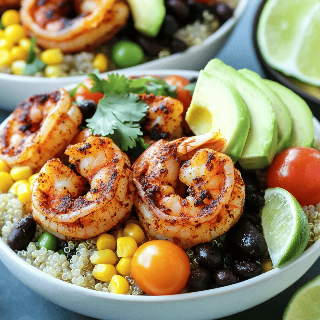 - 1 pound large shrimp, peeled and deveined - 2 tablespoons olive oil - 1 tablespoon smoked paprika - 1 teaspoon garlic powder - 1 teaspoon onion powder - 1/2 teaspoon cayenne pepper (adjust to taste) - 1/2 teaspoon ground black pepper - 1 teaspoon salt The heart of this dish is the shrimp. I love using large shrimp. They are juicy and tender. The olive oil helps the seasoning stick. The blackened seasoning gives each shrimp a bold flavor. You can adjust the cayenne for heat. I often keep it mild for kids. - 1 cup cooked quinoa - 1 cup black beans, drained and rinsed - 1 cup corn kernels (canned or frozen) The base of your bowl is key. Quinoa is a great choice because it is fluffy and filling. Black beans add protein and fiber. Corn brings sweetness and crunch. This trio makes a balanced meal. - 1 avocado, sliced - 1 cup cherry tomatoes, halved - Fresh cilantro, for garnish - Lime wedges, for serving Toppings add freshness. I love creamy avocado and sweet cherry tomatoes. They contrast the spicy shrimp. Fresh cilantro brightens the dish. Lime wedges bring a zesty kick. You can squeeze lime over everything for extra flavor. For the full recipe, check out the detailed steps. Enjoy making these Blackened Shrimp Bowls! Start by marinating the shrimp. In a medium bowl, mix the shrimp with olive oil, smoked paprika, garlic powder, onion powder, cayenne pepper, black pepper, and salt. Ensure every shrimp is coated well. Let them sit for 15-20 minutes. This wait helps the flavors mix. Next, prepare your pan. Heat a large skillet over high heat until it is very hot. A hot pan is key for great blackening. Now, it’s time for the shrimp to hit the pan. Add the marinated shrimp in a single layer. Cook without moving them for about 2-3 minutes. They should turn blackened and opaque. After that, flip the shrimp to cook the other side. Cook for another 2-3 minutes. Once both sides are blackened and cooked through, remove the shrimp from heat. Set them aside while you prepare the bowls. To assemble your bowls, start with a base of cooked quinoa. Spoon a scoop of black beans and corn on top. Make sure to spread them evenly for a lovely look. Then, layer the blackened shrimp on top. Add sliced avocado and halved cherry tomatoes for extra flavor and color. Finally, garnish each bowl with fresh cilantro. Serve with lime wedges on the side for a bright finish. Enjoy your Blackened Shrimp Bowls! For a detailed recipe, check the Full Recipe section. To get that deep, blackened crust on your shrimp, high heat is key. When your skillet is hot, it sears the shrimp quickly. This gives you that smoky flavor and crispy texture. Heat your pan until it’s almost smoking before adding the shrimp. Marination time also matters. For the best taste, let the shrimp sit in the spice mix for 15 to 20 minutes. This helps the flavors soak in and makes each bite more delicious. If you can’t find shrimp, try using chicken or fish. Both options work well with the same seasoning. You can also use tofu if you want a plant-based choice. Tofu absorbs flavors nicely and makes a great vegan alternative. Want to kick up the flavor? Add more spices! Try cumin or chili powder for a tasty twist. You can also mix in some fresh herbs like parsley or dill for added freshness. When it comes to sauces, consider a tangy yogurt sauce or a spicy aioli. Both can add creaminess and a burst of flavor to your bowls. For a zesty finish, squeeze some fresh lime juice on top before serving. For the full recipe, check out the Blackened Shrimp Bowls. {{image_2}} You can switch the shrimp for chicken or tofu. Chicken works well with the same spices. Just cut it into bite-sized pieces. Cook it until golden brown and fully cooked. Tofu is a great vegan option. Use firm tofu, and press it to remove extra water. Then, cut it into cubes. Coat it with the seasoning and cook it until crispy. If you prefer fish, try using salmon or tilapia. Both hold up nicely when cooked hot. Salmon has a richer taste, while tilapia is mild and flaky. Just adjust cooking times based on the thickness of the fish. For the bowl base, swap quinoa for rice or lettuce. White or brown rice gives a soft texture. Lettuce wraps add a fresh crunch and are low in carbs. You can also use cauliflower rice for a lighter option. Consider different beans, too. Black beans are great, but try pinto or chickpeas. They add protein and fiber. Mixing beans can also add new flavors and textures. Using seasonal vegetables makes your bowls even better. In spring, add asparagus or peas. Summer is perfect for bell peppers and zucchini. In fall, try roasted sweet potatoes or butternut squash. In winter, use hearty greens like kale or Swiss chard. Always adjust your ingredients based on what you find at the market. This keeps your bowls fresh and exciting. Plus, you support local farmers by choosing seasonal produce. To store leftovers, place them in an airtight container. Make sure to cool the shrimp and bowl components before sealing. This helps keep everything fresh. The shelf life of the shrimp is about three days. Other ingredients, like beans and quinoa, can last about four days in the fridge. The best way to reheat your blackened shrimp is on the stovetop. Heat a non-stick pan over medium heat. Add a splash of oil and cook the shrimp until warm. You can also use the microwave, but it may make the shrimp a bit rubbery. If you choose the microwave, heat in short bursts. Check often to avoid overcooking. You can freeze cooked shrimp for later use. Place them in a single layer on a baking sheet to freeze. Once frozen, transfer to a freezer bag. This keeps them from sticking together. You can freeze other bowl components too. Just make sure to pack each item separately. Cooked quinoa and beans freeze well and can last up to three months. Blackened seasoning is a blend of spices that makes food tasty and bold. It usually has smoked paprika, garlic powder, onion powder, cayenne pepper, black pepper, and salt. Each spice adds depth and warmth to the dish. This technique started in Louisiana, thanks to Chef Paul Prudhomme. He used high heat to create a charred crust. This crust locks in the flavors and gives a smoky taste. Yes, you can make Blackened Shrimp Bowls ahead of time. For meal prep, cook the shrimp and store it in the fridge. You can also prepare the quinoa, beans, and corn in advance. Keep each component in separate containers to maintain freshness. Pre-made bowls can last in the fridge for up to three days. Just add fresh toppings like avocado and tomatoes right before serving. You can serve various side dishes with Blackened Shrimp Bowls. A fresh green salad pairs well. You can also try coleslaw for a crunchy bite. For drinks, a cold beer or a refreshing lemonade works great. If you want something lighter, serve with iced tea or sparkling water. The spice level of blackened shrimp can vary. The cayenne pepper adds heat, but you control it. If you prefer less heat, reduce the cayenne. You can also use smoked paprika for flavor without extra spice. Adjusting the seasoning to your taste makes the dish enjoyable for everyone. We explored how to make delicious Blackened Shrimp Bowls. I covered key ingredients like shrimp, quinoa, and fresh toppings. You learned how to prepare and cook shrimp for maximum flavor. Remember to use high heat for that perfect blackened texture. Consider variations with different proteins and bowls. Don't forget about storage tips for leftovers and meal prep options. With these details, you can create a meal that's tasty and fun. Enjoy making this dish your own!