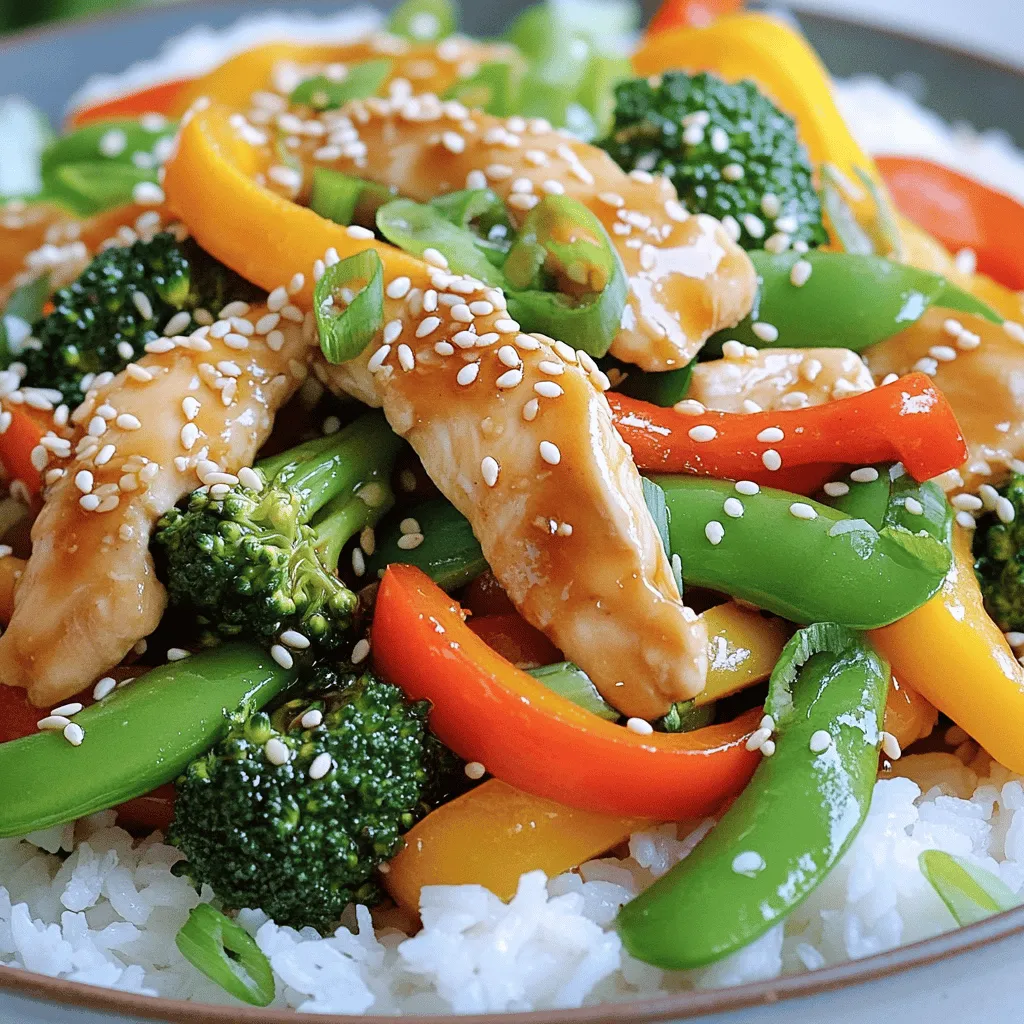 - 1 pound chicken breast, sliced into thin strips - 1 bell pepper (red or yellow), sliced - 1 cup broccoli florets - 1 carrot, julienned - 1 cup snap peas The chicken breast is the star of this dish. It cooks quickly and remains juicy. I prefer using boneless and skinless chicken for ease. You can slice it into thin strips for even cooking. The vegetables add color and crunch. Bell peppers bring sweetness, while broccoli adds a nice bite. Carrots and snap peas give the stir-fry a fresh feel. - 1/4 cup low-sodium soy sauce - 2 tablespoons honey - 1 tablespoon sesame oil - 3 cloves garlic, minced - 1 tablespoon ginger, grated These sauces create the teriyaki flavor. Low-sodium soy sauce keeps it savory without being too salty. Honey adds sweetness and helps the sauce stick to the chicken and veggies. Sesame oil gives a rich, nutty taste. Fresh garlic and ginger add depth to the flavor. - Sesame seeds - Chopped green onions Garnishes make your dish look great. A sprinkle of sesame seeds adds crunch. Chopped green onions give a fresh, green touch. These small details elevate your stir-fry. For the full recipe, check out the complete guide. - Slice the chicken breast into thin strips. This helps it cook evenly. - Slice the bell pepper, julienne the carrot, and cut the broccoli into florets. - Prepare the snap peas by trimming the ends. - Chop the green onions and set them aside for later. - In a small bowl, mix the soy sauce, honey, and sesame oil for the sauce. - Heat the vegetable oil in a large pan or wok over medium-high heat. - Add the chicken strips to the pan. Brown them for about 5-7 minutes until fully cooked. - Next, add the minced garlic and grated ginger. Stir for about 30 seconds until you smell the aroma. - Toss in the sliced bell pepper, broccoli florets, julienned carrot, and snap peas. Stir-fry for about 4-5 minutes until the veggies are bright and tender. - Pour the sauce mixture over the chicken and vegetables in the pan. - Bring the mixture to a simmer. Stir in the cornstarch-water mixture to thicken the sauce. - Cook for an additional 2-3 minutes. This allows the sauce to coat everything nicely. - Remove the pan from heat and toss in the chopped green onions. For the full recipe, check the earlier section. To ensure your chicken is cooked through, slice it thinly. Thin strips cook faster and stay juicy. Cook until the chicken reaches a safe internal temperature of 165°F. Use a meat thermometer for accuracy. Maintaining crispness in vegetables keeps your stir-fry vibrant. Add vegetables to the pan in stages. Start with the ones that cook longer, like broccoli and carrots. Add quick-cooking ones, like snap peas and bell peppers, later. Stir-fry them for just 4-5 minutes. This keeps them crisp and colorful. For a complete meal, serve your stir-fry over rice or quinoa. Both absorb the sauce well and add texture. You can also use cauliflower rice for a low-carb option. Garnishing techniques can elevate your dish. A sprinkle of sesame seeds adds crunch. Add chopped green onions for a pop of color and flavor. Arrange everything neatly for an appealing look. Overcooking vegetables is a common mistake. This can turn them mushy and dull. Stir-fry until they are bright and tender but still firm. Using too much soy sauce can make your dish salty. Stick to the recommended amount in the Full Recipe. You can always adjust later if needed. Balancing flavors is key to a delicious stir-fry. {{image_2}} You can switch chicken for other proteins. Tofu is a great choice for a plant-based option. It absorbs flavors well and adds nice texture. Just press the tofu to remove excess water, then cut it into cubes. Cook it until golden brown for the best taste. Beef is another option. Use thinly sliced flank steak for a rich flavor. Cook it quickly over high heat for a tender bite. You can also try using shrimp for a twist. Shrimp cooks fast and adds a light, sweet note to your stir-fry. Feel free to mix up your veggies. Bok choy works wonderfully in this dish. It adds crunch and a mild flavor. Snow peas are another tasty option. They stay crisp and sweet when cooked quickly. Mushrooms add an earthy flavor. Use shiitake or button mushrooms for a nice depth. Just slice them and toss them in with the other veggies. They will soak up the sauce and add richness. You can adjust the sauce to suit your taste. If you want it sweeter, try maple syrup or agave instead of honey. These options give a unique twist to the sauce. For those who like spice, add sriracha to the mix. It brings heat and flavor. Start with a small amount and adjust to your liking. This makes your Teriyaki Chicken Stir-Fry even more exciting! For the full recipe, check out the details above. To keep your teriyaki chicken stir-fry fresh, store leftovers in an airtight container. This helps lock in flavor and moisture. The dish will last in the fridge for about three to four days. Make sure to cool it to room temperature before sealing it up. This step prevents condensation, which can make it soggy. Yes, you can freeze the stir-fry! Simply place it in a freezer-safe bag or container. It will stay good for about two to three months. When you're ready to eat, thaw it overnight in the fridge. For reheating, warm it in a pan over medium heat. Stir occasionally to ensure even heating. If needed, add a splash of water or soy sauce to maintain moisture. Prep your ingredients ahead of time for a quick meal! Slice the chicken and chop all vegetables, then store them separately. This way, everything is ready when you want to cook. For best results, keep sauces in a separate container until you're ready to stir-fry. This keeps the flavors fresh and vibrant. To make Teriyaki Chicken Stir-Fry from scratch, gather your essential ingredients. You need: - 1 pound chicken breast, sliced into thin strips - 2 tablespoons vegetable oil - 1 bell pepper (red or yellow), sliced - 1 cup broccoli florets - 1 carrot, julienned - 1 cup snap peas - 3 green onions, chopped - 3 cloves garlic, minced - 1 tablespoon ginger, grated - 1/4 cup low-sodium soy sauce - 2 tablespoons honey - 1 tablespoon sesame oil - 1 teaspoon cornstarch mixed with 1 tablespoon water (for thickening) - Sesame seeds for garnish Start by heating vegetable oil in a pan. Cook the chicken until golden brown. Next, add garlic and ginger, stirring until fragrant. Toss in the vegetables and stir-fry them. Finally, mix soy sauce, honey, and sesame oil. Pour this over the chicken and veggies. Use the cornstarch mixture to thicken the sauce. Yes, you can make this recipe gluten-free. Use tamari instead of soy sauce. Tamari is a gluten-free soy sauce. Many brands offer this option. You can also use coconut aminos as a soy sauce alternative. Just check labels for gluten-free options. For the best flavor and texture, I recommend these vegetables: - Bell peppers - Broccoli - Carrots - Snap peas These veggies add crunch and color. Feel free to experiment with others, like bok choy or zucchini. They can also work great in this dish. Teriyaki Chicken Stir-Fry cooks quickly. It takes about: - 15 minutes for prep - 15 minutes for cooking In total, you can have this meal ready in 30 minutes. This dish serves four people, making it perfect for a family dinner. Yes, this recipe is great for meal prep. You can chop the chicken and vegetables ahead of time. Store them in the fridge until you’re ready to cook. This dish stays fresh for up to four days in the fridge. You can also freeze it for longer storage. Just reheat before serving. For the complete recipe, check the Full Recipe above. This blog post covered how to make a tasty Teriyaki Chicken Stir-Fry. We discussed the main ingredients like chicken, veggies, and sauces. You learned step-by-step instructions for preparation and cooking. Tips helped ensure your dish is just right, while variations inspired creativity. Finally, storage info and FAQs support your cooking journey. In the end, making this dish is simple and fun. Enjoying good food with family or friends makes it all worthwhile. Get cooking and make it yours!