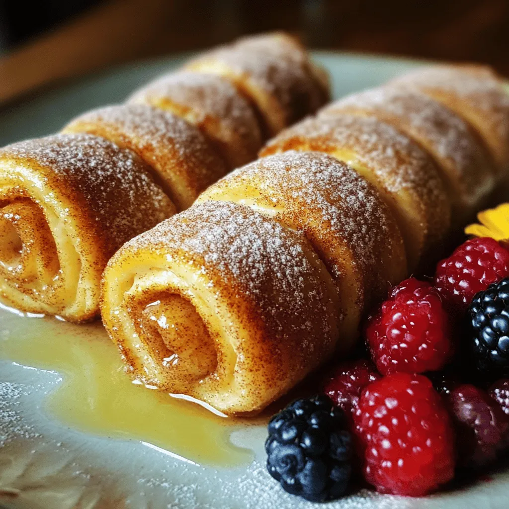 Let's gather our key ingredients for these delicious Cinnamon Sugar French Toast Roll-Ups. Here's what you'll need: - 6 slices of bread (white or whole grain) - 3 large eggs - 1/4 cup milk (or non-dairy alternative) - 1 tsp vanilla extract - 1 tsp ground cinnamon - 1/2 cup sugar - 4 tablespoons butter - Optional fillings: Nutella or cream cheese - Optional toppings: Fresh berries Each ingredient plays a special role in making these roll-ups tasty. The bread is the base, providing a fluffy texture. Eggs and milk create a rich custard that soaks into the bread. Cinnamon and sugar give the roll-ups their sweet, warm flavor. Butter helps them brown and adds a nice crisp. Feel free to get creative with fillings. Nutella adds a chocolatey twist, while cream cheese gives a creamy touch. Fresh berries on top add a burst of color and flavor. You can find the full recipe for these roll-ups above. To start, take six slices of your chosen bread. I like to use white or whole grain. Use a rolling pin to flatten each slice. Flattening makes them easy to roll. If you want, you can remove the crusts for a smoother bite. This step is optional but fun. Next, grab a shallow bowl. In it, combine three large eggs, a quarter cup of milk, one teaspoon of vanilla extract, and one teaspoon of ground cinnamon. Whisk these ingredients together until they blend well. This mixture makes the toast flavorful and rich. Now it’s time to assemble. Dip each roll-up into the egg mixture. Make sure every part gets coated. Let the excess drip off. In a large skillet, melt one tablespoon of butter over medium heat. Place two to three roll-ups in the skillet. Cook them for two to three minutes on each side. You want them golden brown. Repeat this with the rest of the roll-ups, adding more butter as needed. While they’re still warm, roll each in a cinnamon sugar mix until fully coated. You can find the full recipe earlier for more details. Enjoy these warm with fresh berries if you like! To roll your French toast without breaking, start with thin slices of bread. A rolling pin helps flatten the bread evenly. Remove crusts for a smooth roll if you like. When you roll, start at one end and keep it tight. This helps the roll hold its shape. For a crispy exterior, use a hot skillet. Adding more butter adds flavor and crunch. Keep your skillet on medium heat. Too high, and the outside burns while the inside stays raw. Too low, and you’ll lose that golden color. To know when to flip, look for a golden brown color on the bottom. Gently lift the roll-up with a spatula. If it moves easily, it’s time to flip. For fun fillings, try peanut butter or jam. You can also add sliced bananas or apples for a fruity twist. To make it vegan, swap eggs with flax eggs and use non-dairy milk. For gluten-free options, choose gluten-free bread. These simple swaps keep your roll-ups tasty and fun. Check the Full Recipe for all the details! {{image_2}} You can make these roll-ups even better with Nutella or cream cheese. To do this, spread a thin layer on one side of each bread slice. This adds a rich, creamy taste that makes each bite special. After spreading the filling, roll the bread tightly. The filling melts and mixes beautifully with the cinnamon sugar. Want to jazz up your roll-ups? Think about adding different spices. You can mix in nutmeg or cardamom for a warm taste. A splash of almond extract gives a nice twist too. For a fruity hint, try adding orange or lemon zest. These small changes can make your roll-ups unique and exciting. While white and whole grain bread work well, you can try other types too. Brioche or challah adds a rich flavor and soft texture. Gluten-free bread is a great option if you need it. Each type of bread brings its own taste, so feel free to experiment. To keep your cinnamon sugar French toast roll-ups fresh, store them in the fridge. Place them in an airtight container. They will last for about three days. If you want to save them longer, freezing is an option. Wrap each roll-up tightly in plastic wrap. Then, place them in a freezer bag. They can stay frozen for up to two months. When it's time to enjoy leftover roll-ups, reheating is key. You can use an oven for the best results. Preheat your oven to 350°F (175°C). Place the roll-ups on a baking sheet and cover them with foil. Heat for about 10-15 minutes. This method keeps them warm and crispy. You can also use a microwave for a quick fix. Place a roll-up on a plate and cover it with a damp paper towel. Heat for 20-30 seconds. However, this may make them a bit softer. Enjoy your roll-ups warm, and they will taste just as good as when you first made them! To make Cinnamon Sugar French Toast Roll-Ups vegan, swap out the eggs and milk. Use a plant-based milk like almond or soy. Instead of eggs, use a flaxseed or chia seed mixture. Combine 1 tablespoon of ground flaxseed or chia seeds with 2.5 tablespoons of water. Let it sit for 5 minutes to thicken. This will help bind the roll-ups without eggs. You can also use vegan butter for frying. Yes, stale bread works well for this recipe. It absorbs the egg mixture better. Fresh bread can become too mushy. Stale bread gives a nice, chewy texture. Just make sure it’s not moldy. If the bread is very hard, you may want to soak it in the egg mixture a bit longer. To add more sweetness, consider extra toppings. Maple syrup is a classic choice. You can drizzle it over the roll-ups before serving. Whipped cream also adds a nice touch. For a fun twist, sprinkle powdered sugar on top. Fresh berries can add sweetness and color too. This blog post covered the ingredients and steps needed to make delicious French toast roll-ups. You learned to prepare the right egg mixture, cook the roll-ups, and explore variations like Nutella filling. Remember to use tips for perfecting the texture and making it vegan or gluten-free. Impress friends and family with this fun dish. Enjoy your time in the kitchen and share your tasty roll-ups!