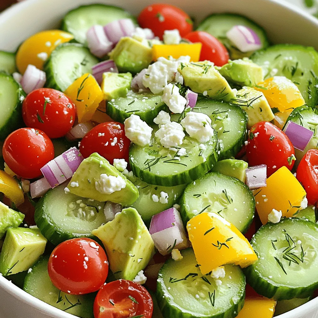 - 2 large cucumbers - 1 cup cherry tomatoes - 1/2 cup bell peppers - 1/4 cup red onion - 1 avocado - 1/3 cup feta cheese - 1/4 cup plain Greek yogurt - 2 tablespoons fresh lemon juice - 1 tablespoon olive oil - Salt and pepper - Fresh dill or parsley The base of this cucumber snack bowl is all about fresh, crisp veggies. You need two large cucumbers, sliced into rounds. They add a cool crunch to the bowl. Cherry tomatoes bring a juicy pop of flavor. Use one cup, halved for bite-sized pieces. Bell peppers add sweetness; half a cup is perfect. A quarter cup of finely chopped red onion gives a nice bite. The avocado adds a creamy texture; just dice one. For pantry staples, feta cheese brings a salty kick. Crumble about one-third cup into the mix. The Greek yogurt adds creaminess and tang. You need a quarter cup of it, plus two tablespoons of fresh lemon juice for brightness. A tablespoon of olive oil helps to bind it all together. Season with salt and pepper to taste. Finally, fresh dill or parsley makes a lovely garnish. It adds color and a fresh aroma. Each ingredient plays a role in creating a crisp and flavorful delight. The mix of textures and flavors ensures every bite is satisfying. For the complete recipe, check out the Full Recipe. - Slice cucumbers into rounds. - Place them into a large bowl. Cucumbers are the star of this dish. Their crunch adds a nice texture. I like to use fresh, firm cucumbers. This helps keep the snack bowl crisp. - Add cherry tomatoes, bell peppers, and red onion. - Toss gently to combine. Cherry tomatoes bring sweetness. Bell peppers add color and crunch. The red onion gives a little bite. Combining these veggies makes a vibrant mix. - Mix Greek yogurt, lemon juice, and olive oil. - Season with salt and pepper. This dressing is creamy and tangy. Greek yogurt gives it a nice thickness. Lemon juice brightens up the flavors. Adjust the salt and pepper to your taste. - Drizzle dressing over the vegetable mixture. - Fold in diced avocado and feta cheese. Pouring the dressing over the veggies adds flavor. Gently fold in avocado and feta. This makes the snack bowl even more filling and tasty. - Transfer to serving dish. - Garnish with dill or parsley. Serving it in a nice dish makes it look great. Fresh herbs like dill or parsley add a pop of color. They also bring a fresh taste to the bowl. Enjoy your delicious Cucumber Snack Bowl! For the full recipe, check the recipe section. To get crispier cucumbers, chill them before slicing. Cold cucumbers taste fresh and crunchy. Place them in the fridge for at least 30 minutes. This simple trick makes a big difference in texture. Adjust the seasoning to suit your taste. Start with salt and pepper, then taste the dressing. You can add more lemon juice for brightness or more yogurt for creaminess. This allows you to create a dressing that you love. Use the cucumber snack bowl as a side dish or a light meal. It pairs well with grilled chicken or fish. You can also serve it with pita bread for a fun twist. This bowl is perfect for any occasion, from picnics to dinner parties. Enjoy each crunchy bite! {{image_2}} You can make your cucumber snack bowl even better by adding olives or capers. These ingredients add a salty and tangy kick. Green olives work well, giving a nice briny taste. Capers also add a burst of flavor that pairs nicely with the fresh veggies. Just toss in a handful of either before mixing everything together. You will love this extra layer of taste! If you want to switch things up, try using balsamic vinaigrette instead of yogurt dressing. Balsamic has a sweet and tangy flavor that complements the fresh ingredients. It also adds a rich color to your bowl. Just drizzle it over the veggies and toss gently. This option is great if you want a lighter, dairy-free choice. Incorporating seasonal vegetables can give your cucumber snack bowl a fun twist. In spring, try adding radishes for a crunchy bite. Summer is perfect for sweet corn or zucchini. In fall, consider using roasted squash or beets. These changes keep your snack bowl exciting and fresh. You can enjoy new flavors all year round! Cucumbers are a great choice for snacks. They are low in calories and high in water content. Each cucumber has about 95% water, which helps keep you hydrated. This makes cucumbers a smart option for weight loss. They also have vitamins and minerals, including vitamin K and potassium. Eating cucumbers can help support your skin and heart health. Their crunchy texture adds a refreshing bite to any dish. This snack bowl includes tomatoes, avocados, and feta cheese. Each of these ingredients brings unique health benefits. - Tomatoes: They are rich in antioxidants like lycopene. This compound may help reduce the risk of heart disease. Tomatoes also provide vitamin C and potassium. - Avocados: They are full of healthy fats that help your heart. Avocados offer vitamins E and K, which are great for your skin. They also help you feel full longer. - Feta Cheese: This cheese adds a creamy texture and flavor. It also provides protein and calcium, which are good for bones. In this recipe, these ingredients work together to create a flavorful and nutritious snack. For a balanced snack, aim for one serving of this dish. This snack bowl serves four, so share it with friends or family. Each serving gives you a mix of veggies, healthy fats, and protein. This makes it satisfying and good for your body. Enjoy it as a light meal or a side dish at lunch or dinner. Remember to listen to your body and stop when you feel full. To make the Cucumber Snack Bowl vegan, swap out the feta cheese and Greek yogurt. Use a plant-based yogurt for the dressing. For the cheese, try crumbled tofu or a nut-based cheese. This keeps the dish creamy and tasty while being vegan-friendly. Yes, you can prep the snack bowl in advance! Slice cucumbers and other veggies, but keep them separate until serving. This helps them stay crisp. Make the dressing ahead, too. Just store it in the fridge. Combine everything just before serving for the best taste. The Cucumber Snack Bowl pairs well with many dishes. Consider serving it with whole grain pita, hummus, or grilled chicken. You can also add some sliced olives or nuts for extra flavor. These sides make your meal more filling and fun! Absolutely! You can use different cucumber types. Persian cucumbers are smaller and sweeter. English cucumbers are longer and have fewer seeds. Both work great in this snack bowl. Just pick what you like best for your flavor and texture! This post covered how to make a tasty Cucumber Snack Bowl with fresh and pantry ingredients. We listed key ingredients, shared easy steps to prepare and assemble the bowl, and offered tips for a tasty experience. Remember, you can customize it with extra flavors or seasonal veggies. Enjoy this healthy snack alone or as a side. With these tips, you're ready to create and share a delicious treat effortlessly.