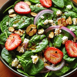 - 4 cups fresh spinach, washed and dried - 1 cup strawberries, hulled and sliced - 1/2 cup crumbled feta cheese - 1/4 cup sliced almonds, toasted - 1/4 cup red onion, thinly sliced Fresh ingredients make this salad shine. Spinach gives a crisp base. Strawberries add a sweet touch. Feta cheese brings a salty flavor. Sliced almonds add crunch and texture. Red onion gives a little bite. You can adjust these ingredients based on your taste. - 2 tablespoons balsamic vinegar - 2 tablespoons olive oil - Salt and pepper to taste The dressing is simple yet flavorful. Balsamic vinegar offers tanginess. Olive oil adds richness. A pinch of salt and pepper enhances all the flavors. This dressing pulls the salad together. - Tips for Freshness: Always use fresh, bright spinach. Look for firm strawberries. Store them properly to keep them fresh longer. - Alternative Cheese Options: If you don’t have feta, try goat cheese. Aged cheddar or even cottage cheese work too. - Nut Free Adjustments: Leave out the almonds if you have nut allergies. You can add seeds for crunch instead, like sunflower seeds. By keeping these tips in mind, you can make this salad your own. The recipe is flexible and fun to modify. For the complete recipe, check out the Spinach Strawberry Bliss Salad. Combining Spinach and Strawberries Start with a large salad bowl. Add 4 cups of fresh spinach that you washed and dried. Then, toss in 1 cup of hulled and sliced strawberries. The sweet strawberries pair well with the green spinach. Adding Cheese and Nuts Next, sprinkle in 1/2 cup of crumbled feta cheese. This adds a creamy touch. Then, add 1/4 cup of sliced almonds that you toasted for extra crunch. This mix makes the salad tasty and fun. Whisking Ingredients Together In a small bowl, combine 2 tablespoons of balsamic vinegar and 2 tablespoons of olive oil. These two ingredients make a great dressing. Use a whisk to mix them well. Add salt and pepper for taste. This dressing brings all the flavors together. Flavor Adjustments Taste the dressing. You can add more vinegar for tang or more olive oil for richness. Adjust until it feels just right for you. Proper Tossing Techniques Drizzle the dressing over the salad base. Gently toss everything together with two large spoons. Make sure every leaf of spinach and strawberry slice gets coated. This helps the flavors mix well. Serving Suggestions Top the salad with thinly sliced red onion for extra flavor and crunch. Serve it right away for the best taste. If you want a cool treat, chill it for 15 minutes before serving. Enjoy this fresh and vibrant salad as a side or a light meal. For the full recipe, check out the Spinach Strawberry Bliss Salad. Choosing Quality Produce When picking spinach, look for bright green leaves. Avoid any yellowing or wilting. Fresh spinach should feel crisp and firm. If you can, buy organic to avoid pesticides. Washing and Drying Techniques To wash spinach, fill a bowl with cold water. Submerge the leaves and swirl gently. This helps remove dirt and grit. After washing, use a salad spinner to dry the leaves well. Dry spinach prevents soggy salads. Additional Herbs and Spices Add fresh herbs like basil or mint for extra flavor. A sprinkle of black pepper can enhance the taste, too. If you want heat, a pinch of red pepper flakes works well. Balancing Sweet and Salty This salad shines with a balance of sweet and salty. The strawberries bring sweetness. The feta cheese adds a salty kick. Adjust the amount of cheese to find your perfect balance. Prepping Ingredients Ahead You can wash and dry spinach the day before. Slice strawberries in advance and keep them in the fridge. This prep saves time when you’re ready to make the salad. Quick Mixing Techniques For quick mixing, use a large bowl. Toss the salad gently to avoid bruising the spinach. A pair of tongs can make tossing easier and more fun! Don’t forget to drizzle the dressing slowly for even coverage. For the full recipe, check out the Spinach Strawberry Bliss Salad. Enjoy creating this fresh and flavorful dish! {{image_2}} Adding seasonal fruits can enhance your spinach strawberry salad. In spring, try fresh peaches or blueberries. In summer, add juicy watermelon or ripe nectarines. In fall, sliced apples or pears work well. Each fruit adds unique flavors and textures. You can also incorporate grains. Quinoa or farro boost the nutrition of your salad. These grains add a chewy texture, making your dish heartier. Just cook the grains ahead of time, then mix them in with the spinach and strawberries. Honey mustard vinaigrette is a fantastic choice. It blends sweet and tangy flavors perfectly. Simply mix honey, mustard, olive oil, and a splash of vinegar. This dressing brightens the salad and brings all the flavors together. If you prefer a creamy option, try creamy avocado dressing. Blend ripe avocado with lime juice, garlic, and a bit of water. This dressing adds a rich, smooth texture that pairs well with spinach and strawberries. For more substance, grilled chicken is a great option. It adds a savory element to the salad. Simply grill or sauté the chicken, slice it, and mix it in. If you want a vegetarian option, add chickpeas. They provide protein and fiber. Rinse canned chickpeas and toss them into the salad. This choice keeps your dish filling and healthy. For the full recipe, check out the Spinach Strawberry Bliss Salad. It’s a delightful mix of flavors! To keep your spinach strawberry salad fresh, store it in the fridge. Use airtight containers. This will help keep the flavors bright and the textures crisp. - Refrigeration Guidelines: Place the salad in the fridge within two hours of making it. It will stay good for about 2-3 days. Check for any signs of spoilage before eating. - Best Containers for Salad: Glass containers are great for storage. They don’t absorb odors or stains. You can also use plastic containers, but make sure they seal tightly. To prevent your salad from wilting, follow some simple tips. Keep the dressing separate until you are ready to serve. This will help maintain the crispness of the spinach and strawberries. - Techniques for Preventing Wilt: Store spinach wrapped in a damp paper towel. This keeps it hydrated. Avoid washing strawberries until you are ready to eat them. Moisture can cause them to spoil quickly. - How Long Ingredients Last: Fresh spinach lasts about 5-7 days in the fridge. Strawberries should be eaten within 3-5 days for the best taste. Feta cheese can last around a week once opened. If you have leftovers, serve them cold. Reheating a salad can ruin its texture. Instead, get creative with how to use your leftovers. - Best Practices for Reheating: If you must use the salad in a warm dish, consider adding it to soups or grain bowls. Just be cautious not to overheat it. - Creative Ways to Use Leftovers: Toss the salad into a wrap for lunch. You can also blend it into a smoothie for a nutritious snack. This way, you enjoy all the flavors without waste. For the complete experience, refer to the Full Recipe for making this delightful dish. If you need a feta substitute, try these options: - Vegan Cheese Options You can use crumbled vegan cheese. Look for options made from nuts or soy. These cheeses have similar textures but are dairy-free. - Other Cheese Alternatives Goat cheese also works well. It has a tangy taste similar to feta. You can also try ricotta for a creamier feel. Yes, you can prepare the salad ahead of time. Here are some tips: - Preparation Tips for Next-Day Serving Chop your veggies and fruits a day early. Keep them separate from the dressing. Mix everything just before serving. This keeps your salad fresh and crunchy. To keep your spinach fresh, follow these tips: - Best Storage Conditions Store your salad in a sealed container. Use a paper towel inside to absorb moisture. This helps prevent wilting. - Herb and Citrus Tips Add fresh herbs like basil or mint for extra flavor. Squeeze a bit of lemon juice over the salad for brightness. This can also help keep the spinach crisp. For more details on making the perfect Spinach Strawberry Salad, check out the Full Recipe. This blog post covers how to make a fresh spinach salad with strawberries and feta cheese. You learned about the key ingredients, tips for freshness, and how to create a tasty dressing. I provided methods for tossing your salad and suggestions for storage. Plus, I shared fun variations and answers to common questions. The right ingredients and techniques make a big difference. Enjoy your fresh salad, and let your creativity shine with every bite!