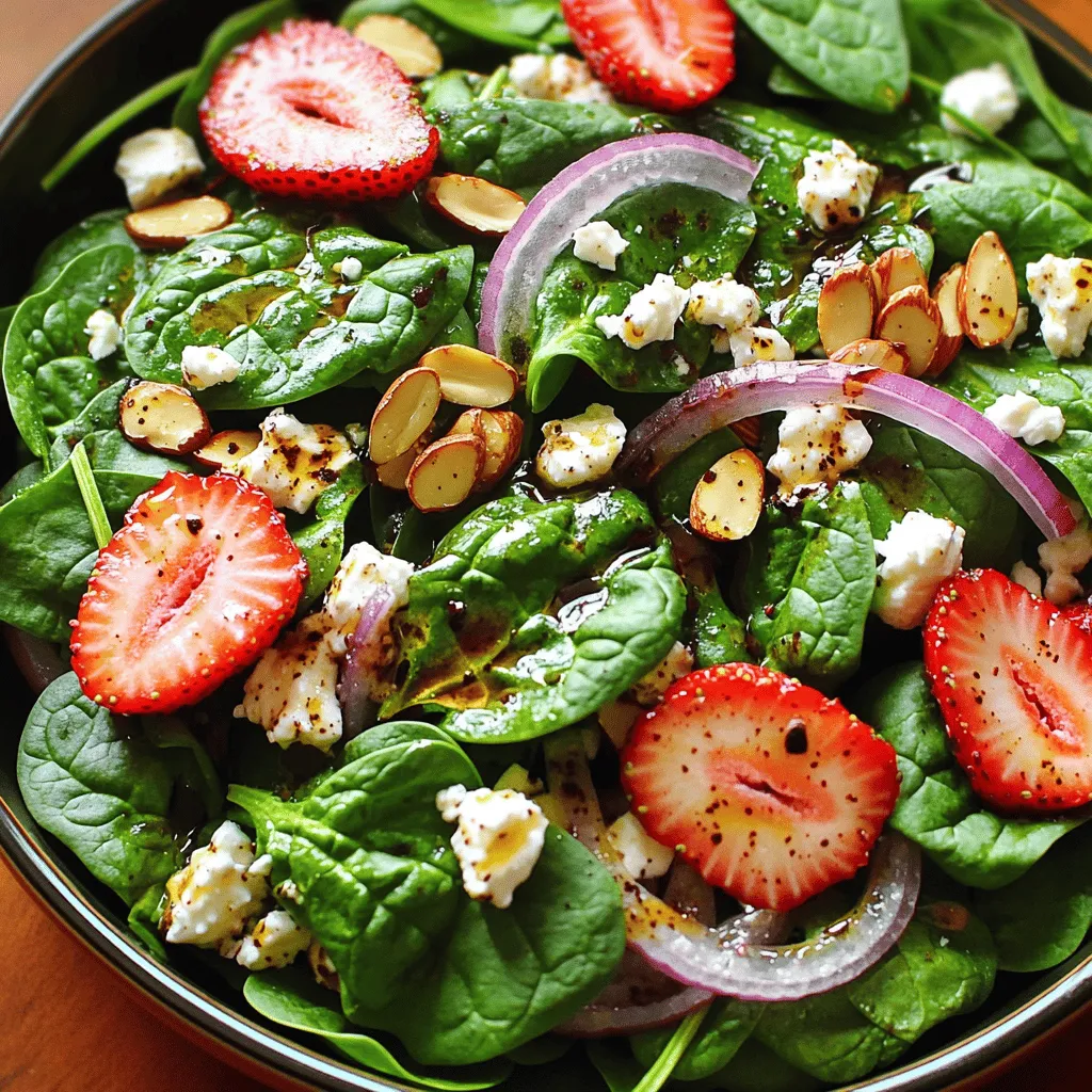 - 4 cups fresh spinach, washed and dried - 1 cup strawberries, hulled and sliced - 1/2 cup crumbled feta cheese - 1/4 cup sliced almonds, toasted - 1/4 cup red onion, thinly sliced Fresh ingredients make this salad shine. Spinach gives a crisp base. Strawberries add a sweet touch. Feta cheese brings a salty flavor. Sliced almonds add crunch and texture. Red onion gives a little bite. You can adjust these ingredients based on your taste. - 2 tablespoons balsamic vinegar - 2 tablespoons olive oil - Salt and pepper to taste The dressing is simple yet flavorful. Balsamic vinegar offers tanginess. Olive oil adds richness. A pinch of salt and pepper enhances all the flavors. This dressing pulls the salad together. - Tips for Freshness: Always use fresh, bright spinach. Look for firm strawberries. Store them properly to keep them fresh longer. - Alternative Cheese Options: If you don’t have feta, try goat cheese. Aged cheddar or even cottage cheese work too. - Nut Free Adjustments: Leave out the almonds if you have nut allergies. You can add seeds for crunch instead, like sunflower seeds. By keeping these tips in mind, you can make this salad your own. The recipe is flexible and fun to modify. For the complete recipe, check out the Spinach Strawberry Bliss Salad. Combining Spinach and Strawberries Start with a large salad bowl. Add 4 cups of fresh spinach that you washed and dried. Then, toss in 1 cup of hulled and sliced strawberries. The sweet strawberries pair well with the green spinach. Adding Cheese and Nuts Next, sprinkle in 1/2 cup of crumbled feta cheese. This adds a creamy touch. Then, add 1/4 cup of sliced almonds that you toasted for extra crunch. This mix makes the salad tasty and fun. Whisking Ingredients Together In a small bowl, combine 2 tablespoons of balsamic vinegar and 2 tablespoons of olive oil. These two ingredients make a great dressing. Use a whisk to mix them well. Add salt and pepper for taste. This dressing brings all the flavors together. Flavor Adjustments Taste the dressing. You can add more vinegar for tang or more olive oil for richness. Adjust until it feels just right for you. Proper Tossing Techniques Drizzle the dressing over the salad base. Gently toss everything together with two large spoons. Make sure every leaf of spinach and strawberry slice gets coated. This helps the flavors mix well. Serving Suggestions Top the salad with thinly sliced red onion for extra flavor and crunch. Serve it right away for the best taste. If you want a cool treat, chill it for 15 minutes before serving. Enjoy this fresh and vibrant salad as a side or a light meal. For the full recipe, check out the Spinach Strawberry Bliss Salad. Choosing Quality Produce When picking spinach, look for bright green leaves. Avoid any yellowing or wilting. Fresh spinach should feel crisp and firm. If you can, buy organic to avoid pesticides. Washing and Drying Techniques To wash spinach, fill a bowl with cold water. Submerge the leaves and swirl gently. This helps remove dirt and grit. After washing, use a salad spinner to dry the leaves well. Dry spinach prevents soggy salads. Additional Herbs and Spices Add fresh herbs like basil or mint for extra flavor. A sprinkle of black pepper can enhance the taste, too. If you want heat, a pinch of red pepper flakes works well. Balancing Sweet and Salty This salad shines with a balance of sweet and salty. The strawberries bring sweetness. The feta cheese adds a salty kick. Adjust the amount of cheese to find your perfect balance. Prepping Ingredients Ahead You can wash and dry spinach the day before. Slice strawberries in advance and keep them in the fridge. This prep saves time when you’re ready to make the salad. Quick Mixing Techniques For quick mixing, use a large bowl. Toss the salad gently to avoid bruising the spinach. A pair of tongs can make tossing easier and more fun! Don’t forget to drizzle the dressing slowly for even coverage. For the full recipe, check out the Spinach Strawberry Bliss Salad. Enjoy creating this fresh and flavorful dish! {{image_2}} Adding seasonal fruits can enhance your spinach strawberry salad. In spring, try fresh peaches or blueberries. In summer, add juicy watermelon or ripe nectarines. In fall, sliced apples or pears work well. Each fruit adds unique flavors and textures. You can also incorporate grains. Quinoa or farro boost the nutrition of your salad. These grains add a chewy texture, making your dish heartier. Just cook the grains ahead of time, then mix them in with the spinach and strawberries. Honey mustard vinaigrette is a fantastic choice. It blends sweet and tangy flavors perfectly. Simply mix honey, mustard, olive oil, and a splash of vinegar. This dressing brightens the salad and brings all the flavors together. If you prefer a creamy option, try creamy avocado dressing. Blend ripe avocado with lime juice, garlic, and a bit of water. This dressing adds a rich, smooth texture that pairs well with spinach and strawberries. For more substance, grilled chicken is a great option. It adds a savory element to the salad. Simply grill or sauté the chicken, slice it, and mix it in. If you want a vegetarian option, add chickpeas. They provide protein and fiber. Rinse canned chickpeas and toss them into the salad. This choice keeps your dish filling and healthy. For the full recipe, check out the Spinach Strawberry Bliss Salad. It’s a delightful mix of flavors! To keep your spinach strawberry salad fresh, store it in the fridge. Use airtight containers. This will help keep the flavors bright and the textures crisp. - Refrigeration Guidelines: Place the salad in the fridge within two hours of making it. It will stay good for about 2-3 days. Check for any signs of spoilage before eating. - Best Containers for Salad: Glass containers are great for storage. They don’t absorb odors or stains. You can also use plastic containers, but make sure they seal tightly. To prevent your salad from wilting, follow some simple tips. Keep the dressing separate until you are ready to serve. This will help maintain the crispness of the spinach and strawberries. - Techniques for Preventing Wilt: Store spinach wrapped in a damp paper towel. This keeps it hydrated. Avoid washing strawberries until you are ready to eat them. Moisture can cause them to spoil quickly. - How Long Ingredients Last: Fresh spinach lasts about 5-7 days in the fridge. Strawberries should be eaten within 3-5 days for the best taste. Feta cheese can last around a week once opened. If you have leftovers, serve them cold. Reheating a salad can ruin its texture. Instead, get creative with how to use your leftovers. - Best Practices for Reheating: If you must use the salad in a warm dish, consider adding it to soups or grain bowls. Just be cautious not to overheat it. - Creative Ways to Use Leftovers: Toss the salad into a wrap for lunch. You can also blend it into a smoothie for a nutritious snack. This way, you enjoy all the flavors without waste. For the complete experience, refer to the Full Recipe for making this delightful dish. If you need a feta substitute, try these options: - Vegan Cheese Options You can use crumbled vegan cheese. Look for options made from nuts or soy. These cheeses have similar textures but are dairy-free. - Other Cheese Alternatives Goat cheese also works well. It has a tangy taste similar to feta. You can also try ricotta for a creamier feel. Yes, you can prepare the salad ahead of time. Here are some tips: - Preparation Tips for Next-Day Serving Chop your veggies and fruits a day early. Keep them separate from the dressing. Mix everything just before serving. This keeps your salad fresh and crunchy. To keep your spinach fresh, follow these tips: - Best Storage Conditions Store your salad in a sealed container. Use a paper towel inside to absorb moisture. This helps prevent wilting. - Herb and Citrus Tips Add fresh herbs like basil or mint for extra flavor. Squeeze a bit of lemon juice over the salad for brightness. This can also help keep the spinach crisp. For more details on making the perfect Spinach Strawberry Salad, check out the Full Recipe. This blog post covers how to make a fresh spinach salad with strawberries and feta cheese. You learned about the key ingredients, tips for freshness, and how to create a tasty dressing. I provided methods for tossing your salad and suggestions for storage. Plus, I shared fun variations and answers to common questions. The right ingredients and techniques make a big difference. Enjoy your fresh salad, and let your creativity shine with every bite!