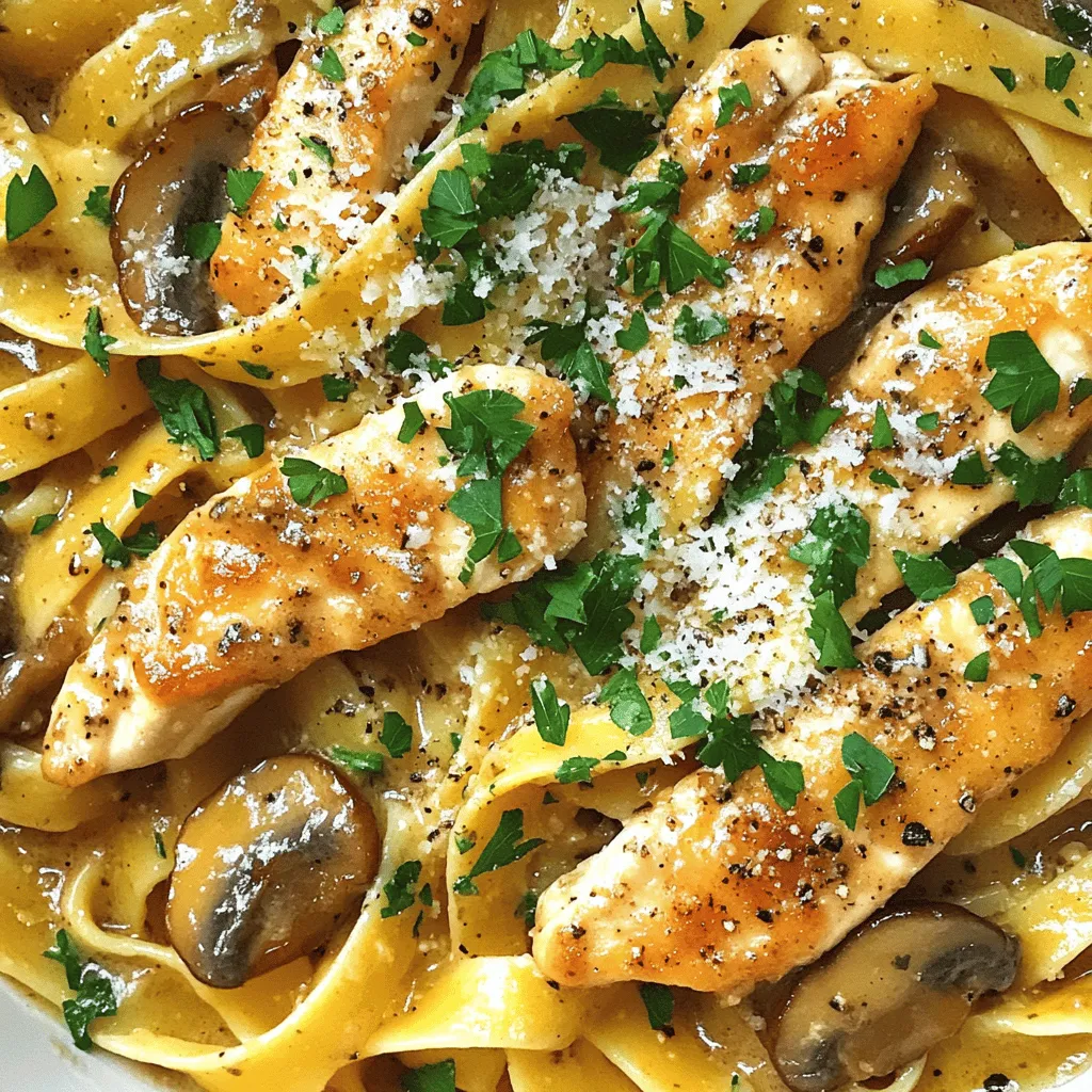 - Chicken (boneless, skinless breasts) - Pasta (fettuccine) - Vegetables (cremini mushrooms, onion, garlic) You need fresh chicken for this dish. I prefer boneless, skinless breasts. They cook quickly and stay tender. Slice the chicken into thin strips for even cooking. Next is the pasta. Fettuccine works best because it holds the sauce well. Cook it until it's al dente. This means it has a slight bite to it. For the vegetables, I use cremini mushrooms, a small onion, and garlic. Slice the mushrooms and dice the onion. Mince the garlic for a strong flavor. - Chicken broth - Balsamic vinegar - Olive oil and butter The sauce is simple yet rich. Use chicken broth to add depth. Balsamic vinegar gives a tangy kick. For cooking, I blend olive oil and butter. This combo adds richness to your dish. - Fresh parsley - Grated Parmesan cheese Garnishes can elevate the meal. Fresh parsley adds color and a fresh taste. Grated Parmesan cheese adds a salty, creamy finish. For more details on how to combine these ingredients into a delicious meal, refer to the Full Recipe. To boil pasta perfectly, start with a large pot. Fill it with water and add salt. I recommend using kosher salt; it gives the best flavor. Bring the water to a rolling boil. Once boiling, add the fettuccine. Stir gently to prevent sticking. Cook it for around 8-10 minutes until it’s al dente. Drain the pasta and set it aside. To sauté the chicken, heat a large skillet over medium-high heat. Add a tablespoon of olive oil. Season your chicken strips with salt and pepper. Place them in the hot pan. Cook the chicken for about 5-6 minutes. You want it golden brown and fully cooked. This step is key for flavor and texture. For the sauce, start by sautéing the onion and garlic. Heat the same skillet and add olive oil and butter. Cook the diced onion for about 2 minutes until soft. Then add the minced garlic and stir. This mix creates a nice base for your dish. Next, cut the mushrooms into even slices. This helps them cook evenly. Add the sliced mushrooms to the skillet. Cook them until they are browned and tender, about 5-7 minutes. Now, pour in the chicken broth and balsamic vinegar. Stir to combine. Add dried thyme and season with salt and pepper. Let the sauce simmer for about 3-4 minutes. This will reduce the sauce slightly, making it richer. You can find the full recipe in the preceding sections. Enjoy cooking! To ensure the chicken is tender and juicy, start with quality meat. Use boneless, skinless breasts for the best texture. Season the chicken well with salt and pepper before cooking. Sauté it in a hot skillet for about 5 to 6 minutes. This way, you will get a nice golden crust while keeping the inside moist. For flavor enhancement, consider marinating the chicken in balsamic vinegar for about 30 minutes. This adds depth to the dish. You can also sauté the mushrooms until they're nicely browned. This technique draws out their natural sweetness. Pair Chicken Marsala Pasta with a fresh green salad. A simple salad with mixed greens and a light vinaigrette works great. Garlic bread is also a wonderful choice; it soaks up the sauce nicely. When it comes to wine, a glass of dry white wine is ideal. A Pinot Grigio or Chardonnay complements the flavors without overpowering them. If you prefer red wine, a light-bodied Merlot can work too. For plating, use a large white plate to showcase the dish. Start by placing the pasta in the center. Then, gently lay the chicken and mushrooms on top. This creates an eye-catching look. Garnishing with fresh herbs adds a pop of color and flavor. A sprinkle of chopped parsley brightens the dish. Lastly, finish with a light dusting of grated Parmesan cheese for that cheesy touch. This makes the dish look and taste even better. For the full recipe, check out the recipe section. {{image_2}} You can switch up the pasta type for a fun twist. Instead of fettuccine, try penne or whole wheat pasta. Each type offers a different texture and taste. If you want a chicken substitute, use turkey or even tofu. These options keep the dish hearty. They also add new flavors and textures. To make Chicken Marsala Pasta lighter, use less oil and butter. You can swap regular pasta for zucchini noodles. This change cuts carbs and calories. For a vegetarian-friendly version, replace chicken with mushrooms. Use portobello or shiitake for a meat-like bite. Adding spinach or kale boosts nutrients and flavor. If you like heat, add red pepper flakes or a dash of hot sauce. This adds a nice kick to the dish. For different tastes, try fresh herbs like basil or oregano. These herbs brighten the flavors of the sauce. You can also mix in some lemon zest for a refreshing twist. For more details, check out the [Full Recipe]. To store leftovers of Chicken Marsala Pasta, let it cool first. Place the pasta in a shallow container. Cover it tightly with a lid or plastic wrap. This helps keep air out. Use glass or BPA-free plastic containers for the best results. These containers are great for meal prep. They also make it easy to reheat. To freeze Chicken Marsala Pasta, let it cool completely. Portion it into freezer-safe bags or containers. Make sure to remove excess air to prevent freezer burn. Label the bags with the date for easy tracking. When you're ready to eat, take it out and thaw it in the fridge overnight. For reheating, you can use the microwave or heat it on the stove. Just add a splash of chicken broth to keep it moist. Chicken Marsala Pasta lasts in the fridge for about three to four days. Always check for signs of spoilage. Look for any off smells, changes in color, or mold. If it has any of these signs, it's best to throw it away. Enjoy this tasty dish while it's fresh for the best flavor! You can find the Full Recipe for Chicken Marsala Pasta to recreate this delightful meal. Chicken Marsala Pasta is a tasty dish that mixes chicken, pasta, and mushrooms. The main components include sliced chicken breasts, fettuccine pasta, and cremini mushrooms. The sauce is rich and flavorful, made with chicken broth and balsamic vinegar. This dish brings together the savory taste of chicken and the earthiness of mushrooms, all tossed with pasta for a hearty meal. Yes, you can make Chicken Marsala Pasta ahead of time. To meal prep, cook the chicken and sauce first. Store them separately from the pasta. When you are ready to eat, reheat the chicken and sauce, then add the cooked pasta. This way, you keep the pasta from becoming mushy. To make Chicken Marsala Pasta gluten-free, use gluten-free fettuccine or any other gluten-free pasta. You can find many options in stores today. Ensure your chicken broth is also gluten-free. Check the labels to make sure. Chicken Marsala Pasta can be a healthy option. It includes lean protein from chicken and nutrients from mushrooms and onions. You can adjust the recipe for fewer calories by using less oil and butter. Consider adding more veggies for fiber, making it even more nutritious. You can find the full recipe for Chicken Marsala Pasta in the recipe section of this article. In this blog post, we explored Chicken Marsala Pasta and its key ingredients. We discussed the main components, like chicken and fettuccine, seasoning, and optional garnishes. I shared tips on cooking techniques and variations to suit your taste. Remember, cooking is about experimenting and having fun. Try different ingredients and find what you love. Enjoy making this dish for yourself or to impress others. Your kitchen will soon be filled with great flavors and smiles.