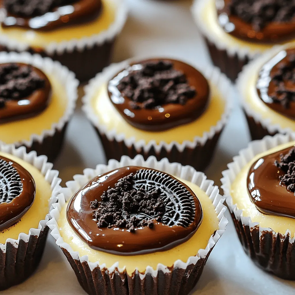- 24 Oreo cookies, crushed (plus extra for topping) - 4 tablespoons unsalted butter, melted - 8 oz cream cheese, softened - 1/2 cup powdered sugar - 1 teaspoon vanilla extract - 1 cup heavy whipping cream - 1/4 cup chocolate ganache (optional for drizzling) - Mini muffin tin - Cupcake liners - Mixing bowls - Electric mixer - Whisk or hand mixer - Spoon or piping bag The ingredients for No-Bake Oreo Cheesecake Minis are simple but full of flavor. First, you need 24 Oreo cookies. Crushing them gives you a great base for the crust. You’ll also need melted unsalted butter to bind the crumbs together. Next, cream cheese adds that rich and creamy texture we all love. Softening it makes blending easy. You will mix in powdered sugar for sweetness and vanilla extract for flavor. The heavy whipping cream is key for a light, airy filling. Whipping it until stiff peaks form gives the cheesecake its delightful texture. For a fun twist, you can drizzle chocolate ganache on top. This adds extra chocolatey goodness! Gather these items before you start. The right tools will make the process smooth. You’ll need a mini muffin tin with cupcake liners, mixing bowls, and an electric mixer. A whisk or hand mixer can work too. Finally, a spoon or piping bag will help you fill the crusts with the cheesecake mixture. With all these ingredients and tools ready, you are set to create a delicious treat. Check the Full Recipe for more details on how to bring these minis to life! - First, combine the crushed Oreo cookies with melted butter in a medium bowl. - Mix them until they look like wet sand. - Line a mini muffin tin with cupcake liners. - Spoon about 1 tablespoon of the Oreo mixture into each liner. - Press the mixture down firmly to create a crust. - In a large mixing bowl, beat the cream cheese until smooth. - Gradually add the powdered sugar and vanilla extract. - Mix until everything is well blended. - In another bowl, whip the heavy cream until stiff peaks form. - Gently fold the whipped cream into the cream cheese mixture. - Spoon or pipe the cheesecake filling over the crusts in the muffin tin. - Fill each liner to the top for a nice dome shape. - Smooth the tops with a spatula. - Refrigerate for at least 4 hours so they set properly. - For extra flair, top with crushed Oreos or drizzle chocolate ganache before serving. For the complete steps, check the Full Recipe to ensure a perfect treat! To get the best texture for your cheesecake minis, whipping the cream is key. Here’s how to whip cream to stiff peaks: - Start with cold cream. Keep it in the fridge until you use it. - Use a clean bowl and whisk. This helps the cream whip better. - Beat on medium speed until soft peaks form, then increase to high speed. Stop when peaks are stiff, not dry. Next, folding is important to keep the light texture. Here’s how to fold without deflating: - Add the whipped cream to the cream cheese mixture in parts. - Use a spatula to gently mix. Scoop from the bottom and fold over. - Be soft and gentle to keep air in the mixture. Enhance your cheesecake minis with fun pairings. Here are some ideas: - Fresh fruits like strawberries or raspberries add a nice touch. - Serve with chocolate or caramel sauce for extra sweetness. - A sprinkle of crushed Oreos on top gives a nice crunch. For garnishing, try these best ways: - Use a piping bag to add a swirl of whipped cream on top. - Drizzle chocolate ganache for a rich finish. - Add a mint leaf for a pop of color and freshness. Avoid these common pitfalls to make perfect cheesecake minis: - Overmixing the filling: Mix just until combined. Overmixing can make it dense. - Not pressing the crust firmly: Press down hard to make a solid base. This helps hold your cheesecake together. By following these tips and tricks, you can make your No-Bake Oreo Cheesecake Minis a delightful treat. For the full recipe, check out the instructions above! {{image_2}} You can change the taste of your No-Bake Oreo Cheesecake Minis easily. Try adding different flavored extracts. Almond or mint extract can bring a fresh twist. Just add a teaspoon to the cream cheese mixture. You can also use other cookies for the crust. Instead of Oreos, try chocolate chip cookies or graham crackers. Each cookie will give a new flavor and texture. If you have dietary restrictions, don't worry! You can make these treats allergy-friendly. Use dairy-free cream cheese and whipped cream for a great taste without dairy. Many brands offer these options now. For gluten-free versions, substitute regular Oreos with gluten-free cookies. These changes make it easy for everyone to enjoy. You can adapt this recipe for different seasons. For fall, add pumpkin puree to the cheesecake filling. It adds a lovely flavor and color. Top with whipped cream and a sprinkle of cinnamon for a festive touch. During the holidays, you can use crushed peppermint candies on top. This adds a fun crunch and a holiday feel. You can modify the recipe to fit any occasion. To store leftovers in the fridge, place the cheesecake minis in an airtight container. This keeps them fresh and stops them from absorbing other fridge smells. You can also use plastic wrap if you do not have a container. Just make sure it covers them well. For storage, use small glass or plastic containers. They are easy to stack and won’t take much room. If you have many, divide them into smaller portions. This way, you can grab just what you need. To freeze the cheesecake minis, first, let them set in the fridge for at least four hours. After they are firm, you can place them in a single layer on a baking sheet. Freeze them for about two hours until solid. Then, move them to a freezer-safe bag or container. Remove as much air as you can to prevent freezer burn. Before serving, thaw the cheesecake minis in the fridge overnight. This keeps their texture smooth and creamy. You can also let them sit at room temperature for about 20 minutes if you need them sooner. In the fridge, these cheesecake minis last for about five days. If you freeze them, they can last for about two months. Just remember, the longer they sit, the more the texture might change. Enjoy them fresh for the best taste! Yes, you can use low-fat cream cheese. However, it may change the texture and flavor. The cheesecake might not be as rich and creamy. It can also be slightly less stable, making it harder to set. You can use other cookies if you want a change. Some great options include chocolate wafer cookies, graham crackers, or even peanut butter cookies. Each will give a unique taste to your cheesecake. To keep the crust from crumbling, make sure to mix the crushed cookies well with melted butter. Press the mixture firmly into the cupcake liners. You can also add a little more butter if needed to help bind the crust. In this article, we explored how to make delicious cheesecake minis with simple ingredients. You learned about the necessary kitchen tools, step-by-step instructions, tips for the perfect texture, and variations to try. Remember, the right mix of flavors and texture makes a big difference. Avoid common mistakes for the best results. Enjoy creating these treats for any occasion. They are sure to impress friends and family. Keep experimenting with flavors and toppings to make them your own.