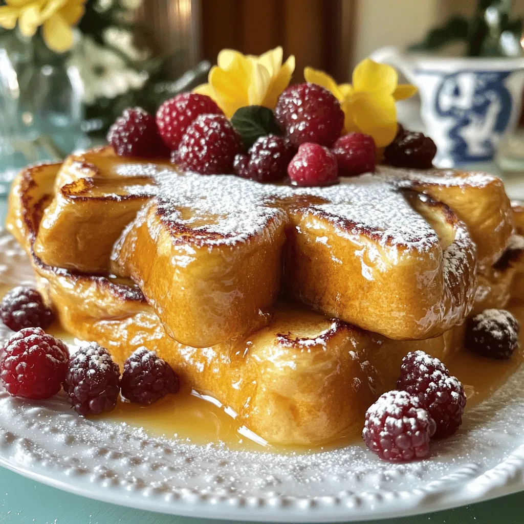 - 1 loaf of brioche bread, cut into thick slices - 6 large eggs - 1 cup heavy cream - 1 cup whole milk - 1 cup granulated sugar - 1 tablespoon vanilla extract - 1 teaspoon ground cinnamon - 1 pinch of salt - 1 tablespoon unsalted butter (for greasing) - Extra sugar for caramelizing (about 1/4 cup) The main ingredients create a rich base for the French toast. Brioche bread gives it a soft, fluffy texture. Eggs provide structure and help bind the mixture. Heavy cream and whole milk add creaminess that makes each bite divine. Next, we have flavor enhancers. Granulated sugar sweetens the dish, while vanilla extract gives a warm note. Ground cinnamon adds a hint of spice, and salt balances the sweetness. Together, these flavors sing. Finally, don’t forget the essentials. Unsalted butter greases the baking dish, making it easier to serve. The extra sugar for caramelizing turns the top into a crunchy, sweet crust. It’s the perfect finish to this delicious dish. For the full recipe, check out the Overnight Crème Brûlée French Toast. First, I grease the baking dish. I use unsalted butter and cover the bottom and sides well. This step helps the French toast not stick. Next, I arrange the thick slices of brioche in the dish. I lay them in a single layer, overlapping them a bit if needed. This way, every piece gets soaked in custard. Now, I make the custard. In a large bowl, I whisk together the eggs and heavy cream. I add whole milk, granulated sugar, vanilla extract, ground cinnamon, and a pinch of salt. I whisk until the mixture is smooth. This is where the magic happens! The flavors mix, and the custard gets creamy. Next, I soak the bread. I pour the custard mixture evenly over the brioche slices. I make sure every piece is well soaked. After that, I cover the dish with plastic wrap. I refrigerate it overnight. This waiting period lets the bread soak up all the goodness. The next day, I preheat my oven to 350°F (175°C). I take the dish out of the fridge and let it sit for about 15 minutes. This helps take the chill off. Then, I bake it uncovered for 30-35 minutes. The top should look golden, and a knife should come out clean when inserted in the center. After baking, I let the French toast cool slightly. I sprinkle extra sugar evenly on top. I can use a kitchen torch to caramelize the sugar until it’s crispy. If I don’t have a torch, I can use the broiler. I place it under the broiler for a few minutes. I watch closely to avoid burning. When ready to serve, I let the French toast rest for a few minutes. Then, I slice it into pieces. I love adding fresh berries or whipped cream on top. A dusting of powdered sugar makes it look fancy! It’s perfect for breakfast or brunch, and everyone will love it. For the full recipe, check out the details provided. - Choosing the best bread: I love brioche for its rich flavor and soft texture. It soaks up the custard well. You can also try Challah or French bread if you prefer. - Soaking duration and technique: Soaking time is key to a creamy center. Let the bread sit in the custard overnight for best results. This way, each slice absorbs the flavors deeply. - Alternative spices: You can mix it up with nutmeg or cardamom. A hint of these spices can add warmth and depth to your dish. - Sweeteners options: Don't just stick to granulated sugar. You can try brown sugar for a richer flavor or maple syrup for a hint of sweetness. - Ensuring crispy tops: For a perfect crisp, sprinkle sugar evenly before caramelizing. This will help form a nice crunchy layer on top. - Avoiding sogginess: Make sure to use stale or slightly dried bread. Fresh bread can become mushy if soaked too long. If you notice excess custard, drain it before baking. {{image_2}} You can easily turn this dish into a casserole. Just adjust the ingredient ratios. Use more eggs and cream for a richer taste. You could also add a touch more sugar. This makes a sweeter dish. Cooking time may change too. Bake it for 40-45 minutes. Check that the center is cooked through. It should be golden brown on top. Want to mix it up? Try flavored custards! Adding citrus zest can brighten the dish. Lemon or orange zest works great. You can also add extracts, like almond or coconut. For an adult twist, try liqueurs. A splash of Grand Marnier or Amaretto adds depth. Just remember to keep your flavor balanced. Toppings can make a big difference! Use seasonal fruits like berries or peaches. They add color and freshness. Different syrups can also enhance the taste. Maple syrup is classic, but try honey or caramel too. Add whipped cream for a touch of luxury. Each bite will be a delight! After enjoying your Overnight Crème Brûlée French Toast, store any leftovers in the fridge. Use an airtight container to keep it fresh. The dish will stay good for about three days. If you want to freeze it, cut it into portions. Wrap each piece tightly in plastic wrap, then in foil. This helps keep it from getting freezer burn. You can freeze it for up to two months. You can reheat your French toast in two ways: the oven or the microwave. - Oven: Preheat your oven to 350°F (175°C). Place the French toast on a baking sheet. Cover it with foil to keep it from drying out. Heat for about 15-20 minutes. - Microwave: Place a slice on a microwave-safe plate. Heat for 30 seconds to 1 minute. Check to see if it's warm enough. Using the oven keeps the texture nice and crispy. The microwave is quicker but may make it a bit soggy. You can make this dish ahead of time for busy mornings. Prepare the custard the night before. Mix the eggs, cream, and sugar, then cover it and store it in the fridge. You can also store the custard separately. This keeps the bread from getting too soggy. Assemble the French toast in the morning, pour the custard over it, and bake. This way, you enjoy fresh French toast with less work! You should refrigerate the dish overnight. This soaking time lets the bread soak up the custard. If you need to soak it longer, you can do it for up to 24 hours. Just cover it tightly with plastic wrap to prevent drying out. Yes, you can use other breads. Challah works great for this recipe. French bread adds a nice crunch. Each bread type will change the texture a bit, so feel free to experiment! If you lack a kitchen torch, you can use your oven’s broiler. Just sprinkle sugar on top and place it under the broiler. Keep a close eye on it, as it can burn quickly. Absolutely! You can use coconut milk or almond milk instead of cream and whole milk. For a creamier texture, try using full-fat coconut cream. You can use gluten-free bread options like gluten-free brioche. Just check the package for the best results. Many stores offer tasty gluten-free breads that work well in this recipe. Feel free to check the Full Recipe for all the details! This article covered making a delicious French toast bake. We explored key ingredients like brioche bread, eggs, and cream. You learned how to prepare, soak, bake, and caramelize your dish for perfect flavor. We also shared tips for texture and plenty of variations. With the right techniques and ingredients, you can enjoy this tasty dish any time. Try mixing it up with different flavors and toppings. Now you're ready to impress family and friends with your French toast skills!