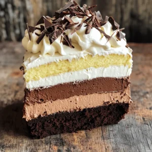 - 1 cup all-purpose flour - 1 cup granulated sugar - 1/2 cup unsweetened cocoa powder - 1 teaspoon baking powder - 1/2 teaspoon baking soda - 1/4 teaspoon salt - 1/2 cup unsalted butter, melted - 2 large eggs - 1/2 cup whole milk - 1 teaspoon vanilla extract - 4 ounces dark chocolate (70% cocoa), chopped - 4 ounces milk chocolate, chopped - 4 ounces white chocolate, chopped - 2 cups heavy whipping cream (divided) - 3 tablespoons granulated sugar (divided) - 1 teaspoon vanilla extract (divided) - Chocolate shavings or curls - Whipped cream To make this Triple Chocolate Mousse Cake, you need good ingredients. Each layer has its own special chocolate. The cake is soft and rich, while the mousse is airy and creamy. For the chocolate cake, start with flour and sugar. Cocoa powder gives it a deep chocolate taste. Baking powder and baking soda help it rise. The melted butter adds richness, while eggs and milk create a moist texture. Vanilla extract adds a warm flavor. The mousse layers use three types of chocolate: dark, milk, and white. Dark chocolate brings bold flavor. Milk chocolate adds sweetness. White chocolate gives a creamy finish. Heavy whipping cream is key. It makes the mousse light and fluffy. You will also need sugar and vanilla for the mousse. Sugar balances the chocolate, and vanilla enhances the taste. Finally, for garnish, you can add chocolate shavings or curls and a dollop of whipped cream. These toppings make the cake look stunning and inviting. Follow the [Full Recipe](#) for detailed steps to create this delightful dessert. - Preheat the oven to 350°F (175°C). - Grease and flour an 8-inch round cake pan. - In a large bowl, combine flour, sugar, cocoa powder, baking powder, baking soda, and salt. - Mix in melted butter, eggs, milk, and vanilla extract until just blended. - Pour the batter into the prepared pan. - Bake for 25-30 minutes. Check with a toothpick; it should come out clean. - Let the cake cool completely in the pan. Transfer to a wire rack afterward. - For dark chocolate mousse, melt dark chocolate in a double boiler or microwave. Stir until smooth. - In a bowl, whip 1 cup of heavy cream until soft peaks form. Add 1 tablespoon of sugar and 1/2 teaspoon of vanilla extract. Continue whipping to stiff peaks. - Fold the melted chocolate into the whipped cream until mixed well. Set aside. - For milk chocolate mousse, melt milk chocolate and repeat the same steps. - For white chocolate mousse, melt white chocolate and follow the same steps again. - Slice the cooled chocolate cake in half horizontally. - Place the bottom layer on a plate. Spread the dark chocolate mousse evenly over it. - Add the top layer of the cake. Spread the milk chocolate mousse over this layer. - Finally, spread the white chocolate mousse on top. Smooth the sides for a neat finish. - Chill the cake in the fridge for at least 4 hours or overnight to set the mousses well. Enjoy the rich flavors of this Triple Chocolate Mousse Cake with your family or friends. For the full recipe, check out the detailed instructions in the earlier sections. To ensure even baking, make sure your oven is preheated. Grease and flour the cake pan well. This stops the cake from sticking. When baking, always check for doneness using a toothpick. Insert it in the center of the cake. If it comes out clean, the cake is ready. For the perfect mousse, you need to whip the cream until it forms soft peaks. This helps give the mousse a light texture. When folding chocolate into the whipped cream, be gentle. Start by mixing a small amount of whipped cream into the chocolate. Then, fold the chocolate mixture back into the whipped cream. This keeps the mousse airy and smooth. Garnishing with chocolate shavings adds a nice touch to your cake. You can use a vegetable peeler to create curls from a chocolate bar. For serving, slice the cake cleanly, and add a dollop of whipped cream on each slice. This makes it look elegant and inviting. For the complete process, check out the Full Recipe. {{image_2}} You can add fun flavors to the mousse cake. Try using flavor extracts like mint or orange. A little mint extract in the dark mousse gives a fresh taste. Orange extract adds a bright twist to the milk mousse. You can also layer in fruit. Fresh raspberries or strawberries work well. Fruit purees add a burst of flavor and color. If you need a gluten-free cake, use a gluten-free flour mix. This keeps the cake moist and tasty. For a dairy-free option, swap the heavy cream with coconut cream. Use dairy-free chocolate for all the mousse layers. These swaps help everyone enjoy the cake. You can serve the cake in different ways. Individual servings look nice for a party. Just cut the cake into slices. Place each slice on a small plate. You can also serve it as a whole cake. For garnishing, try chocolate shavings or curls. A sprinkle of fresh berries can make it pop for special events. For the full recipe, check out the details above. To store your Triple Chocolate Mousse Cake, wrap it tightly in plastic wrap. This keeps the cake moist and the mousse fresh. You can also place it in an airtight container. This method prevents drying out and keeps the cake from absorbing any fridge odors. Keep the cake in the fridge until you're ready to serve. This dessert is best eaten cold, as it enhances the rich flavors and creamy texture. Freezing the cake is a great option if you want to save some for later. To freeze, slice the cake into portions. Wrap each piece in plastic wrap, then place them in a freezer bag. This helps prevent freezer burn. For the mousse layers, freeze them in small containers or ice cube trays. To thaw, move the cake to the fridge overnight. Avoid thawing at room temperature, as it may affect the mousse's texture. The cake can stay fresh in the fridge for up to five days. After that, the chocolate flavor may fade. Look for signs like a change in color or texture. If the mousse feels grainy or watery, it’s best to toss it. Trust your senses; if it smells off, don’t eat it. Always check before serving to ensure a delightful experience. You can tell if your chocolate cake is done by checking a toothpick. Insert a toothpick in the center of the cake. If it comes out clean or with a few crumbs, the cake is ready. If it has wet batter, bake it a little longer. The top should also look firm and slightly spring back when touched. Yes, you can make the mousse ahead of time. Prepare the mousse layers a day before serving. Just cover them tightly and keep them in the fridge. When you are ready, assemble the cake. This way, the flavors meld nicely and make a richer taste. If you need a substitute for heavy cream, use coconut cream or silken tofu. Both can create a nice texture. For coconut cream, chill a can overnight, then scoop out the cream. Blend it until smooth. For silken tofu, blend until creamy. These options work well and are great for different diets. Chill the mousse cake for at least 4 hours, but overnight is best. This time allows the mousse layers to set properly. It also helps the flavors mix well. If you are in a hurry, aim for 4 hours to ensure it holds its shape when cut. Absolutely! You can use various chocolates to change the flavor. For a bolder taste, try dark chocolate with higher cocoa content. White chocolate can be swapped for a sweet touch. Feel free to experiment with flavors like mint or orange chocolate. Just make sure to keep the total amount the same as in the Full Recipe. You've learned how to craft a rich chocolate cake with light mousse layers. Each ingredient plays a key role, and following the steps carefully makes a big difference. Remember to use tips for even baking and perfect mousse. Variations let you get creative, while proper storage keeps your dessert fresh. Your chocolate delight awaits! Enjoy every slice and share it with friends for extra joy.