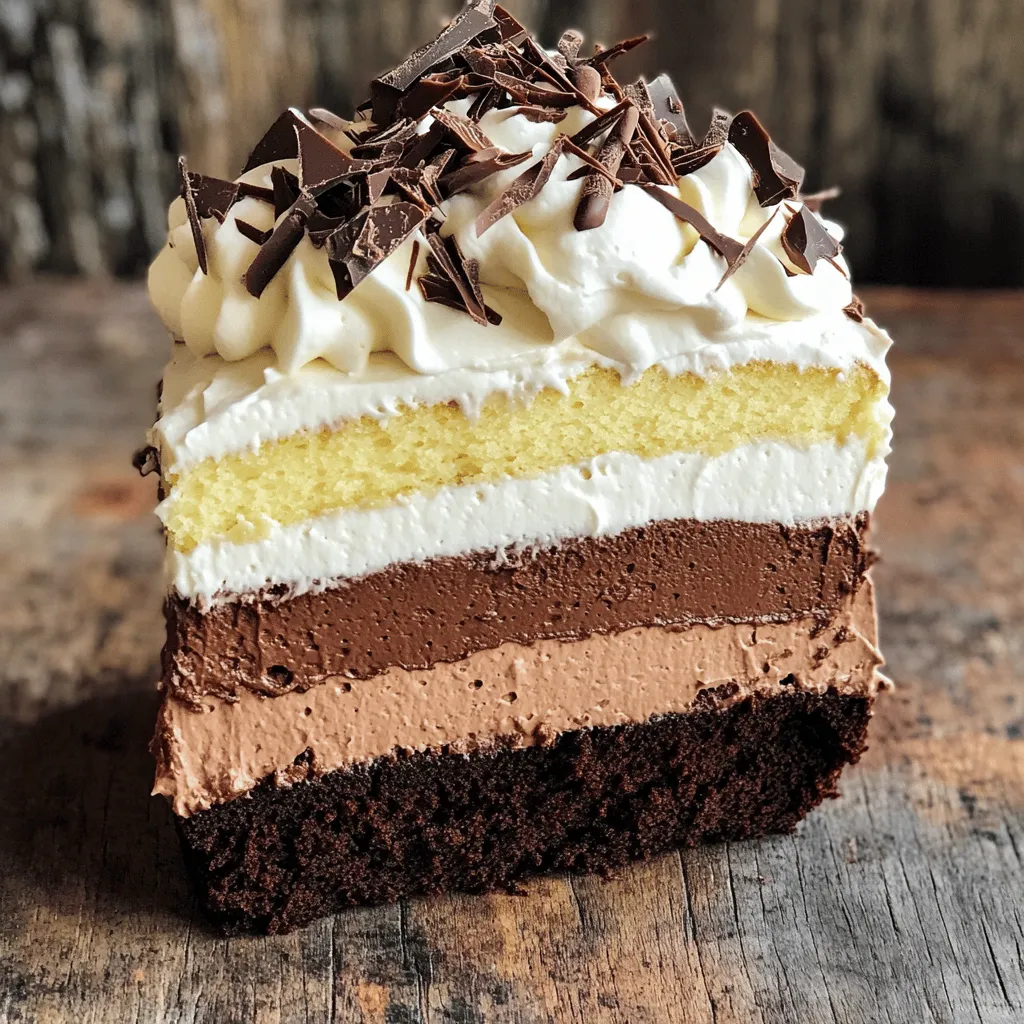 - 1 cup all-purpose flour - 1 cup granulated sugar - 1/2 cup unsweetened cocoa powder - 1 teaspoon baking powder - 1/2 teaspoon baking soda - 1/4 teaspoon salt - 1/2 cup unsalted butter, melted - 2 large eggs - 1/2 cup whole milk - 1 teaspoon vanilla extract - 4 ounces dark chocolate (70% cocoa), chopped - 4 ounces milk chocolate, chopped - 4 ounces white chocolate, chopped - 2 cups heavy whipping cream (divided) - 3 tablespoons granulated sugar (divided) - 1 teaspoon vanilla extract (divided) - Chocolate shavings or curls - Whipped cream To make this Triple Chocolate Mousse Cake, you need good ingredients. Each layer has its own special chocolate. The cake is soft and rich, while the mousse is airy and creamy. For the chocolate cake, start with flour and sugar. Cocoa powder gives it a deep chocolate taste. Baking powder and baking soda help it rise. The melted butter adds richness, while eggs and milk create a moist texture. Vanilla extract adds a warm flavor. The mousse layers use three types of chocolate: dark, milk, and white. Dark chocolate brings bold flavor. Milk chocolate adds sweetness. White chocolate gives a creamy finish. Heavy whipping cream is key. It makes the mousse light and fluffy. You will also need sugar and vanilla for the mousse. Sugar balances the chocolate, and vanilla enhances the taste. Finally, for garnish, you can add chocolate shavings or curls and a dollop of whipped cream. These toppings make the cake look stunning and inviting. Follow the [Full Recipe](#) for detailed steps to create this delightful dessert. - Preheat the oven to 350°F (175°C). - Grease and flour an 8-inch round cake pan. - In a large bowl, combine flour, sugar, cocoa powder, baking powder, baking soda, and salt. - Mix in melted butter, eggs, milk, and vanilla extract until just blended. - Pour the batter into the prepared pan. - Bake for 25-30 minutes. Check with a toothpick; it should come out clean. - Let the cake cool completely in the pan. Transfer to a wire rack afterward. - For dark chocolate mousse, melt dark chocolate in a double boiler or microwave. Stir until smooth. - In a bowl, whip 1 cup of heavy cream until soft peaks form. Add 1 tablespoon of sugar and 1/2 teaspoon of vanilla extract. Continue whipping to stiff peaks. - Fold the melted chocolate into the whipped cream until mixed well. Set aside. - For milk chocolate mousse, melt milk chocolate and repeat the same steps. - For white chocolate mousse, melt white chocolate and follow the same steps again. - Slice the cooled chocolate cake in half horizontally. - Place the bottom layer on a plate. Spread the dark chocolate mousse evenly over it. - Add the top layer of the cake. Spread the milk chocolate mousse over this layer. - Finally, spread the white chocolate mousse on top. Smooth the sides for a neat finish. - Chill the cake in the fridge for at least 4 hours or overnight to set the mousses well. Enjoy the rich flavors of this Triple Chocolate Mousse Cake with your family or friends. For the full recipe, check out the detailed instructions in the earlier sections. To ensure even baking, make sure your oven is preheated. Grease and flour the cake pan well. This stops the cake from sticking. When baking, always check for doneness using a toothpick. Insert it in the center of the cake. If it comes out clean, the cake is ready. For the perfect mousse, you need to whip the cream until it forms soft peaks. This helps give the mousse a light texture. When folding chocolate into the whipped cream, be gentle. Start by mixing a small amount of whipped cream into the chocolate. Then, fold the chocolate mixture back into the whipped cream. This keeps the mousse airy and smooth. Garnishing with chocolate shavings adds a nice touch to your cake. You can use a vegetable peeler to create curls from a chocolate bar. For serving, slice the cake cleanly, and add a dollop of whipped cream on each slice. This makes it look elegant and inviting. For the complete process, check out the Full Recipe. {{image_2}} You can add fun flavors to the mousse cake. Try using flavor extracts like mint or orange. A little mint extract in the dark mousse gives a fresh taste. Orange extract adds a bright twist to the milk mousse. You can also layer in fruit. Fresh raspberries or strawberries work well. Fruit purees add a burst of flavor and color. If you need a gluten-free cake, use a gluten-free flour mix. This keeps the cake moist and tasty. For a dairy-free option, swap the heavy cream with coconut cream. Use dairy-free chocolate for all the mousse layers. These swaps help everyone enjoy the cake. You can serve the cake in different ways. Individual servings look nice for a party. Just cut the cake into slices. Place each slice on a small plate. You can also serve it as a whole cake. For garnishing, try chocolate shavings or curls. A sprinkle of fresh berries can make it pop for special events. For the full recipe, check out the details above. To store your Triple Chocolate Mousse Cake, wrap it tightly in plastic wrap. This keeps the cake moist and the mousse fresh. You can also place it in an airtight container. This method prevents drying out and keeps the cake from absorbing any fridge odors. Keep the cake in the fridge until you're ready to serve. This dessert is best eaten cold, as it enhances the rich flavors and creamy texture. Freezing the cake is a great option if you want to save some for later. To freeze, slice the cake into portions. Wrap each piece in plastic wrap, then place them in a freezer bag. This helps prevent freezer burn. For the mousse layers, freeze them in small containers or ice cube trays. To thaw, move the cake to the fridge overnight. Avoid thawing at room temperature, as it may affect the mousse's texture. The cake can stay fresh in the fridge for up to five days. After that, the chocolate flavor may fade. Look for signs like a change in color or texture. If the mousse feels grainy or watery, it’s best to toss it. Trust your senses; if it smells off, don’t eat it. Always check before serving to ensure a delightful experience. You can tell if your chocolate cake is done by checking a toothpick. Insert a toothpick in the center of the cake. If it comes out clean or with a few crumbs, the cake is ready. If it has wet batter, bake it a little longer. The top should also look firm and slightly spring back when touched. Yes, you can make the mousse ahead of time. Prepare the mousse layers a day before serving. Just cover them tightly and keep them in the fridge. When you are ready, assemble the cake. This way, the flavors meld nicely and make a richer taste. If you need a substitute for heavy cream, use coconut cream or silken tofu. Both can create a nice texture. For coconut cream, chill a can overnight, then scoop out the cream. Blend it until smooth. For silken tofu, blend until creamy. These options work well and are great for different diets. Chill the mousse cake for at least 4 hours, but overnight is best. This time allows the mousse layers to set properly. It also helps the flavors mix well. If you are in a hurry, aim for 4 hours to ensure it holds its shape when cut. Absolutely! You can use various chocolates to change the flavor. For a bolder taste, try dark chocolate with higher cocoa content. White chocolate can be swapped for a sweet touch. Feel free to experiment with flavors like mint or orange chocolate. Just make sure to keep the total amount the same as in the Full Recipe. You've learned how to craft a rich chocolate cake with light mousse layers. Each ingredient plays a key role, and following the steps carefully makes a big difference. Remember to use tips for even baking and perfect mousse. Variations let you get creative, while proper storage keeps your dessert fresh. Your chocolate delight awaits! Enjoy every slice and share it with friends for extra joy.