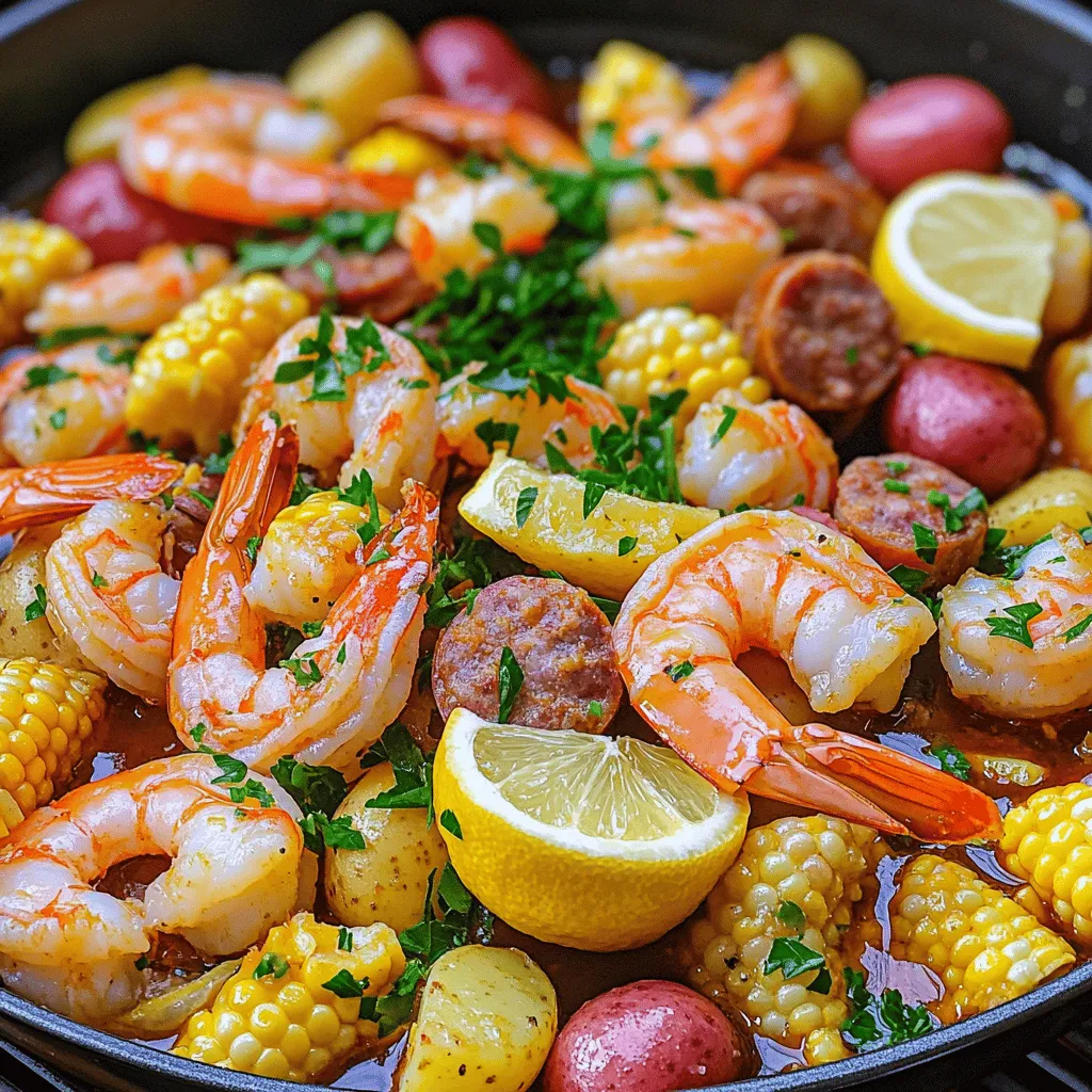 To create a delicious Traeger shrimp boil, you need a simple list of ingredients. Here’s what you’ll need: - 2 lbs large shrimp, peeled and deveined - 1 lb baby red potatoes, halved - 2 ears of corn, cut into thirds - 1 lb smoked sausage, sliced - 1/4 cup Old Bay seasoning - 2 tablespoons olive oil - 6 cloves garlic, minced - 1 lemon, cut into wedges - 1 tablespoon smoked paprika - Fresh parsley, chopped for garnish - Salt and pepper to taste - Water Gathering these ingredients sets the stage for an effortless and flavorful feast. Each item plays a key role in building layers of taste. The shrimp brings a sweet, briny flavor, while the sausage adds a smoky depth. Potatoes and corn provide texture and heartiness. Old Bay seasoning ties everything together with its classic blend of spices. With the right ingredients, you can enjoy a meal that feels special yet easy to make. For the full recipe, check out the details provided earlier. 1. Preheating the Traeger grill: Start by turning on your Traeger grill. Set it to 350°F (175°C). This temperature gives a nice smoky flavor to your dish. 2. Boiling the potatoes: In a pot, fill it with water and bring it to a boil. Add the halved baby red potatoes, a pinch of salt, and half of the Old Bay seasoning. Boil them for about 10-15 minutes until they feel tender when pierced with a fork. 3. Adding corn and sausage: Once your potatoes are ready, add the cut corn and sliced smoked sausage. Boil this for another 5-7 minutes. The corn should be bright yellow, and the sausage will heat through. 4. Incorporating shrimp and other seasonings: Next, reduce the heat and carefully add the shrimp and the rest of the Old Bay seasoning. Stir gently for about 3-5 minutes. The shrimp will turn pink and opaque, showing they are cooked. 5. Transferring to a grill-safe pan: After boiling, take the mixture and drizzle olive oil over it. Add minced garlic and smoked paprika, then mix it well. Transfer this to a grill-safe pan or foil tray. 6. Grilling technique and timing: Place the pan on the preheated Traeger grill. Grill for about 10-15 minutes. Stir halfway through to ensure everything gets that great smoky flavor. Enjoy the process and your tasty Traeger shrimp boil! For more details, check the Full Recipe. Set your Traeger grill to 350°F (175°C). This is the sweet spot for cooking shrimp boil. The even heat cooks everything just right. Make sure to preheat the grill before adding your dish. It helps lock in flavors and gives your food a nice smoky taste. Use Old Bay seasoning generously. It brings out great flavors in shrimp and sausage. For added zing, marinate shrimp in olive oil and garlic before cooking. Let it sit for at least 30 minutes. This step boosts taste and makes your shrimp tender. Squeeze fresh lemon juice on top before serving for a bright finish. Stir the mixture halfway through grilling. This keeps everything cooking evenly and helps the shrimp soak up the smoky flavor. Keep an eye on your dish to avoid overcooking. Shrimp cooks quickly, turning pink and opaque in just a few minutes. Don't let it go too long! Follow the Full Recipe for more details. {{image_2}} You can switch up the shrimp and sausage in your boil. For shrimp, try scallops or crab. They add a nice twist. If you want more sausage options, consider chicken sausage or even tofu for a lighter choice. For a meatless version, load up on veggies! Use mushrooms for a hearty bite. Add bell peppers and zucchini for fresh crunch. You can also toss in chickpeas for protein. To spice things up, play with different seasonings. Besides Old Bay, try Cajun or lemon herb blends. These add depth and heat to your dish. Don’t stop at the basics. Add more vegetables for rich flavors. Broccoli, asparagus, or even artichokes can work well. They bring new textures and bright colors to your boil. Using a Traeger grill gives your shrimp boil a lovely smoky flavor. It’s easier than boiling on the stove. Plus, the grill keeps the shrimp juicy and tender. If you want to try other grilling methods, consider using a stovetop grill pan. It can give a nice sear too. You can even make packets with foil and grill them. Each method brings its own unique taste. For the full recipe details, check the [Full Recipe]. To keep your Traeger shrimp boil fresh, store leftovers in an airtight container. Place the shrimp, potatoes, corn, and sausage together. Do not mix in the lemon or parsley. Store them in the fridge for up to three days. This keeps the flavors bright and tasty. When you want to enjoy leftovers, heat them gently. You can use the microwave or a skillet on low heat. If using the microwave, place them in a bowl and cover it with a damp paper towel. This helps keep the shrimp moist. Stir every minute until heated through. If using a skillet, add a splash of water to keep it juicy. If you want to save some shrimp boil for later, freezing works well. First, let the dish cool completely. Then, portion it into freezer-safe bags. Squeeze out the air before sealing. You can freeze it for up to three months. When you're ready to eat, thaw it overnight in the fridge. Reheat it gently to enjoy that smoky flavor again. It takes about 50 minutes to cook a shrimp boil on a Traeger. This includes prep and grilling time. You want to start by boiling the potatoes for about 10-15 minutes. Then, the corn and sausage need about 5-7 minutes. Finally, the shrimp only takes 3-5 minutes until they are pink and opaque. After that, you grill the mixture for another 10-15 minutes. This gives you a perfect smoky flavor. Yes, you can use frozen shrimp for this recipe. Just make sure to thaw them first. You can do this by placing them in the fridge overnight or running cold water over them for about 10 minutes. Once thawed, you can follow the recipe as usual. The cooking time may be slightly longer, but watch for the shrimp to turn pink and opaque. You can add many proteins to a shrimp boil. Here are some tasty options: - Crab legs - Lobster tails - Clams - Mussels - Chicken wings These proteins can enhance the flavor and make your boil even more exciting. Just adjust the cooking times to ensure everything is cooked through. This shrimp boil is a fun dish that combines great flavors and textures. We covered the ingredients, from shrimp to smoked sausage, and the step-by-step process for grilling. I shared tips to enhance your meal and even some tasty variations. Remember, you can store leftovers or freeze them for later. Enjoy experimenting with your shrimp boil! Try different ingredients and cooking methods to make it your own. Your next gathering will surely be a hit with this recipe.
