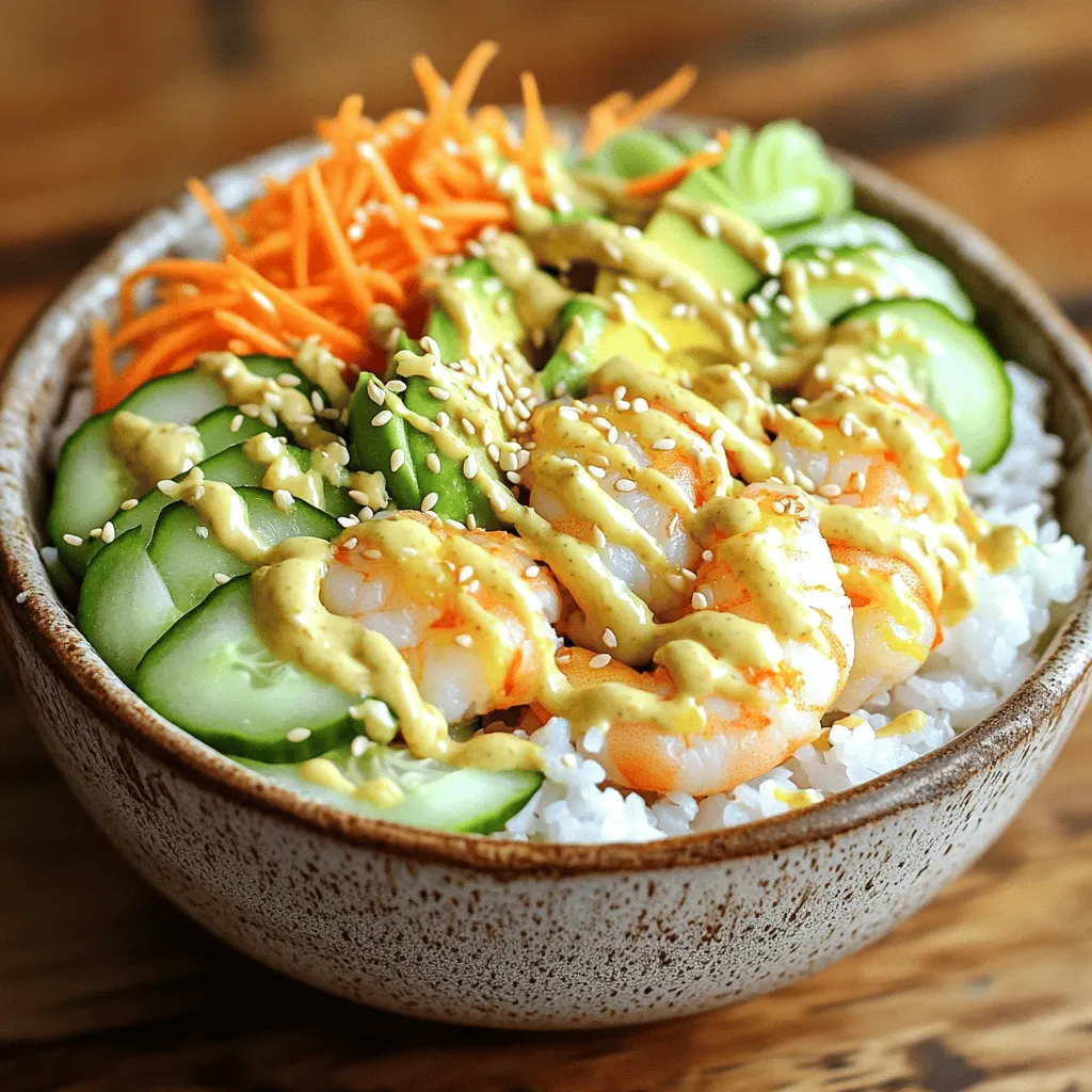- Sushi Rice: Use 2 cups of sushi rice. This rice is sticky and perfect for sushi bowls. - Proteins: You can choose shrimp, crab, or tofu. Each adds unique flavor and texture. - Fresh Vegetables: Include 1 avocado, 1 cucumber, and 1 carrot. These add crunch and color. - Rice Vinegar and Sugar Mixture: Mix 1 tablespoon of rice vinegar, 1 tablespoon of sugar, and 1 teaspoon of salt. This gives the rice a nice flavor. - Yum Yum Sauce Ingredients: Combine 2 tablespoons of mayonnaise, 2 tablespoons of soy sauce, and 1 teaspoon of sriracha. Adjust the sriracha for spice. - Sesame Seeds: Sprinkle these on top for a nutty flavor. - Nori Sheets: Cut these into strips for a crunchy texture. For the complete recipe, see the [Full Recipe]. To start, rinse 2 cups of sushi rice under cold water. Keep rinsing until the water runs clear. This step removes extra starch. Next, drain the rice well. In a medium saucepan, add the rinsed rice and 2 ½ cups of water. Bring the mixture to a boil over medium heat. Once it boils, reduce the heat to low. Cover the pan and let it simmer for 18 minutes. The water should be fully absorbed. When done, remove the pan from the heat and let it sit, covered, for another 10 minutes. This resting time helps the rice become fluffy. While the rice rests, mix 1 tablespoon of rice vinegar, 1 tablespoon of sugar, and 1 teaspoon of salt in a small bowl. Stir until everything dissolves. After the resting time, gently fold this mixture into the rice. Be careful not to mash the grains. Allow the seasoned rice to cool slightly before assembling your bowl. Now, let’s make the yum yum sauce. In a bowl, combine 2 tablespoons of mayonnaise and 1 teaspoon of sriracha. Mix well until smooth. This sauce adds a creamy and spicy flavor to your bowl. You can change the spice level based on your taste. If you like it spicier, add more sriracha. If you prefer it mild, reduce the amount. Taste as you mix to find the right balance. To assemble your sushi bowl, divide the seasoned rice among serving bowls. On top of the rice, layer the toppings. Start with sliced avocado, then add julienned cucumber, grated carrot, and 4 oz of your choice protein, such as shrimp or crab. Drizzle the yum yum sauce generously over the assembled bowl. Finish by sprinkling sesame seeds on top. For added crunch, include nori strips. This will make your bowl look colorful and appetizing. Enjoy every bite of your Yum Yum Sushi Bowl! For the full recipe, check out the detailed instructions. Cooking Time and Temperature To make sushi rice, you need to cook it just right. Start by rinsing the rice until the water runs clear. Then, use 2 cups of sushi rice and 2 ½ cups of water. Bring the mixture to a boil on medium heat. Once it boils, lower the heat and cover the pot. Let it simmer for 18 minutes. This ensures the rice cooks evenly and becomes sticky. Importance of Resting the Rice After cooking, let the rice rest for 10 minutes without removing the lid. This step is key. It allows the rice to finish cooking and trap steam. The result? Perfectly fluffy rice that holds together well. Substituting Proteins You can change up the proteins in your sushi bowl. Instead of shrimp or crab, try tofu for a vegetarian choice. You could also use cooked chicken or even smoked salmon. Each option brings its own flavor, so choose what you love. Adding Extra Toppings Don’t be shy about toppings! You can add sliced radishes, edamame, or even mango for a twist. Fresh herbs like cilantro or mint can also enhance your bowl. Feel free to mix and match to create your ideal dish. Pairing with Sides To make your meal complete, pair your sushi bowl with sides. A simple miso soup adds warmth and depth. You can also serve pickled ginger or seaweed salad for a burst of flavor. Making it a Meal Prep Option Yum Yum Sushi Bowls are great for meal prep. You can cook the rice and protein ahead of time. Store them in the fridge for quick meals. Just add fresh toppings and sauce when you're ready to eat. This keeps everything fresh and tasty! {{image_2}} You can easily make a Yum Yum Sushi Bowl vegetarian or vegan. - Using Plant-Based Proteins: Swap shrimp or crab for tofu. Firm tofu works best. Press it first to remove moisture, then cube and pan-fry until golden. This gives you a nice texture and flavor. - Enhancing with Extra Veggies: Load your bowl with colorful vegetables. Try bell peppers, radishes, or edamame. These add crunch and nutrients. You can also use pickled veggies for a tangy twist. Want to try something new? Mix in unique ingredients for a fusion twist. - Adding Unconventional Ingredients: Consider using kimchi for a spicy kick. Or try mango for a sweet touch. These flavors blend well with the traditional ingredients. - Regional Variations: Make it your own by adding local flavors. Use barbecue sauce instead of soy sauce for a fun twist. This gives your bowl a whole new vibe. Changing the sauce or seasoning can transform your dish. - Different Sauces to Try: Explore sauces like teriyaki or ponzu. These bring new flavors that excite your taste buds. You can even mix them with the yum yum sauce for a unique blend. - Seasoning Alternatives: Try different seasonings like garlic powder or chili flakes. This can change the flavor without much effort. A sprinkle of lime juice adds a fresh zing that brightens the dish. For those looking for the full recipe, you can find it above to guide you through the steps! Refrigeration Tips Store your Yum Yum Sushi Bowl in an airtight container. This keeps it fresh and safe. Place the bowl in the fridge within two hours of making it. Storage Duration You can enjoy leftovers for up to three days. After that, the rice and veggies may lose their taste and texture. Best Methods for Reheating Ingredients To reheat, use the microwave or a skillet. If using a microwave, heat in short bursts. Stir between each burst to warm evenly. In a skillet, add a splash of water and cover with a lid. Tips for Keeping Rice Fluffy To keep the rice fluffy, add a bit of water when reheating. This helps prevent it from drying out. Stir gently to avoid breaking the rice grains. Freezing Ingredients Separately You can freeze the sushi rice and toppings separately. Cooked shrimp and avocado do not freeze well, so skip those. Wrap the rice tightly in plastic wrap before placing it in a freezer bag. Thawing Guidelines To thaw, place frozen rice in the fridge overnight. Reheat it gently the next day. Enjoy the rest of your Yum Yum Sushi Bowl with fresh toppings! Yum Yum sauce is a creamy, tangy sauce often served with sushi. It blends flavors like mayonnaise, rice vinegar, and sriracha. The sauce is smooth and slightly sweet, with a hint of spice. Ingredients: - 2 tablespoons mayonnaise (preferably Japanese Kewpie mayo) - 1 teaspoon sriracha (adjust to taste) - 1 tablespoon rice vinegar - 1 tablespoon sugar - Dash of garlic powder (optional) This sauce adds richness and a fun kick to your dishes. It's perfect for dipping or drizzling over your bowl. Yes, you can use brown rice. However, you need to adjust your cooking time. Brown rice takes longer to cook than sushi rice. Cooking Adjustments Needed: - Use a 2:1 water-to-rice ratio. - Cook for about 40-45 minutes instead of 18 minutes. - Let it rest for 10 minutes after cooking, just like sushi rice. Brown rice has a nuttier flavor and more fiber. It can make your Yum Yum sushi bowl healthier. Making a Yum Yum sushi bowl takes about 50 minutes in total. Breakdown of Preparation and Cooking Time: - Prep Time: 15 minutes - Cooking Time: 35 minutes You can have a delicious meal ready in less than an hour. It’s quick and fun to make! You can find Yum Yum sushi bowls at many sushi restaurants or Asian bistros. Recommendations for Local or Popular Chains: - Check out local sushi spots in your area. - Popular chains like Poke Bowl or Sushi Stop often feature variations. - Look for restaurants that focus on Asian fusion cuisine. These places often serve tasty bowls that are similar to the recipe you can make at home. You learned how to make a Yum Yum Sushi Bowl with simple steps. We covered ingredients like sushi rice, proteins, and fresh vegetables. You now know how to prepare the rice and make a tasty sauce. Customizing your bowl is easy with various proteins and toppings. Don’t forget to store leftovers properly to enjoy them later. Remember, your Yum Yum Sushi Bowl can be a fun meal. Experiment with different flavors and ingredients to make it your own! Enjoy making this delicious dish.