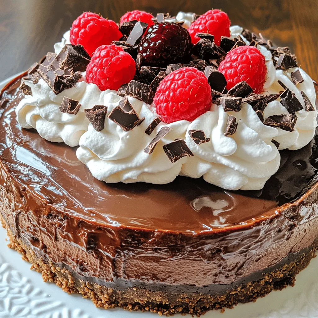 - 1 ½ cups chocolate graham cracker crumbs - ½ cup unsalted butter, melted - 2 tablespoons granulated sugar - 3 (8-ounce) packages cream cheese, softened - 1 cup granulated sugar - 1 cup sour cream - 1 teaspoon vanilla extract - 4 large eggs - 8 ounces dark chocolate, melted (cooled) - 1 cup heavy cream - 8 ounces semi-sweet chocolate chips - Whipped cream - Optional garnishes (dark chocolate shavings, fresh raspberries or strawberries) In this recipe, we need key ingredients to build the layers of flavor. The crust combines chocolate graham cracker crumbs, butter, and sugar. This mix gives a sweet and crunchy base. For the cheesecake filling, the cream cheese is the star. It brings creaminess and richness. The eggs help set the filling, while the sugar sweetens it. Sour cream adds a little tang. Dark chocolate makes it rich and deep in flavor. The ganache is a simple mix of heavy cream and semi-sweet chocolate chips. This will add a glossy finish. For serving, I like to add whipped cream and some fresh fruit. They make the dessert look fancy and taste fresh. This Death by Chocolate Cheesecake is a dream for chocolate lovers. You can find the full recipe to create this heavenly delight. - Preheat the oven to 350°F (175°C). - In a mixing bowl, combine: - 1 ½ cups chocolate graham cracker crumbs - ½ cup unsalted butter, melted - 2 tablespoons granulated sugar - Mix until you have a crumbly texture. - Press this mixture evenly into the bottom of a 9-inch springform pan. - Bake for 10 minutes, then set aside to cool. - In a large bowl, beat together: - 3 (8-ounce) packages cream cheese, softened - 1 cup granulated sugar - Mix until you get a smooth texture. - Add: - 1 cup sour cream - 1 teaspoon vanilla extract - Mix until smooth again. - Add 4 large eggs, one at a time, mixing well after each. - Finally, stir in 8 ounces of melted dark chocolate until fully combined. - Pour the cheesecake filling over the cooled crust in the springform pan. - Smooth the top with a spatula. - Bake in the preheated oven for 55-60 minutes. - The edges should be set, but the center will still wobble. - Turn off the oven, crack the door open, and let the cheesecake cool inside for 1 hour. This helps prevent cracks. - In a small saucepan over medium heat, bring 1 cup of heavy cream to a simmer. - Remove from heat and pour over 8 ounces of semi-sweet chocolate chips in a bowl. - Let sit for 5 minutes, then stir until smooth. - Once the cheesecake is cool, pour the chocolate ganache over the top. - Smooth it out, then refrigerate for at least 4 hours, or overnight for the best results. - To serve, run a knife around the edge of the springform pan before removing the sides. - Slice the cheesecake and add garnishes like whipped cream, dark chocolate shavings, and fresh raspberries or strawberries. For the complete recipe, check out the Full Recipe. To make the best cheesecake, use room temperature ingredients. This step helps all the items blend well. Cold ingredients can cause lumps. Make sure to soften the cream cheese before mixing. Avoid over-mixing the filling. Mix just until smooth. Over-mixing adds too much air, which makes the cheesecake rise and crack while baking. Use smart cooling techniques in the oven. After baking, turn off the oven and crack the door open. Let the cheesecake cool inside for an hour. This helps prevent sudden temperature changes, which can cause cracks. You can also use a water bath. Place your springform pan in a larger pan filled with water. This keeps the heat gentle and even during baking. It helps the cheesecake cook without cracking. Pair your cheesecake with rich sauces or sides. A drizzle of chocolate or raspberry sauce adds great flavor. You can also serve it with fresh fruit for a nice contrast. For special occasions, focus on presentation. Use whipped cream around the edges and sprinkle chocolate shavings on top. Fresh raspberries or strawberries add a pop of color. This makes the dessert look as good as it tastes. For the Full Recipe, check the main article. {{image_2}} You can add fun flavors to your Death by Chocolate Cheesecake. - Mint chocolate cheesecake variation: Add 1 teaspoon of peppermint extract to your cheesecake filling. This makes a cool and fresh taste. Pair it with chocolate mint candies on top for a special touch. - Espresso chocolate cheesecake variation: Mix in 1 tablespoon of instant espresso powder with your cream cheese. This gives a rich coffee flavor. It pairs perfectly with dark chocolate for a bold taste. You can easily make this cheesecake gluten-free. - Substituting crust ingredients: Use gluten-free chocolate graham cracker crumbs or crushed nuts. Mix them with melted butter and sugar, just like the original recipe. This keeps the crust tasty and solid. - Alternative cheesecake fillings: Instead of regular cream cheese, try using a dairy-free cream cheese. This keeps the rich flavor while making it suitable for those with dietary needs. How you present your cheesecake matters. A pretty cake looks even better on the table. - Layering with additional chocolate elements: Add layers of chocolate chips, fudge, or brownie pieces between the cheesecake layers. This makes each slice a surprise. - Decorative garnishing options: Top your cheesecake with whipped cream, dark chocolate shavings, and fresh fruit. Use mint leaves for a pop of color. These simple touches make it look gourmet and fancy. For the full recipe, check out the Death by Chocolate Cheesecake. To keep your Death by Chocolate Cheesecake fresh, chill it well. After it cools, cover it tightly with plastic wrap. This keeps it moist and prevents it from absorbing odors. Store it in the fridge for up to five days. The longer it sits, the more the flavors blend. This makes each bite even richer. If you want to save some for later, freezing works great. First, let the cheesecake cool completely. Then, wrap it tightly in plastic wrap and aluminum foil. This helps avoid freezer burn. You can freeze it for up to three months. When you're ready to enjoy it, take it out. Place it in the fridge overnight to thaw. For the best texture, avoid thawing at room temperature. This keeps the cheesecake creamy and smooth. Enjoy it with a fresh garnish for that perfect touch. You can find the Full Recipe for more details. Making Death by Chocolate Cheesecake takes about 5 hours in total. Here’s the breakdown: - Prep time: 30 minutes - Baking time: 55-60 minutes - Cooling time: 1 hour in the oven - Chilling time: At least 4 hours in the fridge This dessert requires patience, but the taste is worth it! You can use low-fat cream cheese, but it may change the flavor and texture. The cheesecake might not be as rich or creamy. Full-fat cream cheese gives a smooth texture and deep flavor. For the best results, I recommend sticking with regular cream cheese. If you can't find chocolate graham crackers, don't worry! You can use regular graham crackers mixed with cocoa powder. Another option is to use crushed Oreos or chocolate wafer cookies. Each of these substitutions will still give you a delicious crust. To check if the cheesecake is done, look for these signs: - The edges should be set. - The center should still be slightly wobbly. - It will puff up a bit when baking. Remember, it will firm up as it cools, so don’t overbake! Yes, you can make this cheesecake ahead of time! It keeps well in the fridge for up to 5 days. You can also freeze it for up to 3 months. Just make sure to wrap it tightly in plastic wrap and foil. When ready to serve, thaw it in the fridge overnight. Enjoy this delightful treat at your convenience with the full recipe! This blog post explored making a decadent Death by Chocolate Cheesecake. We covered crust ingredients, filling creation, and the chocolate ganache. I shared tips to achieve the perfect texture and prevent cracks. Variations included mint and espresso flavors, as well as gluten-free options. Embrace this dessert adventure, and remember to enjoy each rich bite. With practice, you will create a cheesecake that wows everyone. Happy baking!