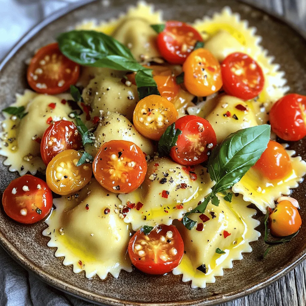 - 1 package of fresh cheese ravioli (about 9 oz) - 3 cups ripe cherry tomatoes, halved - 3 cloves garlic, minced - 1/4 cup fresh basil, chopped - 1 tablespoon olive oil - 1/2 teaspoon red pepper flakes (optional) - Salt and pepper to taste - Grated Parmesan cheese for serving (optional) Using fresh ingredients makes a big difference in this dish. Fresh ravioli taste better and have a nice texture. I recommend using brands like Giovanni Rana or Buitoni for great results. If you can’t find fresh ravioli, dried ravioli works, but cook it longer. For herbs, fresh basil is ideal. If you don’t have it, try dried basil. Just use less, as dried herbs are stronger. Fresh tomatoes add a sweet taste. If you can’t find cherry tomatoes, use small Roma tomatoes, but chop them smaller. Using good-quality olive oil also enhances the flavor. A high-grade olive oil can elevate your dish to new heights. This recipe shines when you pick the best ingredients. To cook the ravioli, start by bringing a large pot of salted water to a boil. Carefully add the ravioli to the boiling water. Cook them according to the package instructions, usually around 3 to 5 minutes. Stir gently to prevent them from sticking. To check if the ravioli are done, take one out and cut it in half. The filling should be hot and the pasta tender. Drain the ravioli in a colander, saving a little pasta water for later. This water helps to adjust the sauce later on. In a large skillet, heat the olive oil over medium heat. Add the minced garlic and cook for about 1 minute. You want the garlic to be fragrant but not browned. Next, add the halved cherry tomatoes to the skillet. Cook for about 5 to 7 minutes, stirring often. You want the tomatoes to soften and start to burst. This creates a fresh sauce. If you like a bit of heat, sprinkle in some red pepper flakes. Don’t forget to season with salt and pepper to taste. Once the tomatoes burst, it’s time to combine everything. Gently add the cooked ravioli to the skillet. Toss them with the tomato mixture to coat evenly. If the sauce seems dry, add a splash of the reserved pasta water. This helps to make a light, silky sauce. Finally, stir in the fresh basil just before serving. The heat from the pasta will wilt the basil, adding a lovely flavor. Serve hot and, if you like, sprinkle some grated Parmesan cheese on top for extra flavor. For the complete recipe, check out the Full Recipe. To boost the taste of your dish, add fresh herbs like thyme or oregano. You can also use a pinch of crushed garlic for extra zing. For a richer sauce, consider adding a splash of white wine while cooking the tomatoes. This adds depth and a slight tang. A teaspoon of balsamic vinegar can also enhance the sweetness of the tomatoes. When serving, place the ravioli in a shallow bowl. Top with the tomato mix, letting some sauce spill over. This gives a rustic look. For added color, sprinkle chopped basil on top. You can also use a few whole cherry tomatoes for visual appeal. A dusting of Parmesan cheese adds a nice touch, making it look gourmet. Avoid overcooking the ravioli. This can turn them mushy and less appealing. Always taste them about a minute before the package time ends. Also, season your sauce well. If it lacks flavor, the whole dish will too. Add salt and pepper gradually, tasting as you go to get it just right. {{image_2}} You can add protein to your ravioli dish. Chicken or shrimp works well. For chicken, use cooked, shredded pieces. For shrimp, choose medium-sized shrimp, peeled and deveined. Cook shrimp in the skillet for about three to four minutes until they turn pink. You can also grill or pan-sear the chicken before adding it to the dish. This gives your meal a tasty boost and keeps it filling. If you want a meat-free version, try adding more vegetables. Spinach, zucchini, or bell peppers add color and flavor. Sauté these veggies in the skillet with garlic and tomatoes. You can also use white beans for protein. They blend nicely with the sauce and keep the dish light. This way, you enjoy a tasty meal that’s still filling and healthy. You can change up the sauce base for a new twist. A classic tomato sauce is great, but you can also try a creamy sauce. Mix cream cheese or heavy cream into the tomato mix for a rich taste. A pesto sauce is another fun option. Blend fresh basil, garlic, nuts, and olive oil for a fresh flavor. Each option offers a unique taste while keeping the dish fresh and exciting. For the full recipe, check out the main article! To keep your ravioli fresh, refrigerate it right away. Place the ravioli in an airtight container. This will help prevent them from drying out. It is best to store the sauce separately if you have leftovers. This way, the ravioli stays soft and the sauce remains fresh. You can keep the dish in the fridge for about 3 to 4 days. After that, the flavor may fade. Always check for any signs of spoilage before eating. If you want to save ravioli for later, freezing is a great option. First, let the dish cool completely. Then, place the ravioli in a freezer-safe container. Make sure to leave some space for the ravioli to expand as they freeze. You can also use a freezer bag. Just remove as much air as possible. To reheat frozen ravioli, take it out of the freezer and let it thaw in the fridge overnight. You can also reheat it directly from the freezer. Boil water and gently add the frozen ravioli. Cook for 2 to 3 minutes until hot. You can also use a microwave, but be careful not to overcook it. This dish is best enjoyed fresh, so use it within 2 to 3 months for the best taste. For the [Full Recipe](#), you will find all the steps to make this tasty dish! To make homemade ravioli, follow these basic steps: - Make the dough: Mix flour and eggs until smooth. - Roll the dough: Use a pasta machine to thin it out. - Prepare the filling: Combine cheese, herbs, and spices. - Shape the ravioli: Place filling on dough, cover, and cut. - Cook the ravioli: Boil in salted water until they float. This process takes time but is rewarding. Fresh ravioli tastes amazing. Yes, you can use dried ravioli. Here are the differences: - Cooking time: Dried ravioli takes longer to cook. - Taste: Fresh ravioli has a softer, more delicate flavor. - Texture: Dried ravioli is firmer and chewier. If you’re in a hurry, dried ravioli works well. Just adjust the cooking time. Here are some great side dish ideas: - Garlic bread: A classic choice to soak up sauce. - Salad: A fresh green salad adds color and crunch. - Steamed veggies: Broccoli or asparagus are tasty options. These sides complement ravioli well and create a balanced meal. There are many creative ways to enhance flavor: - Add spices: Try Italian herbs like oregano and thyme. - Use sauces: A creamy sauce gives a rich taste. - Garnish: Top with nuts or extra cheese for texture. These tweaks make your dish more exciting and flavorful. This guide walks you through making a delicious cheese ravioli dish. You learned about fresh ingredients, easy cooking steps, and flavor-enhancing tips. Remember to avoid common mistakes, like overcooking the ravioli. Explore variations for proteins or veggies to fit your taste. With proper storage, you can enjoy leftovers too. Bringing these elements together makes every bite memorable. Try it, and enjoy a meal that delights.