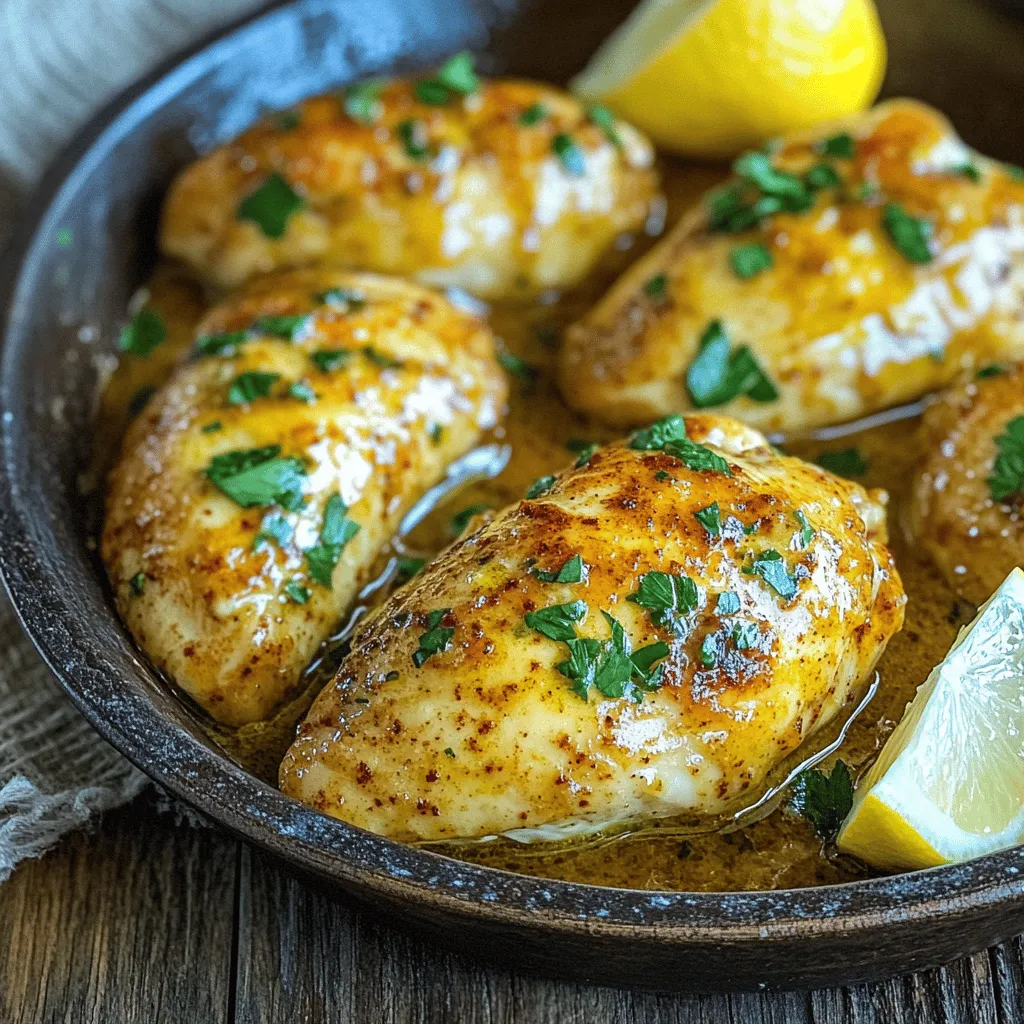 - 4 boneless, skinless chicken breasts - 1/2 cup unsalted butter, softened - 4 cloves garlic, minced - 1 tablespoon Dijon mustard - 1 tablespoon Worcestershire sauce - 2 tablespoons fresh parsley, chopped - 2 teaspoons smoked paprika - 1 teaspoon onion powder - 1 teaspoon cayenne pepper (adjust for spice level) - Salt and pepper, to taste - Juice of 1 lemon - Optional: Lemon wedges for serving To make Flavorful Cowboy Butter Chicken, you need simple ingredients. The chicken breasts serve as the main part of this dish. You also need butter. This makes the chicken rich and tasty. Garlic adds a nice kick. Dijon mustard and Worcestershire sauce give extra depth. For even more flavor, we add fresh parsley. It adds a bright touch. Smoked paprika gives it a warm, smoky taste. Onion powder adds sweetness. Cayenne pepper brings heat, but you can adjust it. Season with salt and pepper to enhance all these flavors. A squeeze of lemon juice brightens everything up. You can also serve with lemon wedges for a fresh twist. All these ingredients blend together to create a delicious meal. For the full recipe, check the instructions section. - Combine the cowboy butter mixture ingredients in a bowl. - Pat chicken breasts dry and season with salt and pepper. Start by mixing the cowboy butter in a bowl. You will need softened butter, minced garlic, Dijon mustard, Worcestershire sauce, smoked paprika, onion powder, cayenne pepper, lemon juice, and a pinch of salt and pepper. Stir until well-blended and smooth. Next, take your chicken breasts. Pat them dry with paper towels. This step helps the chicken brown better. Then, season both sides with salt and pepper. This simple seasoning adds great flavor. - Preheat the skillet and add prepared cowboy butter. - Cook chicken breasts until golden brown. Now, heat a large skillet over medium heat. It's important to let the skillet get hot. Once it’s warm, add a tablespoon of the cowboy butter mixture to the skillet. Carefully place the seasoned chicken breasts into the skillet. Cook each side for about 6-7 minutes. You want them golden brown and cooked through. This cooking step locks in the flavors from the cowboy butter. - Baste chicken with extra cowboy butter. - Let chicken rest before serving. As the chicken cooks, spoon extra cowboy butter over the breasts. This basting adds even more flavor and keeps the chicken moist. Once done, remove the chicken from the skillet. Let it rest for a couple of minutes. Resting allows the juices to settle. Serve the chicken drizzled with any remaining cowboy butter. Garnish with fresh parsley for a pop of color. For the Full Recipe, you can find the complete details and tips. Enjoy every bite! To cook your flavorful cowboy butter chicken evenly, I suggest using a heavy skillet. A cast iron or stainless steel skillet works great. These materials hold heat well, giving you an even cook every time. To get that perfect golden crust, make sure to pat your chicken dry. This helps the butter mix stick better. Also, don’t rush it! Cook the chicken over medium heat. This will help it brown nicely without burning. You can adjust the spice level to fit your taste. If you like it hot, add more cayenne pepper. For a milder flavor, use less or leave it out. Pair your cowboy butter chicken with simple sides. Creamy mashed potatoes or a fresh salad makes a great match. You can also serve it with rice or steamed veggies. These sides soak up the delicious butter sauce well. For more cooking ideas, check out the Full Recipe to explore all the flavors. {{image_2}} You can change the protein for a new taste. Instead of chicken, try shrimp or tofu. Both of these options soak up the cowboy butter well. This swap keeps the dish flavorful and exciting. For herbs, you can use basil or cilantro. These herbs add a fresh twist. If you want more depth, try rosemary. Each herb changes the dish’s taste and makes it unique. You can grill or pan-sear your chicken. Grilling gives it a smoky flavor. It also cooks quickly. Just make sure to baste it with cowboy butter while grilling. If you prefer pan-searing, follow the original recipe. Heat your skillet, add butter, and cook the chicken. It gets crispy on the outside and juicy inside. You can also bake cowboy butter chicken in the oven. Preheat to 400°F (200°C). Place the chicken in a baking dish and cover it with the cowboy butter. Bake for about 25-30 minutes. This method is easy and keeps the chicken moist. For the full recipe, check back to the main recipe section. To keep your cowboy butter chicken fresh, store leftovers in a proper way. First, let the chicken cool down at room temperature. Once cool, place it in an airtight container. This helps keep it moist and tasty. Use a glass or plastic container with a secure lid. You can also wrap the chicken in foil or plastic wrap before putting it in a container. This extra layer protects the chicken. To reheat your delicious cowboy butter chicken, use the oven or a skillet. Both methods keep the chicken juicy. If using the oven, preheat it to 350°F (175°C). Place the chicken on a baking dish, cover it with foil, and heat for about 15-20 minutes. If you prefer a skillet, add a little butter over medium heat. Cook the chicken for about 5-7 minutes, turning it to heat evenly. This method helps the chicken stay flavorful and moist. Enjoy your leftovers just as much as the first time! What is the best way to serve Cowboy Butter Chicken? Serve Cowboy Butter Chicken hot. Drizzle the extra cowboy butter on top. Add lemon wedges for a fresh touch. This dish pairs well with rice, potatoes, or a green salad. Can I make this recipe ahead of time? Yes, you can prepare the cowboy butter mixture ahead. Store it in the fridge for up to three days. Cook the chicken right before serving for the best taste. Is there a vegetarian version of Cowboy Butter Chicken? You can make a vegetarian version using firm tofu or mushrooms. Just replace the chicken with your choice of protein. Follow the same cooking steps for great flavor. What should I do if the chicken is dry? If the chicken is dry, try using a meat thermometer next time. Chicken should be cooked to 165°F. Basting with the cowboy butter while cooking helps keep it moist. How to replace ingredients if I run out? If you run out of an ingredient, here are some swaps: - Use olive oil instead of butter. - Substitute garlic powder for fresh garlic. - Try apple cider vinegar if you lack Worcestershire sauce. These swaps can still give you tasty results! You learned how to make Cowboy Butter Chicken with great flavor and simple steps. We covered the key ingredients, preparation, and cooking tips. Remember, adjust spices to fit your taste and try different proteins if you want a change. Storing and reheating leftovers keeps your meal fresh and delicious. Enjoy making this dish to impress family and friends. Cook with confidence and have fun in the kitchen!