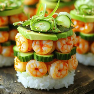 - 1 pound shrimp, peeled and deveined - 1 cup sushi rice - 1 avocado, sliced - ½ cucumber, julienned - 2 green onions, thinly sliced - 1 tablespoon sriracha sauce - 2 teaspoons sesame oil - 1 teaspoon soy sauce - 2 tablespoons rice vinegar - 1 tablespoon sugar - ½ teaspoon salt - Nori sheets, cut into strips (for garnish) - Sesame seeds (for garnish) - Ring mold - Skillet - Measuring cups - Medium saucepan - Fork These ingredients and tools make the Spicy Shrimp Sushi Stacks easy to prepare. Each item plays a key role in building layers of taste and texture. The shrimp gives a delightful protein base, while sushi rice adds a satisfying bite. The avocado and cucumber lend creaminess and crunch. Seasoning with sriracha and sesame oil gives it that spicy kick. Use a ring mold for neat stacks, making your dish look as good as it tastes. Happy cooking! Start by rinsing the sushi rice. Place it in a bowl and cover it with cold water. Swirl the rice gently. Drain the water and repeat until it runs clear. This step removes excess starch. Next, combine the rinsed rice with 1 ½ cups of water in a medium saucepan. Bring it to a boil. Once boiling, lower the heat, cover, and let it simmer for about 18-20 minutes. The rice should be tender when done. After cooking, fluff the rice with a fork. Now it’s time to season the rice. In a separate bowl, mix 2 tablespoons of rice vinegar, 1 tablespoon of sugar, and ½ teaspoon of salt. Stir until everything dissolves. Gently fold this mixture into the cooked rice. This adds a nice flavor. Let the rice cool to room temperature. For the shrimp, start by marinating. In a bowl, mix 1 pound of shrimp with 1 tablespoon of sriracha, 2 teaspoons of sesame oil, and 1 teaspoon of soy sauce. Make sure the shrimp is well-coated. Let it marinate for 15-20 minutes. This time helps the shrimp soak up the flavors. Now, let’s cook the shrimp. Heat a skillet over medium heat. Add the marinated shrimp and cook for about 3-4 minutes on each side. The shrimp should turn pink and be fully cooked. Once done, remove them from the heat and set aside. Now comes the fun part—assembling your sushi stacks! Grab a ring mold or a small cup. Start layering the ingredients. Begin with a layer of sushi rice in the bottom. Press it down gently. Next, add a layer of cooked shrimp, followed by a layer of sliced avocado and a layer of julienned cucumber. Repeat these layers until you reach 2-3 stacks per serving. For the final touch, it’s time to garnish. Carefully lift the ring mold off the stack. Top your sushi stacks with sliced green onions and a sprinkle of sesame seeds. Lastly, add a strip of nori on top for that extra flair. For the full recipe, check the details above. Enjoy crafting this simple and flavorful dish! To make great sushi rice, start with rinsing. Rinse the rice under cold water. Keep rinsing until the water runs clear. This step removes excess starch. It helps the rice cook evenly. After rinsing, cook the rice. In a medium pot, combine the rice and water. Bring it to a boil, then lower the heat. Cover the pot and let it simmer for 18-20 minutes. This method makes the rice tender and fluffy. Cooking shrimp may seem tricky, but it’s simple. First, marinate the shrimp with sriracha, sesame oil, and soy sauce. Let it sit for 15-20 minutes. This gives the shrimp great flavor. Next, heat a skillet over medium heat. Add the marinated shrimp and cook for 3-4 minutes on each side. Look for a pink color; it means they are done. Avoid overcooking the shrimp. Overcooked shrimp can turn rubbery. Presentation makes your dish shine. Use a ring mold or cup to stack the sushi. Start with a layer of sushi rice. Then, add a layer of shrimp, followed by avocado and cucumber. Repeat the layers for height and color. When you lift the mold, it creates a beautiful stack. Top the sushi stacks with sliced green onions and sesame seeds. Add a strip of nori for a finishing touch. This makes your sushi stacks look gourmet and appetizing. {{image_2}} You can easily swap ingredients in your sushi stacks. If you want a different protein, try crab or tofu. Both work well and add unique flavors. For a veggie option, use roasted sweet potatoes or grilled zucchini. They give a nice texture and taste. Want to kick up the flavor? Add spicy mayo on top of your stacks. It brings creaminess and heat. Pickled ginger is another great choice. It adds a sweet and tangy twist that pairs well with shrimp. You can even mix in some sesame seeds for extra crunch. If you need a gluten-free version, use tamari instead of soy sauce. It tastes just as good and keeps the flavors intact. For a vegan option, substitute shrimp with marinated mushrooms or chickpeas. Both provide a hearty base and soak up flavors well. To store leftover sushi stacks, place them in an airtight container. Keep the container in the fridge. It’s best to eat the stacks within two days for the best taste. The shrimp and rice can dry out if stored too long. You can freeze sushi stacks if you want to keep them longer. Wrap each stack tightly in plastic wrap. Then, place them in a freezer bag. When ready to eat, thaw them in the fridge overnight. Reheat gently in a pan on low heat, so they do not get tough. To keep ingredients fresh before assembly, store shrimp and vegetables separately. Put shrimp in the coldest part of the fridge. Keep avocado and cucumber in a cool place. Slice them just before use. This way, everything stays crisp and tasty. The best rice for sushi is sushi rice, also known as short-grain rice. This rice is sticky and helps the sushi hold its shape. It absorbs flavors well and creates a great texture. Always rinse the rice until the water runs clear. This step removes excess starch and makes the rice fluffy. Yes, you can make sushi stacks ahead of time. However, it’s best to assemble them just before serving. If you prepare the rice and shrimp in advance, store them separately in the fridge. This keeps them fresh. Also, slice the vegetables just before you stack them to maintain their crispness. To add more spice, use extra sriracha in the marinade. You can also mix sriracha with mayonnaise for a spicy mayo drizzle. If you like heat, include sliced jalapeños or a sprinkle of chili flakes on top. Each addition will boost the flavor and heat of your spicy shrimp sushi stacks. Yes, you can substitute shrimp with other proteins. Cooked crab, scallops, or even tofu work well. Each option will change the taste but keep the dish delicious. Choose a protein that you enjoy and adjust the marinade to match your flavor preference. If you don’t have sushi mats, don’t worry! You can use a ring mold or a small cup to shape your sushi stacks. Simply layer the ingredients inside and press down gently. This method works well and still gives you beautiful stacks. Absolutely! To make it vegetarian, skip the shrimp and add more veggies. Consider using marinated tofu, avocado, and pickled vegetables. These ingredients will give the dish a fresh flavor and keep it satisfying. You learned how to make tasty shrimp sushi stacks. We covered key ingredients like shrimp, rice, and avocado. I shared how to prepare sushi rice and cook the shrimp. Assembling and presenting beautifully layered stacks can impress anyone. Remember, you can tweak this recipe with different toppings or flavors. Store any leftovers correctly for freshness. Enjoy making this fun dish and share your creations. Making sushi at home is a rewarding way to explore new flavors and skills.