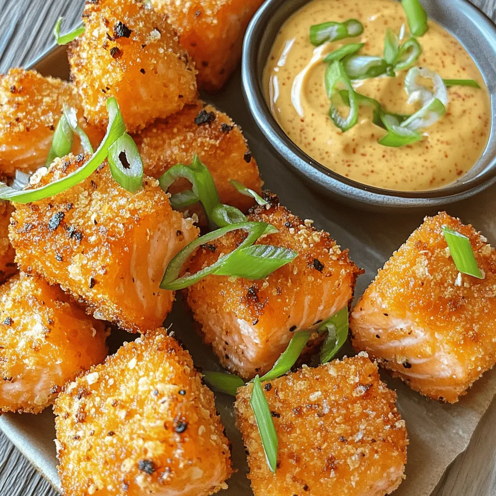 - 1 lb salmon fillet, skinless and boneless - 1 cup panko breadcrumbs - 1/2 cup all-purpose flour - 2 large eggs - 1 teaspoon garlic powder - 1 teaspoon paprika - 1/2 teaspoon salt - 1/2 teaspoon black pepper - 1/3 cup mayonnaise - 2 tablespoons sweet chili sauce - 1 tablespoon sriracha (adjust for heat preference) - 1 green onion, thinly sliced Gathering the right ingredients is key to making Easy Bang Bang Salmon Bites. You need fresh salmon fillet, panko breadcrumbs, flour, and eggs for the bites. The panko gives a nice crunch. For flavor, add garlic powder, paprika, salt, and pepper. The sauce is simple but tasty. You mix mayonnaise, sweet chili sauce, and sriracha. Adjust the sriracha for your spice level. Finally, top your bites with green onion for color and taste. You can find the full recipe with detailed steps to guide you through this fun dish. Enjoy making these easy, crispy bites! - Cut the salmon fillet into bite-sized cubes, about 1 inch wide. - Pat the cubes dry with paper towels. This helps them fry better. - Prepare three separate bowls. - In one bowl, place flour mixed with garlic powder. - In the second bowl, mix panko breadcrumbs with paprika. - In the last bowl, beat the eggs, seasoning them with salt and pepper. - Dip each salmon cube in the flour first. Make sure it’s fully coated. - Shake off any extra flour. Next, dip it into the beaten eggs. - Finally, coat the cube with panko breadcrumbs, pressing lightly. - Heat about 1/4 inch of vegetable oil in a large skillet over medium heat. - Once the oil is hot, add the salmon bites in batches. - Fry them for about 3-4 minutes on each side. Look for a golden brown color. - Remove the cooked bites and place them on a paper towel to drain excess oil. - Serve them hot with the Bang Bang sauce for a tasty dip. To get crispy salmon bites, start by drying the salmon well. Moisture makes the coating soggy. Use paper towels to pat your salmon cubes dry. This step is key for that nice crunch. Next, adjust your frying temperature. The oil needs to be hot but not smoking. Aim for about 350°F (175°C). If it's too cool, the bites absorb oil and become greasy. If too hot, they burn. Finding the right balance is essential. Bang Bang sauce is versatile and easy to tweak. You can mix the base with different flavors. Try adding honey for sweetness or lime juice for a zesty kick. You can even play with different hot sauces to match your taste. Worried about spice levels? Start with less sriracha and taste as you go. You can always add more if you like heat. Make it your own! Serve these salmon bites with sides that balance their flavor. A fresh green salad pairs well. You can also try rice or quinoa for a filling meal. Dipping sauces can elevate your bites even more. Besides Bang Bang sauce, consider tartar sauce or a tangy yogurt dip. Each option adds a unique twist, making your meal even more delightful. Enjoy your cooking! {{image_2}} You can switch salmon for shrimp or chicken. Shrimp cooks fast, about 2-3 minutes per side. Chicken takes longer, around 5-6 minutes per side. Make sure to cut chicken into small pieces for even cooking. Adjust cooking times to keep all proteins juicy and tender. For a gluten-free dish, use almond flour or coconut flour instead of all-purpose flour. For breadcrumbs, try using crushed cornflakes or gluten-free panko. These options keep the crunch while making the dish suitable for gluten-sensitive folks. Add citrus zest to the mix for a bright taste. Lemon or lime zest works well. You can also mix in fresh herbs like cilantro or parsley for a fresh touch. These small changes can elevate the dish and surprise your taste buds. To keep your salmon bites fresh, use an airtight container. This helps lock in moisture and flavor. Place them in the fridge right after they cool down. They will last for up to three days. Make sure to separate layers with parchment paper to avoid sticking. To keep your salmon bites crispy, use the oven. Preheat it to 350°F (175°C). Place the bites on a baking sheet and heat for about 10 minutes. This method prevents sogginess. The microwave can heat them, but it may make them soft. If you must use the microwave, set it on low power for short bursts. You can freeze salmon bites before or after cooking. If freezing raw, coat them and freeze on a tray. Once firm, transfer them to a freezer bag. If cooked, let them cool and place in a container. They can last up to three months in the freezer. When ready, thaw them overnight in the fridge. Then, reheat as described above. To keep the salmon bites crispy, moisture control is key. Start by patting the salmon cubes dry with a paper towel. This step helps reduce steam during frying. Next, use panko breadcrumbs. They are lighter and crispier than regular breadcrumbs. Fry in hot oil, about 350°F. If the oil is not hot enough, the salmon will absorb too much oil and turn soggy. Fry in small batches. This ensures even cooking and crispiness. Yes, you can make the Bang Bang sauce ahead of time. In the fridge, it lasts about 3 to 5 days. Store it in an airtight container. This helps keep it fresh. When you're ready to use it, give it a quick stir. If it thickens, add a little water or mayo to loosen it up. Many sauces go well with salmon bites. Besides Bang Bang sauce, try tartar sauce or a lemon aioli for a fresh twist. A spicy mayo or even a sweet soy dip can add nice flavors too. Experiment with different options to find your favorite! Cooking salmon bites takes about 15 to 20 minutes. This time includes prep and frying. Once your salmon is cut and coated, it takes about 3-4 minutes to fry each batch. Keep an eye on them to get that perfect golden color! In this post, you learned how to make crispy salmon bites. We covered the ingredients, from salmon and panko to the spicy Bang Bang sauce. I shared step-by-step instructions and helpful tips to ensure perfect bites every time. You can also explore variations like using shrimp or gluten-free options. For storage, I provided guidance on keeping leftovers fresh. With these tips, you can enjoy cooking and impressing others with delicious salmon bites. Enjoy making them for your family or friends!