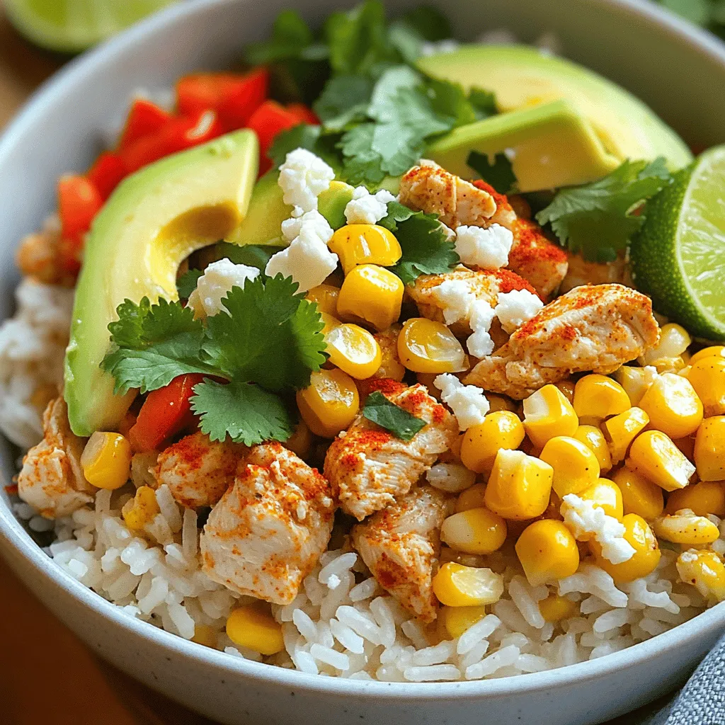 - 2 cups cooked jasmine rice - 1 pound boneless, skinless chicken breasts, diced - 1 cup frozen sweet corn, thawed - 1 red bell pepper, diced - 1 small red onion, finely chopped - 1 avocado, sliced - 1/4 cup fresh cilantro, chopped - 2 tablespoons olive oil - 1 teaspoon smoked paprika - 1 teaspoon garlic powder - 1 teaspoon cumin - Salt and pepper to taste - Juice of 1 lime - Crumbled feta cheese (optional) This dish is easy and fun to make. You’ll need the main ingredients first. For this bowl, I use jasmine rice. It has a nice texture and flavor. You want two cups, cooked and ready. Next, I choose chicken breasts. They are easy to dice and cook quickly, about one pound is perfect. Now, let’s talk about the veggies. Sweet corn adds a nice pop of flavor. I use one cup of frozen corn, and it thaws fast. Next, I add a red bell pepper. It gives a sweet crunch. A small red onion adds a nice bite, too. Don't forget the creamy avocado. One sliced avocado on top makes it special. Finally, I finish with fresh cilantro. It adds a bright touch. For seasonings, I keep it simple but tasty. You need olive oil to cook the chicken. Two tablespoons work well. The smoked paprika gives a nice smoky flavor. You’ll want one teaspoon. Garlic powder adds depth, so grab one teaspoon of that, too. Cumin gives warmth, and one teaspoon is enough. Season with salt and pepper to taste. Don’t forget the zing! Juice from one lime brightens the dish. If you want to get fancy, add crumbled feta cheese on top. The creamy cheese adds a nice finish. For this full recipe, check out the details to enjoy this Easy Street Corn Chicken Rice Bowl. First, grab a large skillet and heat some olive oil over medium heat. Add the diced chicken to the pan. Sprinkle in smoked paprika, garlic powder, cumin, salt, and pepper. Cook the chicken for about 6 to 7 minutes. It should turn golden brown and be fully cooked. Next, stir in the thawed corn, diced red bell pepper, and finely chopped onion. Cook this mix for another 3 to 4 minutes. You want the veggies to be soft but still bright in color. While the chicken and veggies cook, warm up your jasmine rice in a separate pot. Keep the heat low to avoid burning. Add the juice of one lime and half of the chopped cilantro. This step adds a zesty flavor that ties the dish together. Now it's time to build your bowl! Start with a layer of the lime-infused rice at the bottom. On top of the rice, add the chicken and vegetable mixture. This creates a beautiful, colorful base. Finish off your bowl with sliced avocado on top. If you like, sprinkle some crumbled feta cheese for a creamy touch. This adds a nice contrast to the fresh flavors in your dish. For the full recipe, check the recipe link above. Enjoy your tasty creation! To make the Easy Street Corn Chicken Rice Bowl even better, adjust your seasonings. If you like heat, add a pinch of cayenne pepper or some chopped jalapeños. You can also swap smoked paprika for regular paprika if you prefer a milder taste. Try adding a splash of soy sauce or a dash of hot sauce. This will give your dish a unique twist. Remember to taste as you go. Adjust salt and pepper to make sure each bite bursts with flavor. A well-presented meal makes for a great dining experience. Start by placing the rice in the center of the bowl. Then, carefully layer the chicken and veggie mix on top. For a colorful touch, add sliced avocado around the edges. Sprinkle fresh cilantro on top for a pop of green. Serve with a lime wedge for a fresh look. If you want extra flair, use crumbled feta cheese. It adds a nice creamy texture. To keep the chicken juicy and tender, do not overcook it. Cook the chicken until it turns golden brown, which should take about 6-7 minutes. Always use a meat thermometer to check its doneness. The chicken should reach 165°F (75°C). Let the chicken rest for a minute after cooking. This helps retain juices. For added moisture, consider marinating the chicken in lime juice for 30 minutes before cooking. This will enhance flavor and tenderness. {{image_2}} You can make this dish vegetarian by swapping out the chicken. Use firm tofu or canned beans instead. Tofu adds a nice texture and soaks up flavor well. Cut it into cubes and sauté it just like the chicken. If you pick beans, black beans or chickpeas work best. They add protein and keep the bowl filling. Do you like heat? You can add a spicy kick easily. Slice fresh jalapeños and mix them in with the veggies. For more heat, drizzle your favorite hot sauce over the top. Try a few dashes of chili powder in the chicken as it cooks. This gives your rice bowl a zesty flavor that wakes up your taste buds. If you want to switch up the grain, try quinoa or brown rice. Quinoa is high in protein and cooks quickly. It has a nutty taste that pairs nicely with the other flavors. Brown rice adds a chewy texture and more fiber. Both options keep the dish healthy and interesting. You can even mix grains for more variety. For the full recipe, check out the Easy Street Corn Chicken Rice Bowl. To keep your Easy Street Corn Chicken Rice Bowl fresh, store leftovers in an airtight container. Make sure to cool the bowl to room temperature first. Place it in the fridge and enjoy it within three days. This method helps keep the rice tender and the chicken juicy. If you want to store your rice bowl for longer, freezing is a great option. First, let it cool completely. Then, divide the bowl into single servings. Use freezer-safe bags or containers to store each portion. Label them with the date and enjoy them within three months for the best taste. When you’re ready to eat your rice bowl, reheating it properly is key. You can use the microwave or the stovetop. If using a microwave, heat in short bursts of one minute, stirring in between. For the stovetop, place the bowl in a pan and add a splash of water. Cover and heat on low until warm. This keeps the rice fluffy and the chicken moist, just like when it was fresh. You can use several rice types or grains. Here are some tasty options: - Basmati Rice: This has a nice aroma and fluffy texture. - Brown Rice: A healthy choice, rich in fiber. - Quinoa: A great gluten-free option that adds protein. - Cauliflower Rice: A low-carb choice for a lighter bowl. Each of these options will change the dish's flavor and texture, but they all work well. Yes, you can make this recipe ahead of time. Here are some tips to help you: - Cook the Components Separately: Store the chicken, rice, and veggies in separate containers. This keeps everything fresh. - Cool Before Storing: Let the food cool down to room temp before you put it in the fridge. This helps prevent sogginess. - Meal Prep: You can prepare the whole bowl and keep it in the fridge for up to three days. Just add toppings like avocado before serving. The Easy Street Corn Chicken Rice Bowl lasts about three to four days in the fridge. Make sure to: - Store in an Airtight Container: This helps keep the flavors and freshness. - Check for Signs of Spoilage: If you notice any off smells or changes in color, it’s best to discard it. Eating leftovers is great, but always ensure your food is safe to enjoy! This article covered how to make an Easy Street Corn Chicken Rice Bowl. You learned the key ingredients, cooking steps, and tips for great flavor. I shared how to customize your bowl with variations, making it unique. Additionally, you gained storage and reheating tips to keep leftovers fresh. Enjoy this dish as a tasty meal any night. It is simple to make and packed with flavor. Now, go ahead and try making your own version. You’ll impress yourself and others!