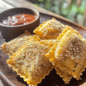 To make crispy toasted ravioli, gather these key ingredients: - 12 oz frozen cheese ravioli - 1 cup all-purpose flour - 2 large eggs - 1 cup breadcrumbs (preferably Italian-style) - 1/2 cup grated Parmesan cheese - 1 tablespoon Italian seasoning - 1 teaspoon garlic powder - Salt and pepper to taste - Cooking oil for frying - Marinara sauce (for dipping) Each ingredient plays a key role. The ravioli gives a nice base, while the cheese and seasoning add depth. The flour helps the breading stick, and the eggs bind it all together. Breadcrumbs give that satisfying crunch. You can switch up the fillings if you like. Try meat, spinach, or mushrooms. Each choice adds a new flavor. Cheese and spinach are easy and tasty. For a twist, use a mix of cheeses or add some heat with spicy sausage. Frozen cheese ravioli works best for this recipe. It holds up well when frying. You can also use fresh ravioli if you want. Just make sure it’s not too watery. The thicker the pasta, the better it will toast. For the full recipe, check out the Crispy Toasted Ravioli Delight 🥟. To start, boil a large pot of salted water. This helps flavor the ravioli. Add 12 oz of frozen cheese ravioli to the pot. Cook them according to the package, usually for 4-5 minutes. They should be tender but firm, or al dente. Once cooked, drain the ravioli and let them cool on a plate. Next, you need to set up a breading station. Grab three shallow dishes. In the first dish, add 1 cup of all-purpose flour. In the second, whisk two large eggs until they blend. In the third dish, mix 1 cup of breadcrumbs, 1/2 cup of grated Parmesan cheese, 1 tablespoon of Italian seasoning, 1 teaspoon of garlic powder, salt, and pepper to taste. Now it’s time to bread the ravioli. Take a ravioli and dip it in the flour first. Shake off any extra flour. Next, dip it into the eggs, letting the excess drip off. Finally, coat it with the breadcrumb mixture, pressing gently to ensure it sticks. Repeat this for each ravioli. Now, heat about 1/2 inch of cooking oil in a large skillet over medium heat. To test if the oil is ready, drop in a small piece of breadcrumb. If it sizzles, you’re good to go. Carefully place the breaded ravioli in the hot oil in batches. Fry them for about 2-3 minutes on each side. Look for a golden brown color and crispy texture. Avoid overcrowding the pan; this keeps the oil hot. Once cooked, transfer the toasted ravioli to a plate lined with paper towels. This helps drain excess oil. Serve them hot with marinara sauce for dipping. Enjoy your crispy, flavorful snack! For detailed steps, check the Full Recipe. To get that perfect crunch, start with dry ravioli. Make sure to drain them well after cooking. This helps avoid soggy bites. Next, use a mix of breadcrumbs. Italian-style gives great flavor. Coat each ravioli well. Don’t rush this step. The more even the coating, the better the crunch will be. Fry them in hot oil, about 350°F. If the oil is too cold, they will absorb too much oil and won’t be crispy. One common mistake is overcrowding the pan. This lowers the oil's temperature and leads to soggy ravioli. Fry in smaller batches for best results. Another mistake is not seasoning the breadcrumbs. Adding salt and spices to the mix enhances flavor. Lastly, don’t skip the cooling step after frying. Let them sit on a paper towel to remove excess oil. This keeps them crispy until served. Toasted ravioli pairs well with marinara sauce for dipping. You can also try pesto or ranch for a fun twist. For a meal, serve them with a fresh salad. A simple arugula salad with lemon dressing complements the flavor nicely. You can also add some grated cheese on top for extra taste. Enjoy them as a snack or part of a meal! For the full recipe, check out the detailed instructions above. {{image_2}} Toasted ravioli is fun because you can fill it with many tasty options. You can use cheese, meat, or veggies. Cheese-filled ravioli works great for a classic taste. Meat options like beef or sausage add a hearty twist. For a lighter dish, try spinach and ricotta. You can be creative with what you put inside. Just make sure the filling is not too wet. The right dipping sauce can make your toasted ravioli shine. Marinara is the classic choice, but you can mix it up. Try a creamy Alfredo sauce for a rich flavor. A spicy arrabbiata sauce adds heat and excitement. For a unique twist, try pesto or a garlic butter sauce. Each sauce brings out different flavors in the ravioli. You can bake or fry your toasted ravioli, and both methods have their perks. Frying gives you a golden, crispy texture that many love. It takes less time and adds a nice crunch. However, frying can add more fat. Baking is a healthier option, but it may not be as crispy. It takes longer and might need a little oil spray for a good finish. Choose the method that fits your taste and health goals. If you have leftover toasted ravioli, place them in an airtight container. Make sure they are cool before sealing the container. This keeps them crispy longer. Store them in the fridge for up to three days. You can also put them on a plate and cover with plastic wrap if you prefer. To freeze pre-cooked toasted ravioli, let them cool completely. Spread them on a baking sheet in a single layer. This prevents them from sticking. Freeze for about an hour, then transfer to a freezer bag. Squeeze out as much air as you can. They will keep well for up to two months. To reheat your toasted ravioli, use the oven for the best results. Preheat your oven to 375°F (190°C). Place the ravioli on a baking sheet. Heat them for about 10-12 minutes, or until crispy again. You can also use an air fryer. Set it to 350°F (175°C) and heat for about 5-7 minutes. Avoid the microwave, as it makes them soggy. Enjoy your crispy snack! You can find the Full Recipe for making these delightful bites in the article. Cooking toasted ravioli takes about 30 minutes. Start by boiling the frozen ravioli for 4-5 minutes. You then need time for breading and frying. Fry each batch for 2-3 minutes until golden brown. Yes, you can make toasted ravioli ahead of time. Cook and bread them, then freeze before frying. When you’re ready, just fry them straight from the freezer. This keeps them fresh and tasty. Toasted ravioli comes from St. Louis, Missouri. Local chefs created this dish, frying ravioli to make it crispy. It quickly became a popular snack in local restaurants. Now, it’s loved by many across the country. To find the best toasted ravioli, check local Italian restaurants. Ask friends for their favorites or look at online reviews. You can also explore food festivals and fairs, where local chefs showcase their versions. For a great homemade option, try the full recipe I shared above! Toasted ravioli is a tasty dish with many ways to enjoy it. We explored key ingredients, variations, and the best types for toasting. I shared steps to make them crispy and tips to avoid mistakes. You can also store or freeze leftovers easily. With all the options for fillings and dips, this dish is sure to impress. Remember, whether baked or fried, the goal is to enjoy each bite. Try different flavors and have fun making it your own!
