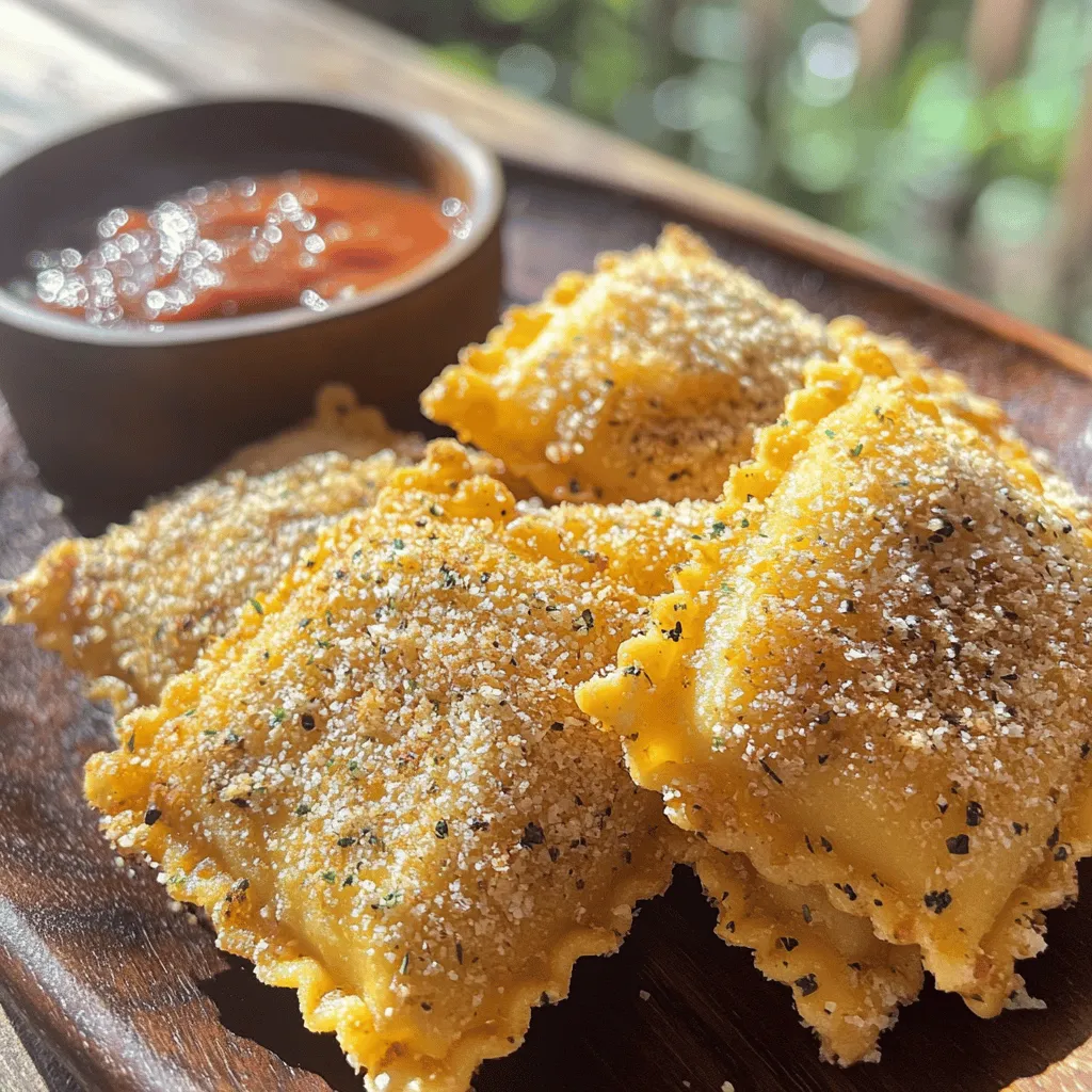 To make crispy toasted ravioli, gather these key ingredients: - 12 oz frozen cheese ravioli - 1 cup all-purpose flour - 2 large eggs - 1 cup breadcrumbs (preferably Italian-style) - 1/2 cup grated Parmesan cheese - 1 tablespoon Italian seasoning - 1 teaspoon garlic powder - Salt and pepper to taste - Cooking oil for frying - Marinara sauce (for dipping) Each ingredient plays a key role. The ravioli gives a nice base, while the cheese and seasoning add depth. The flour helps the breading stick, and the eggs bind it all together. Breadcrumbs give that satisfying crunch. You can switch up the fillings if you like. Try meat, spinach, or mushrooms. Each choice adds a new flavor. Cheese and spinach are easy and tasty. For a twist, use a mix of cheeses or add some heat with spicy sausage. Frozen cheese ravioli works best for this recipe. It holds up well when frying. You can also use fresh ravioli if you want. Just make sure it’s not too watery. The thicker the pasta, the better it will toast. For the full recipe, check out the Crispy Toasted Ravioli Delight 🥟. To start, boil a large pot of salted water. This helps flavor the ravioli. Add 12 oz of frozen cheese ravioli to the pot. Cook them according to the package, usually for 4-5 minutes. They should be tender but firm, or al dente. Once cooked, drain the ravioli and let them cool on a plate. Next, you need to set up a breading station. Grab three shallow dishes. In the first dish, add 1 cup of all-purpose flour. In the second, whisk two large eggs until they blend. In the third dish, mix 1 cup of breadcrumbs, 1/2 cup of grated Parmesan cheese, 1 tablespoon of Italian seasoning, 1 teaspoon of garlic powder, salt, and pepper to taste. Now it’s time to bread the ravioli. Take a ravioli and dip it in the flour first. Shake off any extra flour. Next, dip it into the eggs, letting the excess drip off. Finally, coat it with the breadcrumb mixture, pressing gently to ensure it sticks. Repeat this for each ravioli. Now, heat about 1/2 inch of cooking oil in a large skillet over medium heat. To test if the oil is ready, drop in a small piece of breadcrumb. If it sizzles, you’re good to go. Carefully place the breaded ravioli in the hot oil in batches. Fry them for about 2-3 minutes on each side. Look for a golden brown color and crispy texture. Avoid overcrowding the pan; this keeps the oil hot. Once cooked, transfer the toasted ravioli to a plate lined with paper towels. This helps drain excess oil. Serve them hot with marinara sauce for dipping. Enjoy your crispy, flavorful snack! For detailed steps, check the Full Recipe. To get that perfect crunch, start with dry ravioli. Make sure to drain them well after cooking. This helps avoid soggy bites. Next, use a mix of breadcrumbs. Italian-style gives great flavor. Coat each ravioli well. Don’t rush this step. The more even the coating, the better the crunch will be. Fry them in hot oil, about 350°F. If the oil is too cold, they will absorb too much oil and won’t be crispy. One common mistake is overcrowding the pan. This lowers the oil's temperature and leads to soggy ravioli. Fry in smaller batches for best results. Another mistake is not seasoning the breadcrumbs. Adding salt and spices to the mix enhances flavor. Lastly, don’t skip the cooling step after frying. Let them sit on a paper towel to remove excess oil. This keeps them crispy until served. Toasted ravioli pairs well with marinara sauce for dipping. You can also try pesto or ranch for a fun twist. For a meal, serve them with a fresh salad. A simple arugula salad with lemon dressing complements the flavor nicely. You can also add some grated cheese on top for extra taste. Enjoy them as a snack or part of a meal! For the full recipe, check out the detailed instructions above. {{image_2}} Toasted ravioli is fun because you can fill it with many tasty options. You can use cheese, meat, or veggies. Cheese-filled ravioli works great for a classic taste. Meat options like beef or sausage add a hearty twist. For a lighter dish, try spinach and ricotta. You can be creative with what you put inside. Just make sure the filling is not too wet. The right dipping sauce can make your toasted ravioli shine. Marinara is the classic choice, but you can mix it up. Try a creamy Alfredo sauce for a rich flavor. A spicy arrabbiata sauce adds heat and excitement. For a unique twist, try pesto or a garlic butter sauce. Each sauce brings out different flavors in the ravioli. You can bake or fry your toasted ravioli, and both methods have their perks. Frying gives you a golden, crispy texture that many love. It takes less time and adds a nice crunch. However, frying can add more fat. Baking is a healthier option, but it may not be as crispy. It takes longer and might need a little oil spray for a good finish. Choose the method that fits your taste and health goals. If you have leftover toasted ravioli, place them in an airtight container. Make sure they are cool before sealing the container. This keeps them crispy longer. Store them in the fridge for up to three days. You can also put them on a plate and cover with plastic wrap if you prefer. To freeze pre-cooked toasted ravioli, let them cool completely. Spread them on a baking sheet in a single layer. This prevents them from sticking. Freeze for about an hour, then transfer to a freezer bag. Squeeze out as much air as you can. They will keep well for up to two months. To reheat your toasted ravioli, use the oven for the best results. Preheat your oven to 375°F (190°C). Place the ravioli on a baking sheet. Heat them for about 10-12 minutes, or until crispy again. You can also use an air fryer. Set it to 350°F (175°C) and heat for about 5-7 minutes. Avoid the microwave, as it makes them soggy. Enjoy your crispy snack! You can find the Full Recipe for making these delightful bites in the article. Cooking toasted ravioli takes about 30 minutes. Start by boiling the frozen ravioli for 4-5 minutes. You then need time for breading and frying. Fry each batch for 2-3 minutes until golden brown. Yes, you can make toasted ravioli ahead of time. Cook and bread them, then freeze before frying. When you’re ready, just fry them straight from the freezer. This keeps them fresh and tasty. Toasted ravioli comes from St. Louis, Missouri. Local chefs created this dish, frying ravioli to make it crispy. It quickly became a popular snack in local restaurants. Now, it’s loved by many across the country. To find the best toasted ravioli, check local Italian restaurants. Ask friends for their favorites or look at online reviews. You can also explore food festivals and fairs, where local chefs showcase their versions. For a great homemade option, try the full recipe I shared above! Toasted ravioli is a tasty dish with many ways to enjoy it. We explored key ingredients, variations, and the best types for toasting. I shared steps to make them crispy and tips to avoid mistakes. You can also store or freeze leftovers easily. With all the options for fillings and dips, this dish is sure to impress. Remember, whether baked or fried, the goal is to enjoy each bite. Try different flavors and have fun making it your own!