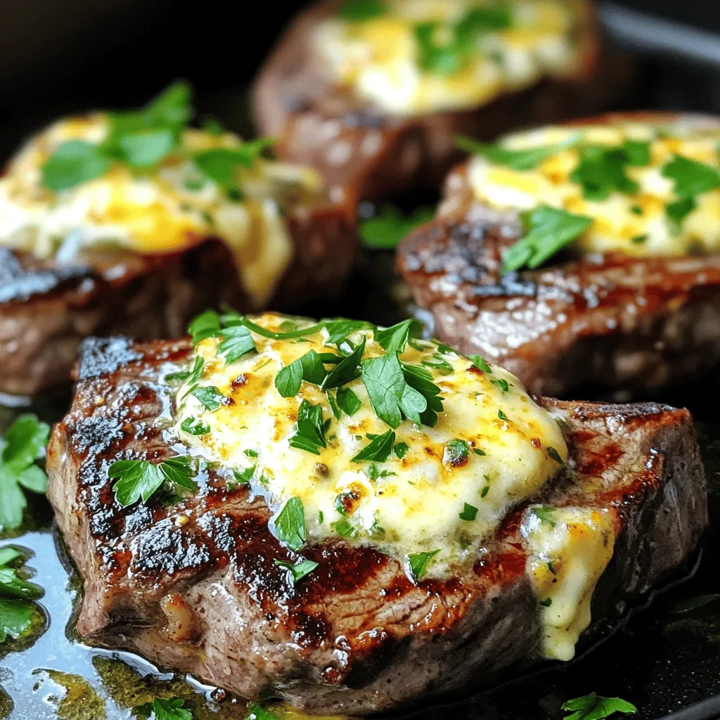 - 2 ribeye steaks (1-inch thick) - 4 tablespoons unsalted butter, softened - 3 cloves garlic, minced - 1 teaspoon dried Italian herbs (oregano, basil, thyme) - 1 cup shredded mozzarella cheese - Salt and pepper to taste - Fresh parsley, chopped (for garnish) When choosing ribeye steaks, look for bright red color and good marbling. Marbling is the fat within the meat. It makes the steak juicy and tasty. Fresh herbs add a burst of flavor. High-quality cheese melts beautifully, making your dish even better. Always use fresh mozzarella for the best taste. If you can’t find ribeye, try sirloin or flank steak. Both are great choices. For a dairy-free option, use plant-based cheese. Many brands offer tasty alternatives that melt well. First, we need to mix the garlic butter. In a small bowl, combine the softened butter, minced garlic, and dried Italian herbs. Stir until the mix is smooth. This garlic butter adds so much flavor to the steak. Next, pat the steaks dry with paper towels. This step helps the seasoning stick better. Season both sides of the steaks with salt and pepper. Use a generous amount to really enhance the taste. After seasoning, spread the garlic butter mixture evenly over both sides of the steaks. Make sure each one is well-coated. This will give you that rich, garlicky flavor you want. Now it’s time to cook the steaks. Preheat your air fryer to 400°F (200°C) for about 5 minutes. This helps get the steaks a nice sear. Place the seasoned steaks in the air fryer basket in a single layer. Cook them for 8-10 minutes for medium-rare. Flip them halfway through cooking. If you like your steak more done, adjust the time as needed. In the last 2 minutes of cooking, sprinkle the shredded mozzarella cheese over the steaks. This will melt beautifully on top. Close the air fryer and let the cheese melt. Once the steaks are done, carefully remove them from the air fryer. Let them rest for 5 minutes before slicing. This resting time allows the juices to settle. Finally, garnish the steaks with freshly chopped parsley. This adds a nice pop of color and flavor. For the full recipe, refer to the earlier section. Enjoy your tasty air fryer cheesy garlic steaks! To get the best steak, know the internal temperatures. Here are the key doneness levels: - Rare: 125°F - Medium Rare: 135°F - Medium: 145°F - Medium Well: 150°F - Well Done: 160°F For flipping steaks in the air fryer, use tongs. Be gentle. This avoids tearing the meat. Flip halfway through cooking for even results. To amp up the taste, consider using more herbs. Try adding rosemary or thyme. They pair well with steak. Fresh garlic adds a bright taste. It beats powdered garlic every time. If you must use powder, go light. Fresh garlic gives a strong punch. Overcooking the steaks is a big no-no. Use a meat thermometer to check doneness. If you skip this, you risk a dry steak. Always let your steaks rest for five minutes after cooking. This keeps the juices inside. Slicing too soon will lose all that flavor. {{image_2}} You can make your Air Fryer Cheesy Garlic Steaks even tastier. Try adding different cheeses. Cheddar adds a sharp, rich flavor. Blue cheese gives a tangy kick. Both cheeses melt well and complement the garlic perfectly. Another great idea is to infuse the butter with herbs or spices. You can mix in fresh rosemary or thyme for a fragrant touch. A pinch of red pepper flakes adds a nice heat. Experiment with what you love for a unique twist. Pair your cheesy garlic steaks with delicious side dishes. Creamy mashed potatoes work great. A fresh salad brightens up the meal. Roasted vegetables add color and flavor, too. You might also consider great sauces or dips. A simple chimichurri sauce adds freshness. A rich garlic aioli can enhance the garlic flavor. Choose what excites your taste buds for a complete dining experience. If you want to try something different, consider alternatives to air frying. Broiling in the oven gives a nice char. Place the steaks on a broiler pan, and cook them under high heat. Flip them halfway through for even cooking. You can also grill the steaks outdoors if the weather permits. Grilling adds a smoky flavor that pairs well with cheese. Each method brings out different tastes in your steaks. Enjoy experimenting to find your favorite way to cook! For the full recipe, check out the Air Fryer Cheesy Garlic Steaks section above! Store leftover cheesy garlic steaks in airtight containers. Use glass or plastic containers. Make sure they cool down first. Place them in the fridge. You can keep them fresh for up to three days. For longer storage, freeze the steaks. Wrap them tightly in plastic wrap, then place in a freezer bag. This helps prevent freezer burn. To reheat, use the air fryer for best results. Set it to 350°F (175°C). Heat for about 5 minutes. This keeps the steak juicy and warm. Avoid using the microwave if you can. Microwaving can dry out the meat. If you must use a microwave, heat in short bursts. Check often to avoid overcooking. Cooked cheesy garlic steaks last about three days in the fridge. Look for signs of spoilage. If the steak smells off or has a slimy texture, it’s time to toss it. When frozen, the steaks can last up to three months. Always label your bags with the date. This way, you know when to use them. The best way to season air fryer steaks is with salt and pepper. I recommend using about one teaspoon of salt and half a teaspoon of pepper for each steak. You can also add garlic powder or fresh herbs for more flavor. A tasty garlic butter mix adds a nice touch to your steaks. Yes, you can cook frozen steaks in the air fryer! Just remember to increase the cooking time. For a frozen ribeye, cook for about 10-12 minutes at 400°F. Flip the steak halfway through for even cooking. Use a meat thermometer to check the doneness. To know when your steak is done cooking, use a meat thermometer. Here are the target temperatures: - Rare: 125°F - Medium-rare: 135°F - Medium: 145°F - Medium-well: 150°F - Well done: 160°F Check the thickest part of the steak for accuracy. Yes, you can use other cooking oils instead of butter. Olive oil or avocado oil works well. They add flavor, but won’t give you that rich, buttery taste. If you want a similar taste, consider using a garlic-infused oil. If you don’t have an air fryer, you can still make this recipe using a grill or an oven. For the grill, preheat it to medium-high and cook the steaks for about 6-8 minutes per side. For the oven, preheat to 400°F and bake for 10-15 minutes, flipping halfway. The texture will be different, but the flavors will still shine. Check the full recipe for more details! In this article, we explored how to make delicious cheesy garlic ribeye steaks in an air fryer. We discussed key ingredients, cooking steps, and tips for perfect results. Remember, choosing quality ingredients matters. Also, avoid common mistakes to ensure juicy steaks. Experiment with flavors and side dishes for variety. Store leftovers properly to enjoy them later. Follow these steps, and you'll succeed in creating a tasty dish that impresses anyone. Enjoy your cooking adventure!