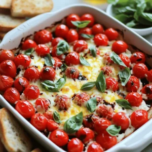 - 2 cups cherry tomatoes, diced - 1 cup fresh basil leaves, chopped - 1 clove garlic, minced - 1 tablespoon balsamic vinegar - 1 tablespoon olive oil - Salt and pepper to taste - 1 cup cream cheese, softened - 1 cup shredded mozzarella cheese - 1/2 cup grated Parmesan cheese - 1 teaspoon Italian seasoning - Baguette slices, toasted for serving These ingredients create a bright, fresh flavor. The cherry tomatoes add sweetness, while the basil gives a nice herbal touch. Garlic brings depth, and balsamic vinegar adds a tangy kick. Olive oil rounds everything out, making it rich. Cream cheese and mozzarella give the dip a creamy texture. Parmesan brings a savory finish that everyone loves. This dip serves six. Each serving has about 300 calories. You get 20 grams of fat and 25 grams of carbs. Each serving also has 10 grams of protein. This dip is high in vitamin C from tomatoes and has calcium from cheeses. For a dairy-free version, use a cream cheese alternative made from nuts. Choose a vegan cheese for the mozzarella. For gluten-free options, serve it with rice crackers or gluten-free bread. This way, everyone can enjoy the dip! Start by mixing the tomato and basil ingredients. In a bowl, combine: - 2 cups cherry tomatoes, diced - 1 cup fresh basil leaves, chopped - 1 clove garlic, minced - 1 tablespoon balsamic vinegar - 1 tablespoon olive oil - Salt and pepper to taste Stir these until well blended. This mix is fresh and bright. Let it sit for about 10 minutes. This marinating time helps the flavors meld together beautifully. Now, let’s move on to the baking. In a separate bowl, mix the cream cheese with: - 1 cup cream cheese, softened - 1 cup shredded mozzarella cheese - 1/2 cup grated Parmesan cheese - 1 teaspoon Italian seasoning - Salt and pepper to taste Blend these until smooth. Preheat your oven to 350°F (175°C). Spread the cream cheese mixture evenly on the bottom of a baking dish. Next, top it with the marinated tomato and basil mix. Make sure to cover the cream cheese layer completely. Bake the dish in the preheated oven for about 20-25 minutes. You want the cheese to be bubbly and slightly golden on top. This will create a warm and inviting dip. When it’s ready, take it out of the oven and let it cool for a few minutes before serving. To create the best bruschetta dip, let the mixture marinate. When you mix the tomatoes, basil, and garlic, let it sit for about 10 minutes. This time allows all the flavors to blend well. You will taste the difference. Use balsamic vinegar to balance acidity. The rich, tangy flavor brightens the dish. Just a tablespoon adds depth. Make your dip look nice to impress guests. Garnish the top with fresh basil leaves. You can also sprinkle extra cheese for a delicious touch. Serve the dip with toasted baguette slices or crunchy crackers. This setup invites everyone to dig in and enjoy! Watch out for overbaking the dip! If you bake it too long, the cheese will become tough. Aim for 20 to 25 minutes until bubbly and golden. Another mistake is not seasoning the layers well. Don’t skip adding salt and pepper to each layer. Proper seasoning brings out the best flavors! {{image_2}} You can switch up the cheeses in your bruschetta dip. Adding feta or goat cheese gives it a tangy twist. These cheeses have a creamy texture that blends well with the other flavors. They add a nice contrast to the sweetness of the tomatoes. If you prefer, you can also use cream cheese alternatives. Try using ricotta or even a dairy-free cream cheese for a lighter option. Each cheese brings a different flavor to the dish. While basil is a classic choice, you can try other herbs too. Using parsley or thyme instead of basil gives a fresh taste. These herbs can change the whole flavor profile. You might also want to experiment with other Italian herbs. Oregano or rosemary can add depth and warmth to your dip. Don't be shy about mixing and matching! Serving style can make your bruschetta dip more fun. Air-frying the dip gives it a crispy texture that everyone loves. Just cook it until it’s bubbly and golden. You can also serve the dip in individual portions. Use small ramekins for a cute touch. This way, each guest can have their own serving. It makes for easy sharing and adds a touch of elegance to your snack table. After your party, store leftover bruschetta dip in the fridge. First, let it cool down to room temperature. Then, place it in an airtight container. This keeps the flavors fresh and prevents any odors from mixing. I recommend using glass containers for better storage. They help maintain taste and texture. You can freeze bruschetta dip if you have a lot left over. Use a freezer-safe container to store it. Make sure to leave some space at the top, as the dip may expand when frozen. To reheat, thaw it in the fridge overnight. Then, warm it gently in the oven until hot. This helps keep the texture nice when you serve it again. In the fridge, bruschetta dip lasts about 3 to 5 days. In the freezer, it stays good for about 2 to 3 months. Always check for any changes in smell or texture before eating. Enjoy your delicious creation again, even after the party! To make Bruschetta Dip vegan, you can swap the dairy products. Use vegan cream cheese instead of regular cream cheese. You can also choose plant-based mozzarella and Parmesan cheese. Look for brands that offer these options. They give a similar taste and texture. Don’t forget to check for hidden dairy in other ingredients. Yes, you can prepare Bruschetta Dip ahead. Make the dip in the morning or a day before. Store it in the fridge in an airtight container. This lets the flavors mix well. Just remember to bake it fresh when you're ready to serve. If it sits too long, the tomatoes may get watery. Bruschetta Dip pairs well with many snacks. Serve it with toasted baguette slices for dipping. You can also try pita chips, crackers, or fresh veggies. For drinks, a light white wine or sparkling water works great. This makes your snack time fun and tasty! Want to see the full recipe? Check out the Full Recipe for step-by-step details! This blog post guides you through making a delicious Bruschetta Dip. We covered essential ingredients, step-by-step instructions, and tips to enhance flavors. You learned about substitutions for different diets and how to store leftovers. Remember, enjoy experimenting with different cheeses and herbs. You can make this dish your own. Whether for a party or a snack, Bruschetta Dip will impress. Happy cooking!