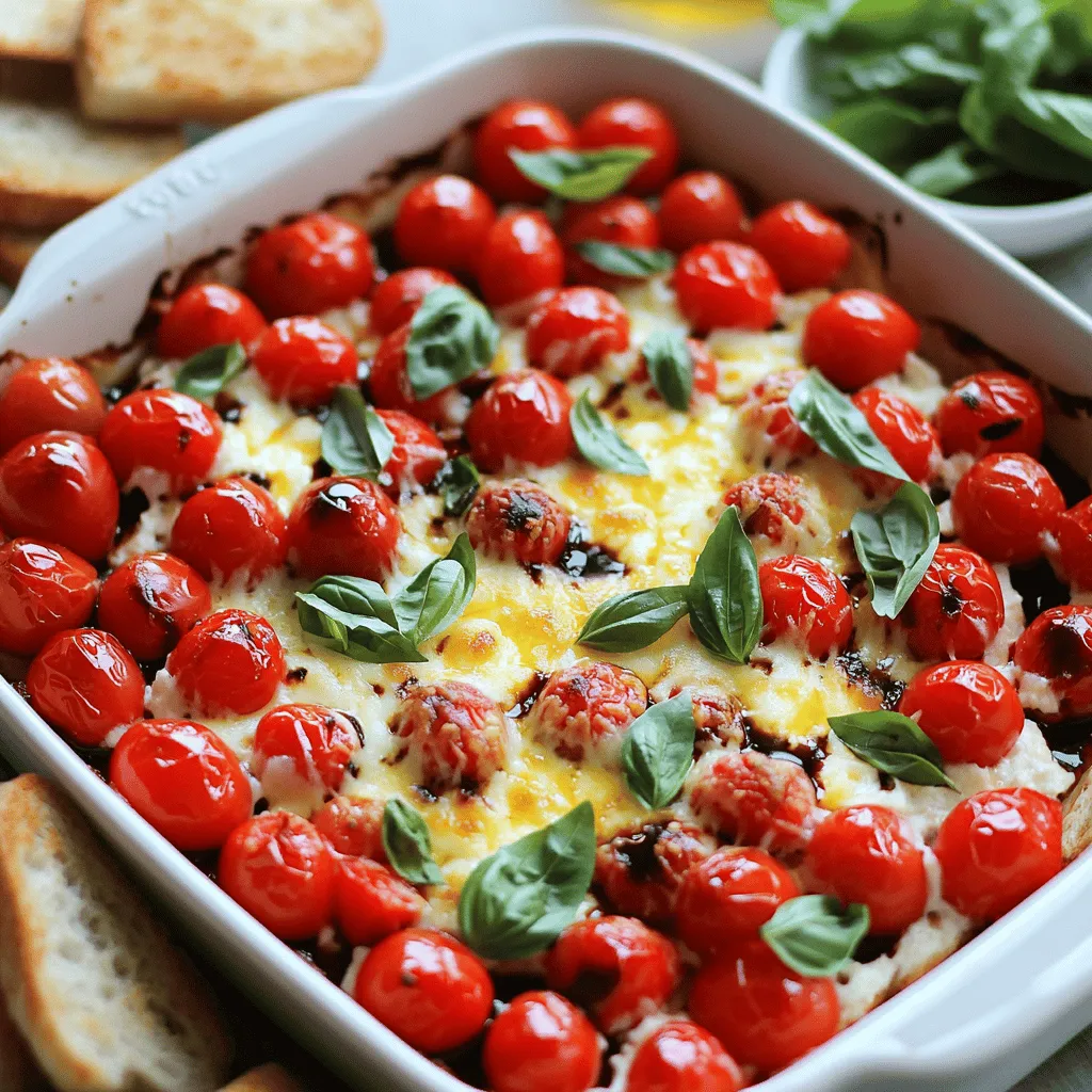 - 2 cups cherry tomatoes, diced - 1 cup fresh basil leaves, chopped - 1 clove garlic, minced - 1 tablespoon balsamic vinegar - 1 tablespoon olive oil - Salt and pepper to taste - 1 cup cream cheese, softened - 1 cup shredded mozzarella cheese - 1/2 cup grated Parmesan cheese - 1 teaspoon Italian seasoning - Baguette slices, toasted for serving These ingredients create a bright, fresh flavor. The cherry tomatoes add sweetness, while the basil gives a nice herbal touch. Garlic brings depth, and balsamic vinegar adds a tangy kick. Olive oil rounds everything out, making it rich. Cream cheese and mozzarella give the dip a creamy texture. Parmesan brings a savory finish that everyone loves. This dip serves six. Each serving has about 300 calories. You get 20 grams of fat and 25 grams of carbs. Each serving also has 10 grams of protein. This dip is high in vitamin C from tomatoes and has calcium from cheeses. For a dairy-free version, use a cream cheese alternative made from nuts. Choose a vegan cheese for the mozzarella. For gluten-free options, serve it with rice crackers or gluten-free bread. This way, everyone can enjoy the dip! Start by mixing the tomato and basil ingredients. In a bowl, combine: - 2 cups cherry tomatoes, diced - 1 cup fresh basil leaves, chopped - 1 clove garlic, minced - 1 tablespoon balsamic vinegar - 1 tablespoon olive oil - Salt and pepper to taste Stir these until well blended. This mix is fresh and bright. Let it sit for about 10 minutes. This marinating time helps the flavors meld together beautifully. Now, let’s move on to the baking. In a separate bowl, mix the cream cheese with: - 1 cup cream cheese, softened - 1 cup shredded mozzarella cheese - 1/2 cup grated Parmesan cheese - 1 teaspoon Italian seasoning - Salt and pepper to taste Blend these until smooth. Preheat your oven to 350°F (175°C). Spread the cream cheese mixture evenly on the bottom of a baking dish. Next, top it with the marinated tomato and basil mix. Make sure to cover the cream cheese layer completely. Bake the dish in the preheated oven for about 20-25 minutes. You want the cheese to be bubbly and slightly golden on top. This will create a warm and inviting dip. When it’s ready, take it out of the oven and let it cool for a few minutes before serving. To create the best bruschetta dip, let the mixture marinate. When you mix the tomatoes, basil, and garlic, let it sit for about 10 minutes. This time allows all the flavors to blend well. You will taste the difference. Use balsamic vinegar to balance acidity. The rich, tangy flavor brightens the dish. Just a tablespoon adds depth. Make your dip look nice to impress guests. Garnish the top with fresh basil leaves. You can also sprinkle extra cheese for a delicious touch. Serve the dip with toasted baguette slices or crunchy crackers. This setup invites everyone to dig in and enjoy! Watch out for overbaking the dip! If you bake it too long, the cheese will become tough. Aim for 20 to 25 minutes until bubbly and golden. Another mistake is not seasoning the layers well. Don’t skip adding salt and pepper to each layer. Proper seasoning brings out the best flavors! {{image_2}} You can switch up the cheeses in your bruschetta dip. Adding feta or goat cheese gives it a tangy twist. These cheeses have a creamy texture that blends well with the other flavors. They add a nice contrast to the sweetness of the tomatoes. If you prefer, you can also use cream cheese alternatives. Try using ricotta or even a dairy-free cream cheese for a lighter option. Each cheese brings a different flavor to the dish. While basil is a classic choice, you can try other herbs too. Using parsley or thyme instead of basil gives a fresh taste. These herbs can change the whole flavor profile. You might also want to experiment with other Italian herbs. Oregano or rosemary can add depth and warmth to your dip. Don't be shy about mixing and matching! Serving style can make your bruschetta dip more fun. Air-frying the dip gives it a crispy texture that everyone loves. Just cook it until it’s bubbly and golden. You can also serve the dip in individual portions. Use small ramekins for a cute touch. This way, each guest can have their own serving. It makes for easy sharing and adds a touch of elegance to your snack table. After your party, store leftover bruschetta dip in the fridge. First, let it cool down to room temperature. Then, place it in an airtight container. This keeps the flavors fresh and prevents any odors from mixing. I recommend using glass containers for better storage. They help maintain taste and texture. You can freeze bruschetta dip if you have a lot left over. Use a freezer-safe container to store it. Make sure to leave some space at the top, as the dip may expand when frozen. To reheat, thaw it in the fridge overnight. Then, warm it gently in the oven until hot. This helps keep the texture nice when you serve it again. In the fridge, bruschetta dip lasts about 3 to 5 days. In the freezer, it stays good for about 2 to 3 months. Always check for any changes in smell or texture before eating. Enjoy your delicious creation again, even after the party! To make Bruschetta Dip vegan, you can swap the dairy products. Use vegan cream cheese instead of regular cream cheese. You can also choose plant-based mozzarella and Parmesan cheese. Look for brands that offer these options. They give a similar taste and texture. Don’t forget to check for hidden dairy in other ingredients. Yes, you can prepare Bruschetta Dip ahead. Make the dip in the morning or a day before. Store it in the fridge in an airtight container. This lets the flavors mix well. Just remember to bake it fresh when you're ready to serve. If it sits too long, the tomatoes may get watery. Bruschetta Dip pairs well with many snacks. Serve it with toasted baguette slices for dipping. You can also try pita chips, crackers, or fresh veggies. For drinks, a light white wine or sparkling water works great. This makes your snack time fun and tasty! Want to see the full recipe? Check out the Full Recipe for step-by-step details! This blog post guides you through making a delicious Bruschetta Dip. We covered essential ingredients, step-by-step instructions, and tips to enhance flavors. You learned about substitutions for different diets and how to store leftovers. Remember, enjoy experimenting with different cheeses and herbs. You can make this dish your own. Whether for a party or a snack, Bruschetta Dip will impress. Happy cooking!