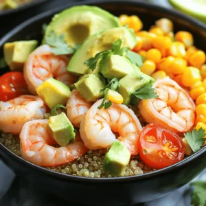 The key to a great shrimp and avocado bowl lies in fresh, quality ingredients. Here’s what you need: - 1 lb large shrimp, peeled and deveined - 2 ripe avocados, diced - 1 cup cherry tomatoes, halved - 1 cup corn (fresh or frozen, thawed) - 1 small red onion, finely diced - 1 lime, juiced - 2 tablespoons olive oil - 1 teaspoon cumin - 1 teaspoon smoked paprika - Salt and pepper to taste - Fresh cilantro, chopped, for garnish - Cooked quinoa or brown rice, for serving Each ingredient plays a vital role. The shrimp provide a sweet, juicy protein. The avocados add creaminess and richness. Cherry tomatoes bring a burst of freshness, while corn adds a nice crunch. The red onion gives a slight bite, balanced by the lime juice’s acidity. Spices like cumin and smoked paprika infuse the dish with warm, earthy notes. Olive oil helps bring everything together and adds a silky texture. Garnishing with fresh cilantro adds a pop of color and a hint of herbal flavor. For a complete experience, serve the bowl over cooked quinoa or brown rice. This adds extra fiber and makes the meal more filling. Check out the Full Recipe for all the steps to create this colorful, delicious dish. 1. Preheat skillet and prepare shrimp seasoning First, heat a large skillet over medium-high heat. This step is key for cooking the shrimp evenly. In a bowl, mix the shrimp with olive oil, cumin, smoked paprika, salt, and pepper. Make sure each shrimp gets some of the spices. 2. Sauté shrimp to perfection Once your skillet is hot, add the shrimp. Cook for about 3 to 4 minutes. Watch for the shrimp to turn pink and opaque. This means they are fully cooked. Remove them from heat and set aside. 3. Prepare the avocado and vegetable mixture In another bowl, combine diced avocados, halved cherry tomatoes, corn, and finely diced red onion. Gently toss these ingredients together. Squeeze lime juice over the mix and fold it in carefully. You don’t want to mash the avocados. 1. Layering the quinoa or rice Start with a scoop of cooked quinoa or brown rice in each bowl. This base adds texture and nutrients to your dish. 2. Adding the avocado mixture Next, spoon the avocado mix over the quinoa or rice. Ensure it's evenly distributed for a balanced flavor. 3. Topping with sautéed shrimp and garnish Finally, place the sautéed shrimp on top of the avocado layer. For a fresh touch, sprinkle with chopped cilantro. Enjoy your flavorful shrimp and avocado bowls! For a detailed recipe, check the Full Recipe. To season shrimp effectively, start with fresh or thawed shrimp. Use olive oil, cumin, and smoked paprika. Add salt and pepper to taste. Mix well so each shrimp gets a good coat of the spices. This helps to enhance the shrimp's natural flavor. Cook shrimp for about 3-4 minutes. You want them to turn pink and opaque. Overcooking can make them tough. Watch closely for that perfect tenderness. Once done, remove them from the heat right away. To prevent avocado browning, use lime juice. It slows down the oxidation process. Toss the diced avocados gently with lime juice when you prepare them. This keeps their vibrant green color. Choosing the ripest avocados is key. Look for avocados that yield slightly to gentle pressure. Avoid ones with dark spots or hard skin. Ripe avocados are creamy and perfect for your bowl. Enjoy the fresh taste! {{image_2}} You can change up the shrimp in many ways. Try using chicken or tofu for a twist. Both options will soak up the spices well. If you want a seafood option, scallops are great too. They cook quickly and taste wonderful. You can also add more veggies to the bowl. Bell peppers add crunch and color. Zucchini is another good choice, providing a mild taste. You might also enjoy adding black beans for protein and fiber. They make the dish hearty and filling. To boost flavor, consider adding more spices. A pinch of chili powder can add heat. If you like herbs, fresh dill or parsley can brighten the dish. Try a dash of garlic powder for an extra kick. Dressings can also enhance the taste. A simple vinaigrette with lime and olive oil works well. You might enjoy a yogurt-based dressing for creaminess. For a tangy touch, try adding a splash of balsamic vinegar. Each option brings new flavors to your shrimp and avocado bowls. For the full recipe, check out the Zesty Shrimp and Avocado Bowls. To store shrimp and avocado bowls, use airtight containers. This keeps shrimp and veggies fresh. First, let the bowls cool completely. Next, put shrimp in one container and the avocado mixture in another. Avocado turns brown quickly, so keeping it separate helps. Store them in the fridge for up to two days. If you have leftover quinoa or rice, keep it in a separate container as well. This way, everything stays fresh and tasty. When reheating shrimp, use a skillet over low heat. This warms them without overcooking. Stir gently to keep shrimp juicy. For the avocado, it’s best to eat it cold. Reheat only the shrimp and grains. If you warm up the avocado, it may lose its creamy texture. Instead, add fresh avocado on top after reheating for flavor and freshness. Enjoy your meal again without losing its charm! For the full recipe, check out the Zesty Shrimp and Avocado Bowls. Yes, you can prepare some parts in advance. Cook the shrimp and mix the veggies early. Store them separately in the fridge. Just combine them before serving. This keeps the flavors fresh. These bowls are great on their own. For a complete meal, serve with crispy tortilla chips or a green salad. You can also add a side of black beans for extra protein. Yes, you can substitute shrimp with grilled tofu or chickpeas. Use the same spices to keep flavor. This makes a tasty, plant-based option. Enjoy the same fresh ingredients like avocado and tomatoes. You learned to make tasty shrimp and avocado bowls. We covered the key ingredients and steps. I shared tips for perfect shrimp and ripe avocados. We explored fun ingredient swaps and flavor boosts. Lastly, I explained how to store and reheat your bowls. Enjoy your culinary adventure! You can create a healthy meal that delights your taste buds and brings your family together. Remember, cooking is all about having fun and trying new things!