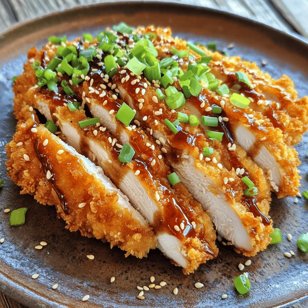 - 2 boneless, skinless chicken breasts - Salt and pepper to taste - 1 cup all-purpose flour - 2 large eggs, beaten - 1 cup panko breadcrumbs - Vegetable oil for frying - 1 tablespoon sesame oil - 1 tablespoon soy sauce - 1 tablespoon mirin (optional, can substitute with a bit more soy sauce) - 1 cup tonkatsu sauce (store-bought or homemade) - Chopped green onions and toasted sesame seeds for garnish For a great Chicken Katsu, you need fresh and simple ingredients. Start with two boneless chicken breasts. These give you that juicy center. Don’t forget salt and pepper to bring out the flavor. Next, you need flour for coating. It makes the chicken crisp. Beat two large eggs in a bowl. This helps the breadcrumbs stick. Panko breadcrumbs are key for that perfect crunch. They are light and airy. You will fry in vegetable oil. A mix of sesame oil adds a nice flavor. For dipping, soy sauce and mirin blend well. If you like, tonkatsu sauce adds a sweet touch. To finish, chopped green onions and toasted sesame seeds make great garnishes. They add color and crunch. These ingredients work together to make your Chicken Katsu tasty and fun. For the full recipe, check the section above. To start, you need to pound and season the chicken breasts. Place each chicken breast between two sheets of plastic wrap. Use a meat mallet or a rolling pin to pound them. Aim for about 1/2 inch thick. This helps them cook evenly. After that, season both sides with salt and pepper. Next, set up the breading station. You’ll need three shallow dishes. In the first dish, add flour. In the second, beat the eggs. In the third dish, place panko breadcrumbs. This setup makes the breading process easy. Now, let’s move on to dredging the chicken. Take one chicken breast and coat it in flour. Make sure to cover it completely and shake off any extra flour. Then, dip it into the beaten eggs. Let any excess drip off. Finally, coat it with panko breadcrumbs. Press gently to help them stick. Repeat this process with the second chicken breast. Make sure both breasts are well-coated and ready for frying. Heat about 1/2 inch of vegetable oil in a large skillet. Add a tablespoon of sesame oil for flavor. Set the heat to medium. You’ll know it’s ready when it sizzles after dropping in a breadcrumb. Carefully place the breaded chicken breasts in the hot oil. Fry each side for about 4-5 minutes until they turn golden brown and crispy. If your pan is small, cook in batches. Overcrowding can lead to soggy chicken. Once cooked, transfer the chicken katsu to a paper towel-lined plate. This helps drain any excess oil. Let them rest for a couple of minutes before slicing. For a tangy touch, mix soy sauce and mirin in a small bowl. This sauce pairs well with the katsu. Drizzle tonkatsu sauce over the sliced chicken and garnish with green onions and toasted sesame seeds. Enjoy your crispy chicken katsu! You can find the full recipe above. To get that perfect crispy texture, you need the right oil temperature. Aim for about 350°F (175°C). You can check this by dropping a breadcrumb in the oil; it should sizzle right away. Avoid frying at too low a heat, as this will make the chicken soggy. To prevent sogginess, make sure you drain the chicken well after frying. Use paper towels to soak up any excess oil. This helps keep your katsu crispy. One big mistake is overcrowding the frying pan. When you add too much chicken, the oil cools down. This leads to less crispy katsu. Fry in batches if needed. Another mistake is using the wrong breading technique. Make sure to coat the chicken fully in flour first. Then, dip it in egg, and finally press the panko breadcrumbs on firmly. This helps the coating stick well while cooking. Before you bread the chicken, try adding some spices to the flour. Garlic powder, paprika, or even a pinch of cayenne can boost the flavor. Feel free to experiment with these seasoning variations. For dipping sauce, you can mix soy sauce with a bit of mirin. This adds a nice touch. You can also serve it with tonkatsu sauce for a classic taste. Don't forget to garnish your katsu with green onions and sesame seeds for extra flavor. For the full recipe, check out the earlier section. {{image_2}} You can switch out chicken for pork. Use boneless pork chops for a tasty change. It has a similar texture and flavor. For a vegetarian version, try eggplant or tofu. Slice the eggplant into thick pieces and bread it just like the chicken. Tofu provides a nice, soft center. Press it to firm it up before breading for the best results. Want to spice things up? Add some paprika or garlic powder to the breading. This gives the katsu a nice kick. For dipping sauces, think outside the box. Spicy mayo or ponzu sauce pairs well with the crispy texture. These sauces add a burst of flavor that makes every bite special. Chicken katsu shines with a few tasty side dishes. Try serving it with steamed rice and a simple salad. A fresh cabbage slaw adds crunch and balances the meal. For a special touch, arrange the katsu on a colorful plate with a drizzle of sauce. Garnish with green onions and sesame seeds for a beautiful look. This way, you impress your guests before they even take a bite! For the full recipe, check out the [Full Recipe]. To keep your Chicken Katsu fresh, store it in the fridge. Place it in an airtight container. This will prevent moisture loss and keep it crispy. You can keep Chicken Katsu in the fridge for about 3 days. After that, the texture may change and it may not taste as good. When you reheat Chicken Katsu, you want to keep it crispy. The best way is to use an oven. Preheat your oven to 375°F (190°C). Place the chicken on a baking sheet and heat for about 10-15 minutes. This method helps restore the crispiness. If you use a microwave, the chicken may become soggy. You can freeze Chicken Katsu before or after cooking. If freezing before cooking, wrap each piece in plastic wrap. Then, place them in a freezer bag. For cooked Chicken Katsu, let it cool first. Then, wrap and store it in a freezer bag. When you are ready to eat, thaw it overnight in the fridge. Cook it in the oven to keep it crispy. This method works well for maintaining great flavor and texture. Chicken Katsu is a popular Japanese dish. It features breaded and deep-fried chicken. The origins trace back to the late 19th century. It became popular during the Meiji era. Chicken Katsu has cultural significance as comfort food. Many enjoy it for its crispy texture and savory flavor. Yes, you can make Chicken Katsu ahead of time. Prepare the chicken and bread it. Store the breaded chicken in the fridge for up to 24 hours. For longer storage, freeze it for up to three months. When ready, fry it straight from the fridge or freezer. Just add a few extra minutes to the cooking time. Chicken Katsu pairs well with many sides. Here are some popular options: - Steamed rice - Cabbage salad - Miso soup - Pickled vegetables - Japanese curry These sides enhance the meal and add flavor. Chicken Katsu has both pros and cons. It contains protein from chicken, which is good for muscle. However, frying adds extra fat and calories. A serving can have around 400-500 calories. For a healthier version, bake instead of fry. You can also use whole grain breadcrumbs. Tonkatsu sauce is easy to make at home. Mix these ingredients: - 1/4 cup ketchup - 2 tablespoons soy sauce - 1 tablespoon Worcestershire sauce - 1 tablespoon sugar - 1 teaspoon Dijon mustard Stir well until blended. You can also use store-bought tonkatsu sauce for convenience. This sauce adds a sweet and tangy flavor to your Chicken Katsu. For the full recipe, check the detailed instructions above. In this blog post, I covered how to make crispy Chicken Katsu. We explored essential ingredients, step-by-step instructions, and tips for perfect texture. You learned about variations like using different proteins and flavor profiles. I also shared storage and reheating tips to keep your dish fresh. Chicken Katsu is more than a meal; it's an experience. With practice, you will impress everyone at your table. Enjoy your cooking journey!