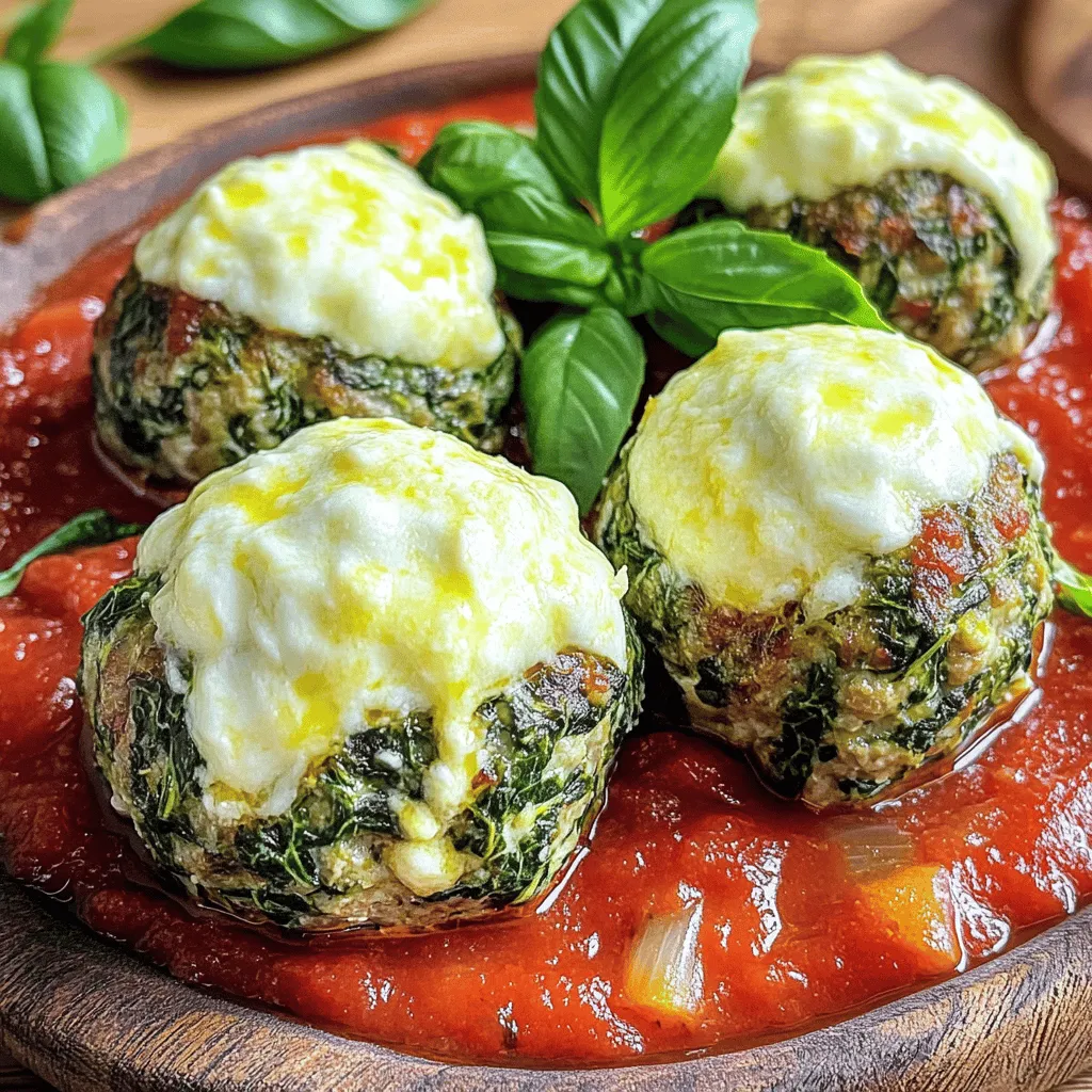 - 1 pound ground beef or turkey - 1 cup fresh spinach, finely chopped - 3 cloves garlic, minced - 1/2 cup breadcrumbs - 1/4 cup grated Parmesan cheese - 1 large egg - 1 teaspoon dried oregano - 1 teaspoon salt - 1/2 teaspoon black pepper - 1 cup mozzarella cheese, cut into small cubes - 2 cups marinara sauce (for serving) - Fresh basil leaves (for garnish) The heart of these Spinach Garlic Meatballs lies in the ingredients. You want to start with fresh, high-quality products. Ground beef or turkey serves as the base. Both add great flavor and texture. I prefer turkey for a lighter option, but beef adds a rich taste. Spinach brings a burst of color and nutrients. Make sure to chop it finely. This helps it mix well without dominating the meatball. Garlic adds a strong, savory flavor. Use fresh cloves for the best taste. Breadcrumbs are crucial for binding. They help keep the meatballs tender. I like to use plain breadcrumbs, but seasoned ones can add extra flavor. Parmesan cheese brings in a salty bite. It pairs beautifully with the meat and spinach. Next, the additional ingredients enhance the mix. The egg acts as a binder. Dried oregano adds an earthy taste. Salt and black pepper are essential for seasoning. Cheese is the fun part! Mozzarella adds a creamy surprise inside. It melts when cooked, creating a delicious center. For serving, a good marinara sauce complements the meatballs perfectly. Lastly, garnish with fresh basil leaves for a pop of color and flavor. Check the full recipe for all steps and tips. Enjoy making these meatballs! - Set temperature to 400°F (200°C) - Prepare a baking sheet with parchment paper Start by preheating your oven. This helps cook the meatballs evenly. While the oven heats, line a baking sheet with parchment paper. This will keep the meatballs from sticking. - Combine ground meat and vegetables - Mix in breadcrumbs, cheese, and seasonings In a big bowl, mix the ground meat with the chopped spinach and minced garlic. Add breadcrumbs, grated Parmesan cheese, the egg, oregano, salt, and black pepper. Use your hands to mix well. Make sure all the ingredients blend together. This step is key for good flavor. - Form meatballs around mozzarella cubes - Ensure cheese is completely enclosed Take a small amount of meat mixture and flatten it in your palm. Place a cube of mozzarella in the center. Fold the meat around the cheese and roll it into a ball. Make sure the cheese is fully covered. This keeps the gooey cheese inside when cooking. - Arrange on a baking sheet - Bake for 20-25 minutes Place the stuffed meatballs on the prepared baking sheet. Make sure they are spaced out. Bake them in the preheated oven for 20 to 25 minutes. Check that they are cooked through and nicely browned. - Warm sauce in a saucepan over medium heat While the meatballs bake, grab a saucepan. Pour in the marinara sauce and heat it over medium. Stir occasionally until the sauce is warm. This will complement the meatballs perfectly. - Plate meatballs and pour sauce over - Garnish with fresh basil leaves Once the meatballs are ready, place them on a plate. Pour the warm marinara sauce over them. Sprinkle fresh basil leaves on top for a nice touch. For the full recipe, you can refer back to the ingredients section. Enjoy! To avoid dry meatballs, use a good mix of meat and fat. Ground beef has more fat than turkey, which helps keep the meatballs moist. Adding fresh spinach also adds moisture. Binding agents like breadcrumbs and eggs help hold everything together. Use enough breadcrumbs to keep the meatballs from falling apart. For extra flavor, try adding crushed red pepper for heat or Italian herbs like thyme. You can also mix in some chopped sun-dried tomatoes for a tangy twist. As for cheese, while mozzarella is classic, you could use provolone or even feta for a unique taste. Mixing different cheeses can create a delightful surprise in every bite. These meatballs pair beautifully with spaghetti or crusty bread. Serve them as a main dish or as tasty appetizers at a party. You can arrange them on a platter and pour marinara sauce over the top for a stunning presentation. Garnish with fresh basil for color and aroma. For the full recipe, check the earlier section. {{image_2}} You can switch up the meat in these meatballs. Ground chicken is a lighter choice. It pairs well with spinach and garlic. Plus, it's just as tasty! For a vegetarian twist, use plant-based meat. Many brands offer great flavors and textures. You won’t miss the beef or turkey at all! Mozzarella is fantastic, but other cheeses can shine too. Try using provolone for a bolder taste. Ricotta offers a creamy texture that’s delightful. Mixing cheeses can create a unique flavor profile. Imagine mozzarella with a hint of sharp cheddar. This combo can surprise your taste buds in the best way! While marinara is classic, it’s not your only option. You can serve these meatballs with pesto for a fresh twist. The herbal notes of pesto complement the garlic well. A white sauce can also work wonders, adding a rich creaminess. Explore different sauces to find your favorite match! For the full recipe, check out the complete guide. To keep your spinach garlic meatballs fresh, let them cool first. Place them in an airtight container. You can store them in the refrigerator for up to 3 days. Make sure to seal the container well to avoid any odors from other foods. If you want to save some for later, freezing is a great option. Place the cooked meatballs in a freezer-safe bag. Make sure to remove as much air as possible before sealing. They will last in the freezer for about 3 months. When ready to eat, thaw them in the fridge overnight. Reheat in the oven at 350°F (175°C) for 15-20 minutes, or until heated through. In the fridge, your meatballs will stay good for about 3 days. If you notice any off smells or changes in color, it's best to throw them away. Always trust your senses to check for spoilage. Yes, you can make spinach garlic meatballs ahead of time. To meal prep, follow these tips: - Mix the meatball mixture: Combine your ingredients and form the meatballs. - Store raw meatballs: Place them in a sealed container in the fridge for up to a day. - Freeze for later: You can freeze the raw meatballs for up to three months. Just freeze them in a single layer, then transfer to a bag. - Cook when ready: Bake them directly from the freezer. Just add a few extra minutes to the cook time. If you need a substitute for breadcrumbs, you have several options: - Crushed crackers: Use crushed gluten-free crackers for a similar texture. - Oats: Ground oats work well as a binder. Just pulse them in a blender. - Cornmeal: This gives a nice crunch and is gluten-free. - Almond flour: It’s low-carb and adds a nutty flavor. To ensure your meatballs are fully cooked, follow these guidelines: - Internal temperature: Use a meat thermometer. The center should reach 165°F (74°C). - Visual cues: Look for a golden brown color on the outside and no pink inside. Yes, you can use frozen spinach. Here’s how: - Thawing: Place the frozen spinach in the fridge overnight. - Draining excess liquid: Squeeze out moisture using a clean kitchen towel. This helps your meatballs stay firm. - Mixing in: Add the thawed spinach to your meatball mixture as you would fresh. To reheat leftover meatballs while keeping their texture and flavor, try these methods: - Oven: Preheat to 350°F (175°C). Place meatballs on a baking sheet and heat for 10-15 minutes. - Stovetop: Warm them in a skillet over medium heat. Add a splash of marinara sauce for moisture. - Microwave: Heat in short bursts, checking often. This method can make them a bit soggy, so use it as a last resort. For the complete recipe, refer to the [Full Recipe]. These stuffed meatballs blend ground meat and fresh spinach for a tasty meal. You can customize them with different cheeses and sauces to match your taste. Remember to store leftovers properly for later enjoyment. Whether you serve them with pasta or as an appetizer, these meatballs promise satisfaction. Experiment with variations to find your favorite combination. Enjoy the cooking process and let your creativity shine!