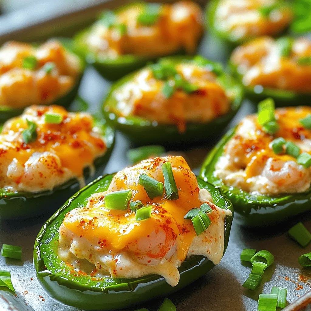 - 12 large jalapeño peppers - 1 pound shrimp, peeled and deveined - 1 tablespoon Cajun seasoning - 1 cup cream cheese, softened - 1/2 cup shredded sharp cheddar cheese - 1/4 cup green onions, finely chopped - 2 cloves garlic, minced - 1 tablespoon olive oil - Salt and pepper to taste To create Fiery Cajun Shrimp Stuffed Jalapeños, you need fresh ingredients. The jalapeños should be large and firm. This helps them hold the stuffing well. The shrimp must be peeled and deveined for a clean taste. Cajun seasoning adds that kick. Cream cheese gives the filling a creamy texture, while shredded cheddar adds flavor. Chop the green onions finely for the best taste. Minced garlic adds a nice aroma. You will use olive oil to sauté the garlic and shrimp. Always keep salt and pepper nearby. They help bring out all the flavors. - Extra green onions - Hot sauce for drizzling - Lime wedges These garnishes enhance your dish. Extra green onions add color and crunch. Hot sauce gives a spicy kick. Lime wedges add a fresh touch. Each adds a unique layer of flavor. For the full experience, check the [Full Recipe]. - Preheat the oven to 375°F (190°C). - Slice the jalapeños in half and remove seeds. This step is key for less heat. - In a skillet, heat olive oil over medium heat. - Add minced garlic and sauté for one minute. It will smell amazing! - Toss in the shrimp and sprinkle with Cajun seasoning. - Cook until pink and opaque, about 3-4 minutes. Remove from heat and cool slightly. - In a bowl, mix the shrimp with cream cheese and cheddar. - Stuff each jalapeño half generously with the shrimp mix. - Arrange the stuffed jalapeños on a baking sheet. - Bake for 20-25 minutes until tender and golden. This simple recipe creates a tasty delight that’s sure to impress! For the full recipe, check out the ingredients and cooking steps above. If you want a milder flavor, take out the seeds and membranes from the jalapeños. This helps lower the heat. You can also soak them in cold water for a few minutes. It makes them less spicy. For a less fiery option, try using a mild seasoning blend instead of Cajun. This keeps the flavor without the heat. You can cook the stuffed jalapeños in two ways: skillet or oven. The skillet gives a nice crisp on the outside, while baking makes them tender. If you are short on time, prep the shrimp ahead. Cook it the night before and store it in the fridge. This saves time when you're ready to cook. When serving your stuffed jalapeños, use a large platter. Arrange them neatly and add some garnishes. Extra green onions give a nice touch. A drizzle of hot sauce adds color and flavor. For parties, these look great with lime wedges on the side. They are perfect for sharing and impress your guests. For the full recipe, check out the details mentioned earlier. {{image_2}} You can switch shrimp for chicken or tofu. Chicken works well with Cajun spices. Use cooked, shredded chicken for a hearty bite. For a vegan option, tofu is great. Press the tofu to remove water, then cube it. Sauté it with Cajun seasoning until it’s crispy. Both options keep the dish flavorful and fun. Cheese makes this dish creamy and rich. You can try different cheese blends for fun flavors. Goat cheese offers a tangy twist. Mozzarella gives a milder taste and gooey texture. Blend cheeses, like pepper jack for heat or gouda for smokiness. Each choice adds a unique flair to your stuffed jalapeños. Think about adding more spices or herbs to boost the Cajun flavor. Smoked paprika or cayenne pepper can give extra heat. Fresh herbs like parsley or cilantro brighten the dish. A squeeze of lemon or lime adds freshness. Experiment with flavors to find your perfect mix. Your stuffed jalapeños will shine with bold tastes. For the full recipe, check out the details above. To keep your stuffed jalapeños fresh, place them in an airtight container. Make sure they cool down first. Store them in the fridge for up to three days. If you want to keep them longer, try freezing them. Freezing stuffed jalapeños is easy. First, let them cool completely. Next, wrap each jalapeño in plastic wrap or aluminum foil. Then, place them in a freezer-safe bag. They can last up to three months in the freezer. When you're ready to eat, just thaw them in the fridge overnight. To reheat stuffed jalapeños, the oven is best. Preheat the oven to 350°F (175°C). Place the jalapeños on a baking sheet and cover them with foil. Heat for about 15-20 minutes until they are warm. This method keeps them from getting soggy and preserves their flavor. You can also microwave them for a quick option, but they may lose some crispness. To find milder jalapeños, select peppers that are larger and have a smooth skin. Look for those that are light green in color. Avoid small, wrinkled, or very dark jalapeños. When you slice them, remove all seeds and the white membranes inside. These parts hold the most heat. Yes, you can prep these stuffed jalapeños ahead of time. Prepare the filling and stuff the peppers. Place them in an airtight container and keep them in the fridge for up to 24 hours. When you’re ready to bake, just pop them in the oven. You might need an extra few minutes to cook. These stuffed jalapeños pair well with many side dishes. Try serving them with a fresh garden salad or some crispy tortilla chips. For drinks, a cold beer or a refreshing lemonade works great. You can also serve them with a creamy dip or a zesty salsa for extra flavor. For the full recipe, check the complete guide above. In this blog post, we covered how to make Fiery Cajun Shrimp Stuffed Jalapeños. You learned about the key ingredients, simple steps to prepare them, and helpful tips for serving. Remember, you can adjust the heat and even try different meats or cheeses. With these variations and storage methods, your leftovers will stay tasty too. Enjoy making these flavorful jalapeños for your next gathering. They're sure to impress.