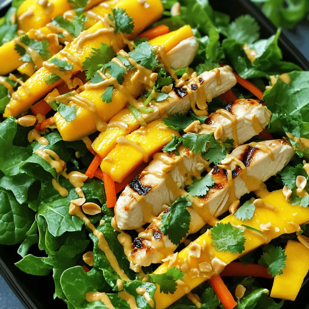 - 2 boneless, skinless chicken breasts - 2 cups mixed greens (lettuce, spinach, arugula) - 1 ripe mango, thinly sliced - 1 bell pepper, thinly sliced (red or yellow for color) - 1 carrot, julienned - 1/4 cup fresh cilantro, chopped - 1/4 cup peanuts or cashews, roughly chopped - 1 tablespoon fresh ginger, grated - 2 tablespoons lime juice - 2 tablespoons fish sauce - 1 tablespoon honey or maple syrup - 1 tablespoon sesame oil - Salt and pepper to taste For this Thai chicken salad, I recommend using the following amounts: - Chicken: 2 breasts for a good protein boost. - Mixed greens: 2 cups give a nice, fresh base. - Mango: 1 ripe mango adds sweetness and flavor. - Bell pepper: 1 for a pop of color and crunch. - Carrot: 1 carrot for extra texture. - Nuts: 1/4 cup adds great crunch. - Dressing: Adjust lime juice and fish sauce to taste. If you want alternatives, use tofu instead of chicken for a vegetarian option. You can swap mango for sliced apples or pears for a different flavor. This salad offers about 300 calories per serving. It’s packed with vitamins and minerals: - Vitamin A from the carrot and greens. - Vitamin C from the mango and lime juice. - Protein from the chicken and nuts. Enjoy this dish knowing it’s not just tasty but also healthy! To start, we need to cook the chicken breasts. You can grill or pan-sear them. Both methods work great. - Grilling: Preheat your grill to medium heat. Season the chicken with salt and pepper. Grill for about 6-7 minutes on each side. Make sure they are cooked through. - Pan-searing: Heat a little oil in a pan over medium heat. Add the seasoned chicken. Cook for 6-7 minutes on each side. Check that they are no longer pink inside. After cooking, let the chicken rest for 5 minutes. This helps keep it juicy. Then, slice it into thin strips. Now, let’s make the dressing. This part is fun and easy! - In a small bowl, combine grated ginger, lime juice, fish sauce, honey (or maple syrup), and sesame oil. - Use a whisk to mix everything together until it blends well. You can adjust the flavors here. If you want it sweeter, add more honey. For extra zing, add more lime juice. With the chicken and dressing ready, it's time to put everything together. - In a large salad bowl, add mixed greens, sliced mango, bell pepper, julienned carrot, and chopped cilantro. - Gently toss these ingredients to combine. Once you’ve done that, add the sliced chicken on top. Drizzle the dressing over the salad. - Use gentle tossing methods to mix everything. You want every bite to taste great. Lastly, sprinkle chopped peanuts or cashews for a nice crunch. Enjoy this fresh and flavorful dish! For the full recipe, check out [Full Recipe]. To ensure your chicken is cooked just right, use a meat thermometer. The chicken should reach an internal temperature of 165°F. This keeps it juicy and safe to eat. Grill or pan-sear each breast for 6-7 minutes per side. After cooking, let the chicken rest for 5 minutes. This resting time helps the juices settle, making the chicken more tender when you slice it. For the best presentation, use a large bowl. Layer the mixed greens first, then add the colorful mango, bell pepper, and carrot. Top it with the sliced chicken for a beautiful look. Serve it in bowls or on plates. Pair this salad with a light beverage like iced green tea or a crisp white wine. These drinks complement the fresh flavors well. To boost the flavors, consider adding fresh herbs like mint or basil. These herbs add a nice aroma and taste. If you want extra crunch, sprinkle on some crispy fried onions or more nuts. Each bite will burst with flavor and texture. {{image_2}} You can swap chicken for other proteins. Tofu works well for a vegetarian dish. It absorbs flavors nicely. Shrimp is another great choice. Just cook them until pink and firm. For a hearty meal, try adding chickpeas or beans. These options make the salad filling and delicious. The dressing plays a big role in flavor. You can try peanut sauce for a creamy texture. It adds a nutty taste that pairs well with the salad. Tahini is another option. It gives a rich, earthy flavor. If you want to cut calories, use yogurt or a light vinaigrette. These options still taste great while being lighter. Seasonal vegetables can change your salad's taste. Use fresh cucumbers in summer. In fall, try roasted sweet potatoes. You can also make it gluten-free. Just choose gluten-free soy sauce instead of fish sauce. These swaps keep your salad fresh and exciting. The options are endless! For the full recipe, check out the Thai Mango Ginger Chicken Salad. To keep your Thai chicken salad fresh, place it in an airtight container. Refrigerate it right after serving. This salad stays fresh for about 2-3 days in the fridge. Keep the dressing separate if possible. This helps maintain the crunch of the veggies. Freezing this salad is not ideal due to the fresh ingredients. However, you can freeze the cooked chicken. Cut it into strips and place it in a freezer bag. It can last up to 4 months in the freezer. When you're ready to use it, it’s best to thaw it in the fridge overnight. This helps keep its flavor and texture. If you need to reheat the chicken, use the microwave or a skillet. Heat it gently to avoid drying it out. You want the chicken warm, not hot. Avoid reheating the veggies, as they can lose their crispness. Enjoy your salad cold for the best taste! Remember to check out the Full Recipe for more details. Yes, you can make this salad ahead. I recommend prepping the chicken and dressing first. You can store them separately in the fridge for up to two days. This way, the flavors stay fresh. When ready to eat, mix everything together. It only takes a few minutes to toss it all. If you want a vegan option, try soy sauce or coconut aminos. Both add a nice umami flavor. You can also use a mix of soy sauce and lime juice for a bright taste. These alternatives work well in the dressing. Just adjust to your taste. To keep the salad fresh, store it in an airtight container. Place a paper towel inside to absorb extra moisture. This helps maintain crunchiness. Eat it within a day for the best taste. If you need to store it longer, keep the dressing separate until serving. This article covered how to make a delicious chicken salad. We discussed key ingredients, measurements, and even substitutions. You learned to prepare the chicken and dress it right. I shared ways to assemble the salad and tips for serving. Variations provide options for different diets, while storage tips help keep it fresh. I hope these steps inspire you to create your own tasty salad. Enjoy experimenting and making it your own!