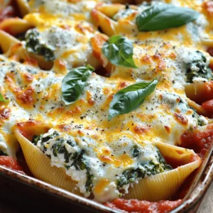 To make these tasty stuffed shells, gather the following main ingredients: - 20 large pasta shells - 2 cups fresh spinach, chopped - 1 cup ricotta cheese - 1 cup shredded mozzarella cheese - 1/2 cup grated Parmesan cheese - 1 large egg - 2 cloves garlic, minced - 1 teaspoon dried oregano - Salt and pepper to taste - 3 cups marinara sauce These ingredients create a rich and creamy filling that pairs perfectly with marinara sauce. You can add a few optional ingredients for extra flavor: - A pinch of red pepper flakes for heat - Fresh herbs like parsley or thyme - A squeeze of lemon juice for brightness - Chopped sun-dried tomatoes for sweetness These options let you customize the dish to your taste. You’ll need some basic cooking tools to prepare the dish: - A large pot for boiling pasta - A skillet for sautéing spinach and garlic - A mixing bowl for combining ingredients - A 9x13 inch baking dish for assembling and baking - Aluminum foil to cover the dish while baking Having the right equipment makes the cooking process smooth and enjoyable. You can find the full recipe on my site for more details on preparation. To start, cook your pasta shells. Boil water in a large pot. Add salt to it. Follow the package instructions for cooking time. You want them al dente, which means firm but tender. Once cooked, drain the shells gently. Rinse them with cold water to stop the cooking. Set them aside on a clean towel. This way, they won’t stick together. Next, let’s make the filling. Heat a tablespoon of olive oil in a large skillet. Add minced garlic and cook for one minute. You want it fragrant but not burnt. Then, add chopped spinach. Stir and cook until it wilts, which takes about two to three minutes. Remove it from heat and let it cool a bit. In a mixing bowl, combine ricotta cheese, half of the mozzarella, and grated Parmesan. Add the cooked spinach, egg, dried oregano, salt, and pepper. Mix everything well until it’s blended. Now, let’s put it all together. First, spread a cup of marinara sauce evenly in a 9x13 inch baking dish. Take each pasta shell and stuff it with the ricotta mixture. Place the shells open side up in the dish. Pour the remaining marinara sauce over the stuffed shells. Ensure each shell is covered well. Sprinkle the rest of the mozzarella on top. Cover it with aluminum foil and bake for 25 minutes at 375°F (190°C). Then, remove the foil and bake for another 10 to 15 minutes. You want the cheese to be bubbly and golden. Let it cool for a few minutes before serving. Garnish with fresh basil for a nice touch. For the full recipe, visit [Full Recipe]. To cook pasta shells, start with a large pot of water. Add salt to the water; this helps flavor the shells. Bring the water to a boil before adding the shells. Cook them until they are al dente, which means they still have a bit of firmness. This usually takes about 8-10 minutes, but check your package for exact times. Once done, drain the shells and rinse them with cold water to stop the cooking. This step keeps them from getting too soft while you stuff them. When it comes to stuffing, make sure your filling is cool. If it's hot, it will soften the shells and make them hard to handle. Use a spoon or a small spatula to fill each shell, packing it well but not too tight. A pastry bag can also work well for this. Place the stuffed shells open side up in the baking dish. This helps them stay filled and makes for a nice presentation. To get that golden, bubbly cheese topping, use a mix of mozzarella and Parmesan. The mozzarella melts nicely, while the Parmesan adds flavor. After you pour the marinara over the shells, sprinkle the remaining mozzarella on top. Cover the dish with foil for the first part of baking. This keeps the moisture in. Remove the foil for the last 10-15 minutes to allow the cheese to brown. This gives you that perfect cheesy crust that everyone loves. For the complete recipe, check out the Full Recipe. {{image_2}} You can change the cheeses for unique flavors. Instead of ricotta, try cottage cheese. It gives a similar taste with less fat. For a creamier texture, use mascarpone. You can also mix in goat cheese. This will add a tangy taste. Experiment with different cheeses to find your favorite blend! Feel free to add more veggies to your stuffing. Chopped mushrooms or bell peppers work well. You can also add cooked chicken or sausage for extra protein. Just make sure to cook them first. These additions enhance the dish and boost its nutrition. The more colorful your filling, the more appealing it looks! If you need a gluten-free option, use gluten-free pasta shells. Many brands offer tasty alternatives. You can also make your own shells using chickpea or rice flour. Just follow the package instructions for cooking times. This way, everyone can enjoy this dish without worry. After enjoying your Easy Spinach and Ricotta Stuffed Shells, store leftovers in an airtight container. Make sure to let the dish cool completely first. This helps keep the shells fresh. You can keep them in the fridge for up to three days. If you want to enjoy them later, consider freezing. For the best taste, reheat your stuffed shells in the oven. Set your oven to 350°F (175°C). Place the shells in a baking dish and cover with foil. Bake for about 20 minutes. This keeps the shells moist. You can also reheat them in the microwave. Just cover the dish with a microwave-safe lid and heat for 2-3 minutes. Check that they are hot throughout before serving. To freeze your stuffed shells, place them in a single layer on a baking sheet. Freeze them for about 1-2 hours until solid. Then, transfer them to a freezer-safe container or bag. This way, they won’t stick together. Your frozen stuffed shells can last for up to three months. When you’re ready to eat, cook from frozen, adding extra baking time as needed. You’ll still have that delicious flavor! For the full recipe, check out the Easy Spinach and Ricotta Stuffed Shells. Yes, you can prepare stuffed shells in advance. Cooked shells can be filled and covered with sauce. Store them in the fridge for up to 24 hours. This makes dinner easy. Just bake when you are ready. If you freeze them, thaw overnight before baking. Stuffed shells pair well with many sides. Here are a few ideas: - Garlic bread - Green salad with vinaigrette - Roasted vegetables - Steamed broccoli - A simple tomato salad These sides add color and flavor to your meal. Your stuffed shells are done when the cheese is bubbly and golden. Bake them covered for 25 minutes, then uncovered for 10-15 more minutes. You can also use a food thermometer. The center should reach 165°F (74°C). If the shells look a bit crisp, they are ready. Dried spinach can work, but it needs some prep. Rehydrate it in hot water for 10-15 minutes. Squeeze out excess water before mixing it into the filling. Fresh spinach gives a better flavor and texture, making it the best choice for this recipe. For more details, check the Full Recipe. You learned how to make delicious spinach and ricotta stuffed shells. We explored key ingredients and cooking tips. Each step guides you to perfect your dish. Remember, you can tweak flavors with different cheeses or veggies. Storing leftovers is easy, and reheating keeps them tasty. Enjoy your stuffed shells with confidence, knowing your meal is both tasty and simple. Now, get in the kitchen and create this comforting dish!