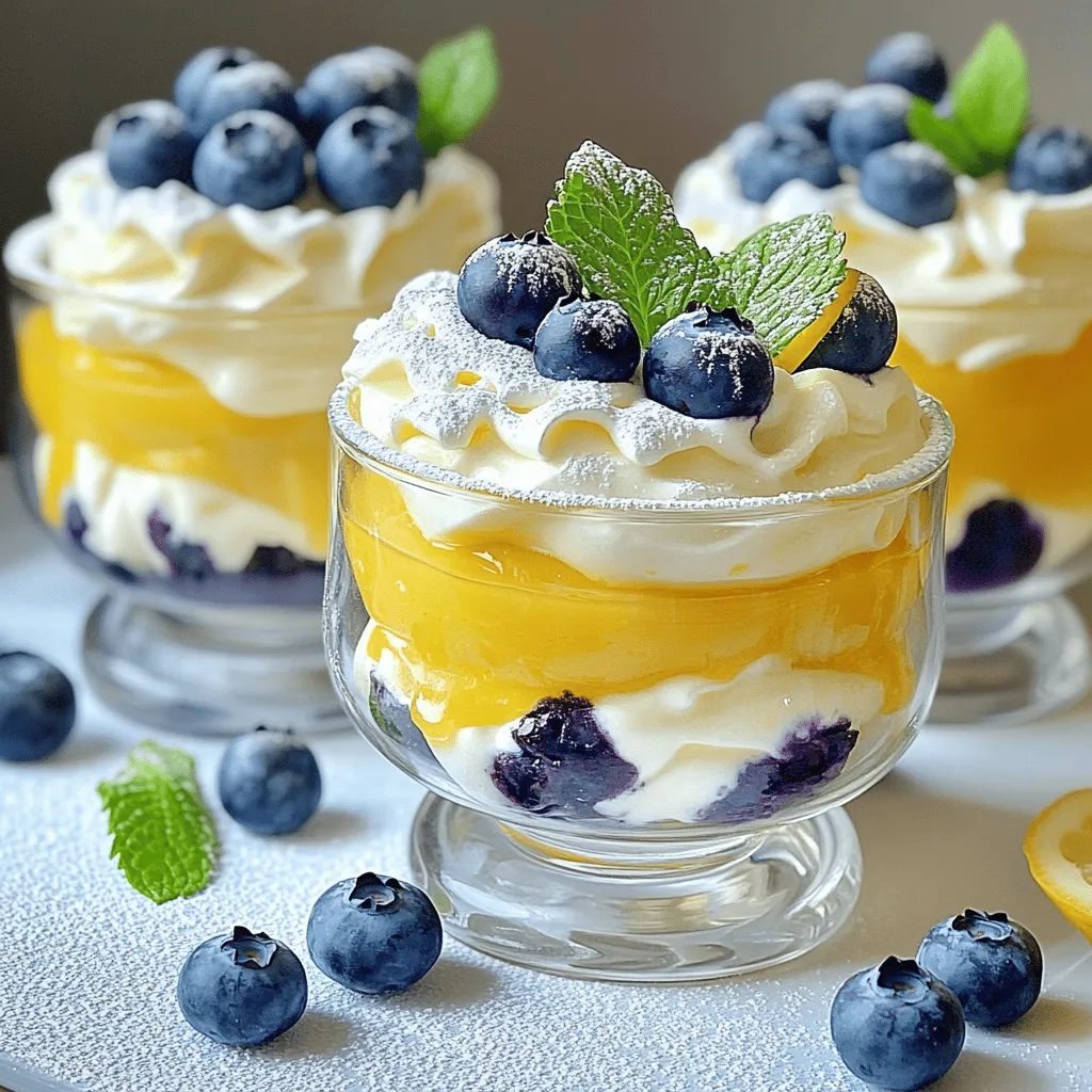 To make Lemon Blueberry Fluff, you need these simple ingredients: - 2 cups fresh blueberries - 1 cup heavy whipping cream - 1/2 cup lemon curd - 1/2 cup powdered sugar - 1 teaspoon vanilla extract - Zest of 1 lemon - Mint leaves for garnish (optional) If you need to convert measurements, here are some simple tips: - 1 cup equals 8 fluid ounces. - 1/2 cup equals 4 fluid ounces. - 1 teaspoon is about 5 milliliters. - 2 cups equal 16 fluid ounces. You can swap some ingredients for your taste: - Use Greek yogurt instead of lemon curd for a tangy twist. - If you want a lighter dessert, try using whipped topping. - For a dairy-free option, use coconut cream instead of heavy cream. - You can replace blueberries with strawberries or raspberries for a new flavor. Using the right ingredients can make Lemon Blueberry Fluff even more delightful. For the full recipe, check out the details above! Start by gathering all your ingredients. This makes cooking smooth and fun. You will need fresh blueberries, heavy whipping cream, lemon curd, powdered sugar, vanilla extract, lemon zest, and mint leaves if you want to garnish. Wash the blueberries gently so they stay whole. In a large bowl, add the heavy whipping cream and the vanilla extract. Use a handheld mixer or a stand mixer. Whip the cream on medium-high speed. Keep an eye on it until soft peaks form. This is the key to a fluffy texture. Gradually add the powdered sugar while mixing. Continue to whip until you see stiff peaks. Be careful here; overwhipping can make it grainy. In another bowl, mix the lemon curd and lemon zest. This brightens the flavor. Gently fold this lemon mixture into your whipped cream. Make sure there are no streaks left. Then, carefully fold in the fresh blueberries, saving some for the top later. Once everything is combined, cover the bowl with plastic wrap. Chill it in the fridge for at least 30 minutes to set. When ready, spoon the Lemon Blueberry Fluff into bowls. Top with the reserved blueberries and a mint leaf if you like. For the complete recipe, check the Full Recipe. To get the best whip, start with cold cream. Cold cream whips better and faster. Use a metal bowl for even better results. Beat the cream until soft peaks form. This takes about three to five minutes. When you add powdered sugar, do it slowly. This helps the sugar mix in well. Keep mixing until stiff peaks form. Be careful! If you mix too long, the cream will turn to butter. Garnishes make your dessert pop. You can add fresh mint leaves for color. A sprinkle of lemon zest adds a nice touch too. If you want more blueberries, use them on top. You can also drizzle honey for extra sweetness. For a fun twist, add crushed graham crackers for crunch. Serve Lemon Blueberry Fluff in clear glasses to show off the layers. This dessert looks great at any gathering. You can make mini servings for parties. It’s perfect for summer barbecues or family dinners. For a fancy touch, pair it with a scoop of lemon sorbet. This dessert is light and refreshing, so it fits well after any meal. You can find the full recipe above to guide you as you prepare this treat! {{image_2}} You can switch out blueberries for other fruits. Strawberries or raspberries work great. They add a fresh taste and bright color. You can also try peaches or mangoes for a tropical twist. Each fruit brings its own flavor and fun to the dish. Just make sure the fruit is fresh and ripe for the best taste. To make a vegan version, use coconut cream instead of heavy cream. Chill the coconut cream overnight for best results. Replace the lemon curd with a vegan lemon pudding. You can find this at most grocery stores or make your own. This way, you can enjoy Lemon Blueberry Fluff without any animal products. You can create a stunning layered dessert with Lemon Blueberry Fluff. Start with a layer of fluff in a glass. Then add a layer of your favorite granola or crushed cookies. Repeat the layers until you reach the top. This not only looks great but adds texture and crunch. Drizzle some extra lemon curd on top for a sweet finish. For the full recipe, check out the guide above. To keep your Lemon Blueberry Fluff fresh, store it in the fridge. Use an airtight container to prevent it from absorbing other smells. Avoid leaving it uncovered. This dessert tastes best when chilled, so make sure to keep it cold until you're ready to serve. You can freeze Lemon Blueberry Fluff, but it may change in texture. To freeze, spoon it into a freezer-safe container. Leave some space at the top for expansion. For best results, eat it within one month. When you're ready, thaw it overnight in the fridge. Stir it gently before serving to restore some creaminess. Lemon Blueberry Fluff lasts about three days in the fridge. After that, the texture may not be as light and fluffy. If you notice any changes in smell or color, it's best to toss it. Always trust your senses when checking for freshness. For the best taste, enjoy it fresh! Yes, you can make Lemon Blueberry Fluff ahead of time. It keeps well in the fridge. Prepare it a few hours or even a day before serving. Just cover it tightly with plastic wrap. Chilling helps the flavors blend. This dessert stays light and fluffy, making it a great make-ahead option. If you don't have lemon curd, you can use yogurt. Greek yogurt adds creaminess and tang. You may also try lemon juice mixed with sugar. This gives you a similar taste but with a different texture. Other citrus curds, like lime or orange, also work well. Experiment to find your favorite! To reduce the sweetness, cut down on powdered sugar. You can start with a quarter cup instead of half. Another option is to use unsweetened whipped cream. This balances the flavor without losing the fluffiness. You can also add more lemon zest. This brings a bright taste that complements the blueberries. For the full recipe, check the section above. In this blog post, we explored Lemon Blueberry Fluff. We covered ingredients, measurement conversions, and substitutions. I shared step-by-step instructions for preparation and whipping. Tips on achieving the perfect whip and garnishing ideas were included. We looked at variations like vegan options and layered desserts. Finally, I shared storage best practices and answered common FAQs. Enjoy making this easy and tasty treat. With a few simple steps, you can create a delightful dessert that everyone will love.