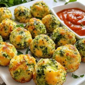 To make these tasty baked broccoli cheese balls, you need: - 2 cups fresh broccoli florets, finely chopped - 1 cup cheddar cheese, shredded - 1/2 cup breadcrumbs (preferably whole wheat) - 1/4 cup grated Parmesan cheese - 2 large eggs, beaten - 2 cloves garlic, minced - 1 teaspoon onion powder - 1/2 teaspoon paprika - Salt and pepper to taste - Olive oil spray These ingredients create a great mix of flavors and textures. You will love the cheesy goodness paired with the healthy broccoli. You can add more flavor with optional seasonings like: - 1/2 teaspoon of garlic powder - 1 teaspoon of Italian seasoning - A pinch of red pepper flakes for heat These seasonings give the cheese balls a unique twist. Feel free to get creative and use your favorites! If you need substitutions, here are some ideas: - Use frozen broccoli, thawed and drained, instead of fresh. - Swap cheddar cheese with mozzarella or Gouda for a different taste. - Try almond flour instead of breadcrumbs for a gluten-free option. These ideas help you customize the recipe to fit your needs. Remember, cooking should always be fun and flexible, so feel free to experiment! Start by preheating your oven to 400°F (200°C). This helps the cheese balls cook evenly. Next, line a baking sheet with parchment paper. This makes cleanup easy and keeps the balls from sticking. In a large mixing bowl, combine the following: - 2 cups fresh broccoli florets, finely chopped - 1 cup cheddar cheese, shredded - 1/2 cup breadcrumbs (preferably whole wheat) - 1/4 cup grated Parmesan cheese - 2 large eggs, beaten - 2 cloves garlic, minced - 1 teaspoon onion powder - 1/2 teaspoon paprika - Salt and pepper to taste Mix everything until well combined. It should look colorful and smell great. Now, using your hands, form the mixture into small balls that are about 1-2 inches wide. Place them on the baking sheet, leaving space between each ball. This helps them cook well. Before baking, lightly spray the balls with olive oil. This step is key for getting a crisp outer layer. Bake them in the preheated oven for 20-25 minutes. Halfway through, turn the balls for even cooking. They should become golden brown and crispy. Keep an eye on them towards the end. Ovens can vary, so adjust the time as needed. Once they are done baking, remove the cheese balls from the oven. Let them cool slightly before serving. For a nice presentation, arrange the baked cheese balls on a platter. Pair them with marinara sauce or ranch dressing for dipping. A sprinkle of fresh parsley adds a great touch of color. For the complete recipe details, refer to the Full Recipe. To make your baked broccoli cheese balls crisp, use a few simple tricks. First, ensure you chop the broccoli finely. This helps it mix well with the other ingredients. Next, don’t skip the olive oil spray. It adds moisture and helps with browning. Bake them at the right temperature, 400°F (200°C). This high heat gives you that perfect crunch. Turn the balls halfway through baking to ensure even crispiness. You can easily change the flavor of your cheese balls. If you like spice, add some red pepper flakes. For a savory kick, try adding garlic powder or fresh herbs like parsley or basil. You can also mix different cheeses. Mozzarella, gouda, or even feta can change the taste. Just keep the ratio similar to the recipe for best results. Avoid these common mistakes to make perfect cheese balls. First, don’t overmix the ingredients. This can make the balls tough. Second, check your oven temperature; an inaccurate oven can lead to undercooked or burnt balls. Lastly, don’t skip cooling time after baking. Letting them sit for a few minutes helps them firm up and makes them easier to handle. Following these tips will help you enjoy every bite of your baked broccoli cheese balls. For the full recipe, check the details above. {{image_2}} You can switch up the cheese in your broccoli balls. Try mozzarella for a gooey texture. Feta adds a sharp flavor, while gouda offers a smoky taste. Each cheese brings its own fun twist. Mix and match to find your favorite combo! Why stop at broccoli? Feel free to add other veggies. Carrots, bell peppers, or spinach can enhance the flavor and nutrition. Just chop them small and mix them in. This way, you can sneak in more healthy goodness! Want a vegan version? No problem! Swap the eggs for flaxseed meal or applesauce. Use plant-based cheese for that cheesy feel. Whole wheat breadcrumbs can still hold everything together. These changes keep your snack tasty and plant-based. Check out the Full Recipe for more details! You can keep baked broccoli cheese balls at room temperature for about two hours. If you plan to eat them soon, just place them on a plate. Cover them with a clean kitchen towel to keep them warm. Avoid letting them sit out longer. Bacteria can grow if food is left out too long. For longer storage, place the cheese balls in an airtight container. Keep them in the fridge for up to three days. This method helps maintain their taste and texture. When you're ready to eat, just reheat them. Microwaving is quick, but an oven will keep them crispier. You can also freeze baked broccoli cheese balls. Place them in a single layer on a baking sheet and freeze until solid. Then, transfer them to a freezer bag. They can stay frozen for up to three months. To reheat, bake them at 350°F (175°C) for about 15-20 minutes. This will make them warm and crispy again. For the best results, do not thaw before reheating. Check out the Full Recipe for more details! You can serve these cheese balls with many tasty dips. Marinara sauce pairs well. Ranch dressing adds a creamy touch. For a fresh twist, try a yogurt dip. You can also add a side salad for a fun meal. Kids love them with ketchup, too! Yes, you can prepare these cheese balls in advance. Form the balls and place them on a baking sheet. Cover them and store in the fridge for up to a day. You can also freeze them for longer. Just bake them straight from the freezer. Adjust the baking time as needed. You will know the cheese balls are done when they turn golden brown. They should feel firm to the touch. A little crisp on the outside means they are ready. If you want, use a food thermometer. The internal temp should be at least 165°F (74°C) to ensure they are cooked through. Enjoy your delicious Baked Broccoli Cheese Balls! This article covers all you need to make tasty baked broccoli cheese balls. We discussed key ingredients, optional seasonings, and smart substitutions. The step-by-step instructions guide you from prep to baking. I shared tips for crispiness and adjusting flavors while avoiding common mistakes. You also learned about fun variations and essential storage tips. With these insights, you can create a delicious dish that impresses. Enjoy cooking these cheese balls, and don’t hesitate to experiment!