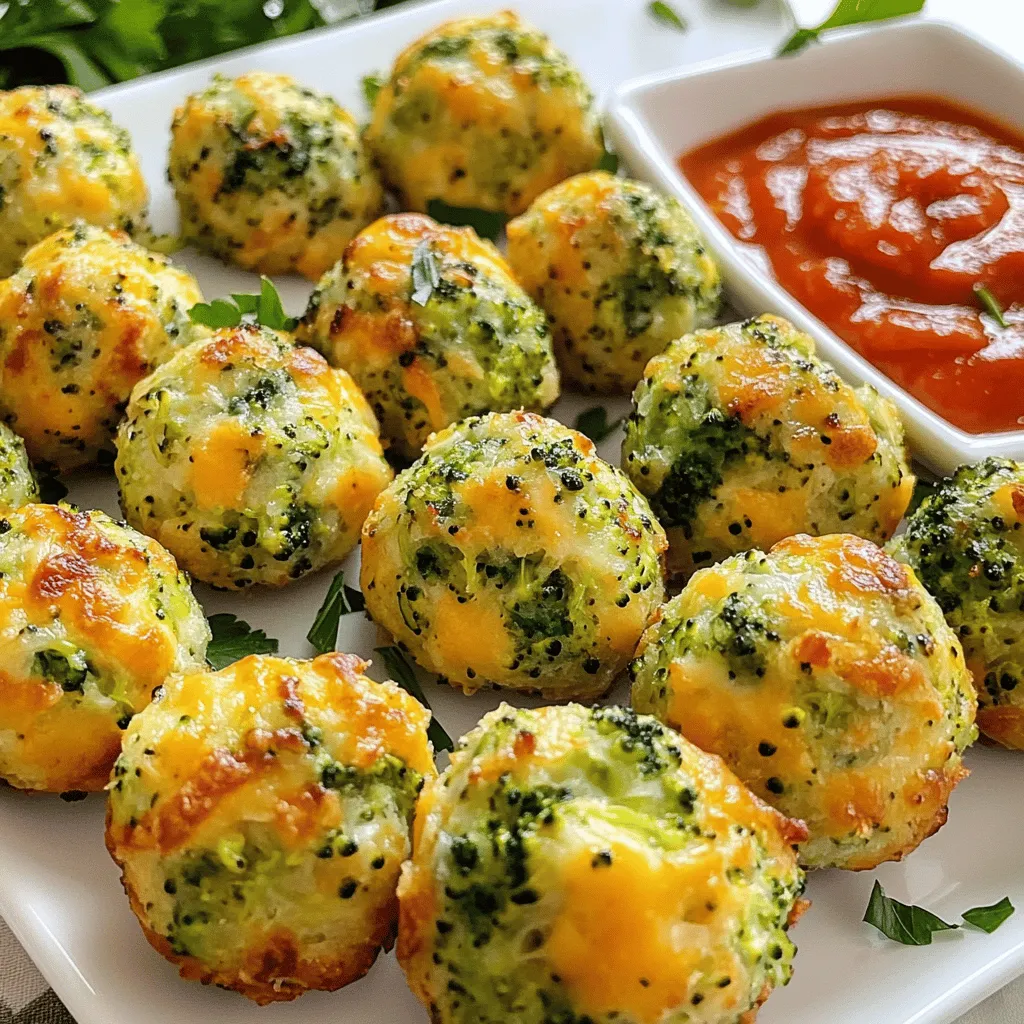 To make these tasty baked broccoli cheese balls, you need: - 2 cups fresh broccoli florets, finely chopped - 1 cup cheddar cheese, shredded - 1/2 cup breadcrumbs (preferably whole wheat) - 1/4 cup grated Parmesan cheese - 2 large eggs, beaten - 2 cloves garlic, minced - 1 teaspoon onion powder - 1/2 teaspoon paprika - Salt and pepper to taste - Olive oil spray These ingredients create a great mix of flavors and textures. You will love the cheesy goodness paired with the healthy broccoli. You can add more flavor with optional seasonings like: - 1/2 teaspoon of garlic powder - 1 teaspoon of Italian seasoning - A pinch of red pepper flakes for heat These seasonings give the cheese balls a unique twist. Feel free to get creative and use your favorites! If you need substitutions, here are some ideas: - Use frozen broccoli, thawed and drained, instead of fresh. - Swap cheddar cheese with mozzarella or Gouda for a different taste. - Try almond flour instead of breadcrumbs for a gluten-free option. These ideas help you customize the recipe to fit your needs. Remember, cooking should always be fun and flexible, so feel free to experiment! Start by preheating your oven to 400°F (200°C). This helps the cheese balls cook evenly. Next, line a baking sheet with parchment paper. This makes cleanup easy and keeps the balls from sticking. In a large mixing bowl, combine the following: - 2 cups fresh broccoli florets, finely chopped - 1 cup cheddar cheese, shredded - 1/2 cup breadcrumbs (preferably whole wheat) - 1/4 cup grated Parmesan cheese - 2 large eggs, beaten - 2 cloves garlic, minced - 1 teaspoon onion powder - 1/2 teaspoon paprika - Salt and pepper to taste Mix everything until well combined. It should look colorful and smell great. Now, using your hands, form the mixture into small balls that are about 1-2 inches wide. Place them on the baking sheet, leaving space between each ball. This helps them cook well. Before baking, lightly spray the balls with olive oil. This step is key for getting a crisp outer layer. Bake them in the preheated oven for 20-25 minutes. Halfway through, turn the balls for even cooking. They should become golden brown and crispy. Keep an eye on them towards the end. Ovens can vary, so adjust the time as needed. Once they are done baking, remove the cheese balls from the oven. Let them cool slightly before serving. For a nice presentation, arrange the baked cheese balls on a platter. Pair them with marinara sauce or ranch dressing for dipping. A sprinkle of fresh parsley adds a great touch of color. For the complete recipe details, refer to the Full Recipe. To make your baked broccoli cheese balls crisp, use a few simple tricks. First, ensure you chop the broccoli finely. This helps it mix well with the other ingredients. Next, don’t skip the olive oil spray. It adds moisture and helps with browning. Bake them at the right temperature, 400°F (200°C). This high heat gives you that perfect crunch. Turn the balls halfway through baking to ensure even crispiness. You can easily change the flavor of your cheese balls. If you like spice, add some red pepper flakes. For a savory kick, try adding garlic powder or fresh herbs like parsley or basil. You can also mix different cheeses. Mozzarella, gouda, or even feta can change the taste. Just keep the ratio similar to the recipe for best results. Avoid these common mistakes to make perfect cheese balls. First, don’t overmix the ingredients. This can make the balls tough. Second, check your oven temperature; an inaccurate oven can lead to undercooked or burnt balls. Lastly, don’t skip cooling time after baking. Letting them sit for a few minutes helps them firm up and makes them easier to handle. Following these tips will help you enjoy every bite of your baked broccoli cheese balls. For the full recipe, check the details above. {{image_2}} You can switch up the cheese in your broccoli balls. Try mozzarella for a gooey texture. Feta adds a sharp flavor, while gouda offers a smoky taste. Each cheese brings its own fun twist. Mix and match to find your favorite combo! Why stop at broccoli? Feel free to add other veggies. Carrots, bell peppers, or spinach can enhance the flavor and nutrition. Just chop them small and mix them in. This way, you can sneak in more healthy goodness! Want a vegan version? No problem! Swap the eggs for flaxseed meal or applesauce. Use plant-based cheese for that cheesy feel. Whole wheat breadcrumbs can still hold everything together. These changes keep your snack tasty and plant-based. Check out the Full Recipe for more details! You can keep baked broccoli cheese balls at room temperature for about two hours. If you plan to eat them soon, just place them on a plate. Cover them with a clean kitchen towel to keep them warm. Avoid letting them sit out longer. Bacteria can grow if food is left out too long. For longer storage, place the cheese balls in an airtight container. Keep them in the fridge for up to three days. This method helps maintain their taste and texture. When you're ready to eat, just reheat them. Microwaving is quick, but an oven will keep them crispier. You can also freeze baked broccoli cheese balls. Place them in a single layer on a baking sheet and freeze until solid. Then, transfer them to a freezer bag. They can stay frozen for up to three months. To reheat, bake them at 350°F (175°C) for about 15-20 minutes. This will make them warm and crispy again. For the best results, do not thaw before reheating. Check out the Full Recipe for more details! You can serve these cheese balls with many tasty dips. Marinara sauce pairs well. Ranch dressing adds a creamy touch. For a fresh twist, try a yogurt dip. You can also add a side salad for a fun meal. Kids love them with ketchup, too! Yes, you can prepare these cheese balls in advance. Form the balls and place them on a baking sheet. Cover them and store in the fridge for up to a day. You can also freeze them for longer. Just bake them straight from the freezer. Adjust the baking time as needed. You will know the cheese balls are done when they turn golden brown. They should feel firm to the touch. A little crisp on the outside means they are ready. If you want, use a food thermometer. The internal temp should be at least 165°F (74°C) to ensure they are cooked through. Enjoy your delicious Baked Broccoli Cheese Balls! This article covers all you need to make tasty baked broccoli cheese balls. We discussed key ingredients, optional seasonings, and smart substitutions. The step-by-step instructions guide you from prep to baking. I shared tips for crispiness and adjusting flavors while avoiding common mistakes. You also learned about fun variations and essential storage tips. With these insights, you can create a delicious dish that impresses. Enjoy cooking these cheese balls, and don’t hesitate to experiment!