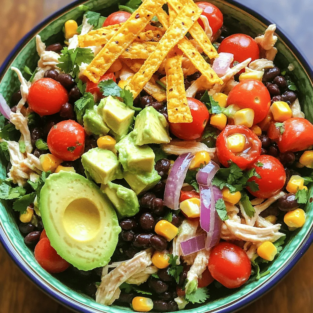 - 2 cups cooked chicken breast, shredded - 1 can (15 oz) black beans, rinsed and drained - 1 cup corn kernels (fresh or frozen) - 1 red bell pepper, diced - Additional salad toppings: 1 avocado, diced; 1 cup cherry tomatoes, halved; ¼ cup cilantro, chopped For this salad, I love using fresh and colorful ingredients. The shredded chicken provides protein and a hearty feel. Black beans add fiber and a nice texture. Corn kernels bring a sweet crunch. Diced red bell pepper adds a pop of color and flavor. Toppings like diced avocado and halved cherry tomatoes enhance the salad's freshness. Finally, cilantro ties everything together with its unique taste. - 3 tablespoons lime juice - 3 tablespoons olive oil - 1 teaspoon chili powder - 1 teaspoon cumin - Salt and pepper to taste A great salad needs a good dressing. Here, I mix lime juice and olive oil for brightness. Chili powder and cumin add warmth and depth. Salt and pepper ensure the flavors pop. This dressing is simple but so effective. It makes the salad sing with flavor. - ½ cup tortilla strips (for garnish) Tortilla strips add a fun crunch. They are a great optional garnish for this dish. When you sprinkle them on top, they give the salad a nice finish. You can skip them if you want a lighter option. But I think they are worth it for the extra texture. For the full recipe, check out the details provided. Enjoy making this vibrant salad! - Combine all salad ingredients in a large mixing bowl. - Whisk together dressing ingredients in a small bowl. Start by taking your cooked chicken and shredding it. I like to use rotisserie chicken for ease and flavor. Then, add the black beans, corn, diced red bell pepper, red onion, avocado, cherry tomatoes, and chopped cilantro to the mixing bowl. Each bite will burst with flavor! Next, grab a small bowl to prepare the dressing. Add the lime juice, olive oil, chili powder, cumin, salt, and pepper. Whisk until everything blends well. This dressing adds a zesty kick that ties the salad together. - Pour dressing over salad mixture and gently toss. - Let the salad sit to meld flavors. Once the dressing is ready, pour it over the salad mixture. Use a large spoon to gently toss everything together. You want to coat each ingredient without mashing them. After tossing, let the salad sit for about 10 minutes. This waiting time allows the flavors to meld. It’s worth the wait as it brings out the best in each ingredient. - Serve in bowls or on a platter with tortilla strips. When it’s time to serve, you can dish it up in individual bowls or arrange it on a large platter. For that extra crunch, top with tortilla strips. These add a nice texture that complements the creamy avocado and juicy tomatoes. Enjoy your vibrant, zesty Southwest chicken salad! For the full recipe, check out the details above. - Use different proteins like grilled shrimp or tofu. - Substitute lime juice with lemon for a different twist. If you want variety, shrimp or tofu can add new flavors. Shrimp gives a sweet taste, while tofu offers a hearty bite. Lemon juice can brighten the salad in a new way. Switch it up and see what you like best! - Adjust the spice level with extra chili powder or jalapeños. - Allowing the salad to chill before serving for better flavor infusion. Want more heat? Add extra chili powder or fresh jalapeños. This helps the salad have a nice kick. Chilling the salad also helps blend the flavors. I often let it sit for at least ten minutes before serving. You’ll taste the difference! - Arrange with colorful seasonal veggies for visual appeal. - Use a variety of bowls to enhance the dining experience. Make your salad look amazing! Use bright veggies like carrots or radishes. They add color and crunch. Choose fun bowls to serve it in. This can make your meal feel extra special. A great look makes the dish taste even better! For the full recipe, check out the [Full Recipe]. {{image_2}} You can change the protein in this salad to fit your taste. - Swap chicken for shredded beef or turkey. - Use chickpeas for a vegetarian option. They add protein and fiber. Dressing can change the whole taste of the salad. - Experiment with a creamy avocado dressing instead. It adds a rich texture. - Add honey or agave for a touch of sweetness. This can balance the spice. Pairing your salad with sides can make it a full meal. - Serve with tortilla chips or a side of guacamole for crunch. - Pair with a refreshing fruit salad for a complete meal. This adds color and flavor. Feel free to try these ideas to make the Zesty Southwest Chicken Salad your own! For the full recipe, check the earlier section. Store your Zesty Southwest Chicken Salad in an airtight container. This keeps it fresh and tasty. It is best to eat it within 3 days. You can freeze the chicken salad components separately. Freeze the chicken, beans, and veggies in different bags. This helps keep their taste and texture. When ready to eat, thaw them in the fridge overnight. This way, you will enjoy the best texture and flavor. This salad is best served cold. I recommend avoiding reheating. It helps to keep the crunch and flavor of the ingredients. Enjoy it fresh for a delightful experience. For the complete recipe, check out the Full Recipe. Typically retains quality for up to 3 days when properly stored. Keep it in an airtight container. This helps the flavors stay fresh. Yes, for best results, prepare dressing separately and combine before serving. This keeps the salad crunchy. You can mix it right before eating. Kidney beans or pinto beans can be used as alternatives. Both add similar texture and taste. Choose what you have on hand. Packed with protein and vegetables, it's a nutritious choice for balanced meals. The chicken and beans boost protein. The veggies add vitamins. Incorporate diced jalapeños or increase the chili powder amount. Both options add a nice kick. Adjust to your heat level preference. For the full recipe, check out the details above and enjoy this tasty treat! This Zesty Southwest Chicken Salad is a crowd-pleaser. You learned about key ingredients, step-by-step prep, and tasty variations. Remember, you can switch proteins or dressings to suit your taste. Serving cold enhances flavor. Store it right to keep it fresh. Enjoy this healthy, fun dish at your next gathering. It’s simple, colorful, and full of bold flavors. Make it your own and impress everyone!