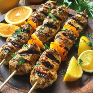 To make Zesty Citrus Chicken Tenderloin Skewers, you need some key ingredients. Here is a simple list: - 1 lb chicken tenderloins - 2 tablespoons olive oil - Zest and juice of 1 orange - Zest and juice of 1 lemon - 2 cloves garlic, minced - 1 teaspoon paprika - 1 teaspoon cumin - 1 teaspoon honey - Salt and pepper to taste - Fresh parsley for garnish - Wooden skewers (soaked in water for 30 minutes) These ingredients bring great flavor to your dish. The citrus adds a bright taste that pairs well with chicken. You can change the marinade to mix things up. Here are a few ideas: - Herb Marinade: Use thyme, rosemary, or oregano. These herbs add depth. - Spicy Kick: Add red pepper flakes or hot sauce for heat. - Sweet and Sour: Mix in some soy sauce and brown sugar for a different twist. Each option brings unique flavors to your skewers. Feel free to experiment with what you enjoy most. Garnishing your skewers makes them look pretty and adds flavor. Here are some tasty ideas: - Fresh parsley: Adds a pop of green and freshness. - Lemon and orange wedges: Serve them on the side for extra zest. - A drizzle of extra marinade: Enhances the taste and gives a shiny look. These garnishes not only look great but also enhance the overall flavor of your dish. For the full recipe, check out the details above. Enjoy cooking and sharing these delicious skewers! In a large mixing bowl, start by adding the olive oil. Next, include the zest and juice of one orange and one lemon. Then, add minced garlic, paprika, cumin, honey, salt, and pepper. Use a whisk to mix everything well until it becomes a smooth marinade. This blend brings bright flavors to the chicken, making it tasty and fresh. Now it’s time to add the chicken tenderloins. Toss them in the marinade until they are fully coated. Cover the bowl with plastic wrap. Place it in the fridge for at least 30 minutes, or up to 2 hours for more flavor. This step helps the chicken absorb all those delicious tastes. Preheat your grill or grill pan to medium-high heat. While it heats, take wooden skewers that have soaked in water for 30 minutes. Thread the marinated chicken tenderloins onto the skewers. Make sure they are secure and not too crowded. Grill the skewers for about 4-5 minutes on each side. Cook until the chicken is no longer pink and has nice grill marks. Once done, take the skewers off the grill and let them rest for a few minutes. Garnish with freshly chopped parsley before serving. This step adds a pop of color and flavor. You can find the full recipe for these Zesty Citrus Chicken Tenderloin Skewers to enjoy with your family and friends. To make sure your chicken is tender, marinate it well. Use a mix of acid and oil. This helps break down the fibers of the meat. A good time for marinating is at least 30 minutes. For even better flavor, marinate for up to 2 hours. Always remember to let the chicken rest after cooking. This keeps the juices inside, making each bite juicy. Grilling gives chicken a smoky flavor and nice grill marks. It cooks quickly and adds a crispy texture. Use medium-high heat for grilling. On the other hand, cooking in the oven is easier for larger batches. Set your oven to 400°F for even cooking. Both methods work well, but choose based on your taste and time. You can boost the flavor of your marinade with simple additions. Try adding fresh herbs like thyme or rosemary. They add a lovely aroma. You can also use spices like cayenne or chili powder for heat. A splash of soy sauce or Worcestershire sauce can add depth. Experiment with flavors to find what you love best. Check the [Full Recipe] to see how to use these tips in your cooking! {{image_2}} You can easily switch up the flavors in your chicken skewers. Instead of orange and lemon, try using lime juice and zest. This gives a bold twist. You can also use different herbs. Fresh cilantro or basil can add a fresh taste. If you like spicy food, add some chili powder or cayenne pepper to the marinade. For a smoky flavor, try smoked paprika. You will love how these small changes make a big difference. These chicken skewers work for many occasions. For a summer barbecue, serve them with grilled veggies. You can also pair them with a light salad for a fresh meal. If it’s a family dinner, place the skewers on a big platter. Add colorful sides like rice or couscous. For a picnic, pack them in wraps with fresh greens. They are easy to eat and full of flavor, perfect for any setting. You can make a great plant-based version of these skewers. Use tofu or tempeh instead of chicken. Marinate them the same way to soak up those flavors. You can also try using mushrooms, zucchini, or bell peppers. These veggies grill well and taste amazing. For a heartier option, use chickpeas or seitan. They add protein and texture. Check out the Full Recipe for more ideas on how to create delicious meals for everyone. Store leftover chicken skewers in an airtight container. Make sure they cool first. Keep them in the fridge for up to three days. If you want them fresh longer, freezing is a great option. To freeze chicken tenderloins, wrap them tightly in plastic wrap. Then, place them in a freezer bag. Remove as much air as possible before sealing. They can last up to three months in the freezer. Thaw them in the fridge overnight before cooking. When reheating chicken skewers, use an oven or stovetop for best results. Preheat the oven to 350°F (175°C). Place the skewers on a baking sheet and cover with foil. Heat for about 10-15 minutes. You can also reheat in a skillet over medium heat. Flip them gently to warm evenly. This helps keep them juicy and tasty. You should marinate chicken tenderloins for at least 30 minutes. This lets the flavors soak in. For even more taste, try marinating them for up to 2 hours. Just don’t go longer than that, as it can change the texture. Marinating helps keep the chicken juicy and adds a burst of flavor. Yes, you can use chicken breast instead of tenderloins. Chicken breast works well in many recipes. Just remember, chicken breasts take longer to cook. Slice them into thinner pieces to match the tenderloins. This helps them cook evenly and stay moist, just like the tenderloins do. For chicken skewers, grill them for about 4-5 minutes on each side. This timing works well for tenderloins. You want the chicken to reach an internal temperature of 165°F. Use a meat thermometer to check. This ensures your chicken is safe to eat and still juicy. In this post, I shared how to make zesty chicken skewers. You learned about key ingredients, marinade options, and ways to cook the skewers. I provided tips to keep the chicken tender and suggested fun variations for all diets. Cooking can be simple and enjoyable. Remember to experiment with flavors and garnishes. Enjoy the joy of grilling or baking. You’ll create tasty meals every time.