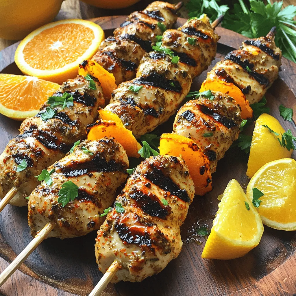 To make Zesty Citrus Chicken Tenderloin Skewers, you need some key ingredients. Here is a simple list: - 1 lb chicken tenderloins - 2 tablespoons olive oil - Zest and juice of 1 orange - Zest and juice of 1 lemon - 2 cloves garlic, minced - 1 teaspoon paprika - 1 teaspoon cumin - 1 teaspoon honey - Salt and pepper to taste - Fresh parsley for garnish - Wooden skewers (soaked in water for 30 minutes) These ingredients bring great flavor to your dish. The citrus adds a bright taste that pairs well with chicken. You can change the marinade to mix things up. Here are a few ideas: - Herb Marinade: Use thyme, rosemary, or oregano. These herbs add depth. - Spicy Kick: Add red pepper flakes or hot sauce for heat. - Sweet and Sour: Mix in some soy sauce and brown sugar for a different twist. Each option brings unique flavors to your skewers. Feel free to experiment with what you enjoy most. Garnishing your skewers makes them look pretty and adds flavor. Here are some tasty ideas: - Fresh parsley: Adds a pop of green and freshness. - Lemon and orange wedges: Serve them on the side for extra zest. - A drizzle of extra marinade: Enhances the taste and gives a shiny look. These garnishes not only look great but also enhance the overall flavor of your dish. For the full recipe, check out the details above. Enjoy cooking and sharing these delicious skewers! In a large mixing bowl, start by adding the olive oil. Next, include the zest and juice of one orange and one lemon. Then, add minced garlic, paprika, cumin, honey, salt, and pepper. Use a whisk to mix everything well until it becomes a smooth marinade. This blend brings bright flavors to the chicken, making it tasty and fresh. Now it’s time to add the chicken tenderloins. Toss them in the marinade until they are fully coated. Cover the bowl with plastic wrap. Place it in the fridge for at least 30 minutes, or up to 2 hours for more flavor. This step helps the chicken absorb all those delicious tastes. Preheat your grill or grill pan to medium-high heat. While it heats, take wooden skewers that have soaked in water for 30 minutes. Thread the marinated chicken tenderloins onto the skewers. Make sure they are secure and not too crowded. Grill the skewers for about 4-5 minutes on each side. Cook until the chicken is no longer pink and has nice grill marks. Once done, take the skewers off the grill and let them rest for a few minutes. Garnish with freshly chopped parsley before serving. This step adds a pop of color and flavor. You can find the full recipe for these Zesty Citrus Chicken Tenderloin Skewers to enjoy with your family and friends. To make sure your chicken is tender, marinate it well. Use a mix of acid and oil. This helps break down the fibers of the meat. A good time for marinating is at least 30 minutes. For even better flavor, marinate for up to 2 hours. Always remember to let the chicken rest after cooking. This keeps the juices inside, making each bite juicy. Grilling gives chicken a smoky flavor and nice grill marks. It cooks quickly and adds a crispy texture. Use medium-high heat for grilling. On the other hand, cooking in the oven is easier for larger batches. Set your oven to 400°F for even cooking. Both methods work well, but choose based on your taste and time. You can boost the flavor of your marinade with simple additions. Try adding fresh herbs like thyme or rosemary. They add a lovely aroma. You can also use spices like cayenne or chili powder for heat. A splash of soy sauce or Worcestershire sauce can add depth. Experiment with flavors to find what you love best. Check the [Full Recipe] to see how to use these tips in your cooking! {{image_2}} You can easily switch up the flavors in your chicken skewers. Instead of orange and lemon, try using lime juice and zest. This gives a bold twist. You can also use different herbs. Fresh cilantro or basil can add a fresh taste. If you like spicy food, add some chili powder or cayenne pepper to the marinade. For a smoky flavor, try smoked paprika. You will love how these small changes make a big difference. These chicken skewers work for many occasions. For a summer barbecue, serve them with grilled veggies. You can also pair them with a light salad for a fresh meal. If it’s a family dinner, place the skewers on a big platter. Add colorful sides like rice or couscous. For a picnic, pack them in wraps with fresh greens. They are easy to eat and full of flavor, perfect for any setting. You can make a great plant-based version of these skewers. Use tofu or tempeh instead of chicken. Marinate them the same way to soak up those flavors. You can also try using mushrooms, zucchini, or bell peppers. These veggies grill well and taste amazing. For a heartier option, use chickpeas or seitan. They add protein and texture. Check out the Full Recipe for more ideas on how to create delicious meals for everyone. Store leftover chicken skewers in an airtight container. Make sure they cool first. Keep them in the fridge for up to three days. If you want them fresh longer, freezing is a great option. To freeze chicken tenderloins, wrap them tightly in plastic wrap. Then, place them in a freezer bag. Remove as much air as possible before sealing. They can last up to three months in the freezer. Thaw them in the fridge overnight before cooking. When reheating chicken skewers, use an oven or stovetop for best results. Preheat the oven to 350°F (175°C). Place the skewers on a baking sheet and cover with foil. Heat for about 10-15 minutes. You can also reheat in a skillet over medium heat. Flip them gently to warm evenly. This helps keep them juicy and tasty. You should marinate chicken tenderloins for at least 30 minutes. This lets the flavors soak in. For even more taste, try marinating them for up to 2 hours. Just don’t go longer than that, as it can change the texture. Marinating helps keep the chicken juicy and adds a burst of flavor. Yes, you can use chicken breast instead of tenderloins. Chicken breast works well in many recipes. Just remember, chicken breasts take longer to cook. Slice them into thinner pieces to match the tenderloins. This helps them cook evenly and stay moist, just like the tenderloins do. For chicken skewers, grill them for about 4-5 minutes on each side. This timing works well for tenderloins. You want the chicken to reach an internal temperature of 165°F. Use a meat thermometer to check. This ensures your chicken is safe to eat and still juicy. In this post, I shared how to make zesty chicken skewers. You learned about key ingredients, marinade options, and ways to cook the skewers. I provided tips to keep the chicken tender and suggested fun variations for all diets. Cooking can be simple and enjoyable. Remember to experiment with flavors and garnishes. Enjoy the joy of grilling or baking. You’ll create tasty meals every time.