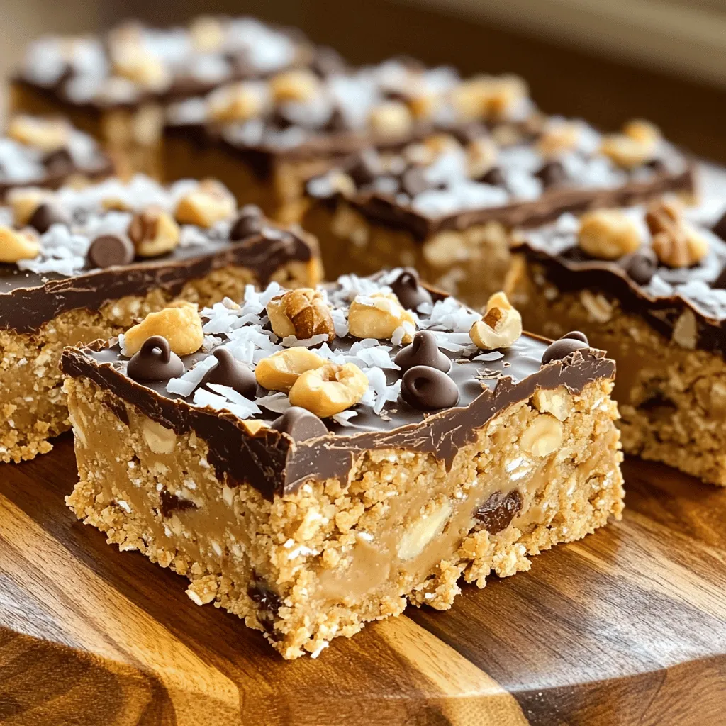 To make these no-bake peanut butter bars, you need the following items: - 1 cup creamy peanut butter - 1 cup rolled oats - 1/2 cup honey or maple syrup - 1/2 cup chocolate chips (semi-sweet or dark) - 1/4 cup shredded coconut (unsweetened) - 1/4 teaspoon salt - Optional toppings: chopped nuts, seeds, or a drizzle of melted chocolate - Creamy peanut butter: This gives the bars their rich flavor. You can use crunchy peanut butter for added texture. - Rolled oats: Choose old-fashioned oats for the best results. Instant oats may not hold up well. - Honey or maple syrup: Both serve as sweeteners. Maple syrup is great for a vegan option. - Chocolate chips: I love semi-sweet, but dark chocolate is a nice twist too. - Shredded coconut: Unsweetened coconut adds a nice chew. Sweetened coconut can make the bars too sweet. - Salt: Just a little enhances the flavors. Don't skip it! - Toppings: Add nuts or seeds for crunch. Melted chocolate drizzled on top makes them look fancy. The star of this recipe is the creamy peanut butter. It blends perfectly with the other ingredients. Honey or maple syrup adds the right sweetness. The chocolate chips give a touch of indulgence. Together, they create a balanced flavor that everyone loves. The rolled oats provide a hearty texture, making each bite satisfying. Using high-quality ingredients ensures your bars taste amazing. Making no-bake peanut butter bars is quick and fun. Gather all your ingredients first. This helps everything go smoothly. You will need peanut butter, oats, honey, chocolate chips, coconut, and salt. Optional toppings can make your bars even better. 1. In a large bowl, mix the creamy peanut butter and honey. Stir until smooth. 2. Add the rolled oats, shredded coconut, and salt. Mix until everything is combined. 3. Gently fold in the chocolate chips. Ensure they are spread evenly. 4. Line an 8x8 inch baking dish with parchment paper. Let some paper hang over the sides. 5. Press the mixture into the dish. Use a spatula or your hands to pack it down well. 6. If you want, add chopped nuts or drizzle with melted chocolate on top. 7. Refrigerate for 1 to 2 hours. This helps the bars set properly. 8. Once set, lift the bars out using the parchment paper. Cut them into squares. Make sure to mix well for the best flavor. If the mixture feels too sticky, wet your hands slightly. This will help you press it down. Layering toppings can add a great crunch. Try to spread them evenly for a nice look. For added fun, sprinkle some coconut on top before it sets. Enjoy your tasty treat! If your bars fall apart, it may be due to too few binding ingredients. Ensure you use enough peanut butter and honey. If they are too sticky, add a bit more oats. You can also press them down harder while packing to help them hold together. To get that perfect texture, use creamy peanut butter. This helps the bars be smooth and easy to cut. You can also mix in some crunchy peanut butter for added crunch. Make sure to pack the mixture tightly in the dish. This will help your bars hold their shape. Serve the bars chilled for the best taste. I like to place them on a nice platter. A sprinkle of coconut or some whole nuts on top makes them look fancy. You can also drizzle melted chocolate over them for a sweet touch. Enjoy with a glass of cold milk or hot coffee for a tasty treat. For the full recipe, check out the detailed instructions and ingredients. {{image_2}} If you want to make these bars nut-free, swap peanut butter for sunbutter. Sunbutter comes from sunflower seeds and tastes great. You can also use soy nut butter. These options keep the bars creamy and delicious without nuts. You can add fun flavors to your bars. Try mixing in a dash of cinnamon or a sprinkle of cocoa powder for extra taste. You can also add vanilla extract for a sweet touch. For a tropical twist, toss in some dried fruit like raisins or cranberries. Each addition changes the flavor and makes your bars unique. For gluten-free bars, choose certified gluten-free oats. This way, you keep the bars safe for those with gluten allergies. To make them vegan, use maple syrup instead of honey. This simple switch keeps the sweetness while fitting a vegan diet. These adaptations let everyone enjoy your tasty treat! To keep your no-bake peanut butter bars fresh, store them in an airtight container. Layer parchment paper between the bars to prevent sticking. This helps maintain their shape and texture. Always keep them in a cool, dry place. Avoid keeping them out in heat or sunlight. Refrigeration is your best bet for short-term storage. Place the container in the fridge for up to a week. For longer storage, freeze the bars. Wrap them tightly in plastic wrap and then foil. This method keeps them fresh for up to three months. Just thaw them in the fridge before enjoying. The bars stay good for about a week in the fridge. If you see any changes in color or smell, it’s time to toss them. Signs of spoilage include a dry texture or a sour smell. If they feel hard or crumbly, they might not taste great. Always trust your senses when checking freshness. To make sure your bars hold together, use a creamy peanut butter. It helps bind the mixture. Also, press the mixture firmly into the pan. Use a spatula or your hands to pack it down. If the bars still crumble, try adding a bit more honey or maple syrup. This extra moisture can help. Once set, cut them carefully for the best results. Yes, you can swap peanut butter with other nut butters. Almond butter or cashew butter work well. Each nut butter will change the taste a little. If you use a different nut butter, make sure it is smooth. This will help keep the texture right. You can also try sunflower seed butter for a nut-free option. Yes, refrigerating the bars is key. It helps them set properly and gives them a firmer texture. After mixing, chill them in the fridge for at least 1-2 hours. If you want to enjoy them later, you can keep them in the fridge. This will keep them fresh and tasty for several days. For long-term storage, you can freeze them as well. Just wrap them well to avoid freezer burn. For the full recipe, check the section above. This post covered all you need to make delicious no-bake peanut butter bars. We explored the complete ingredient list, cooking steps, and ways to solve common issues. We also discussed different variations and storage tips to keep your bars fresh. In closing, enjoy the fun of creating these tasty treats. You can easily customize them to fit your taste. Follow the tips, and you’ll impress everyone with your snack skills. Happy baking!