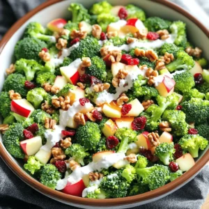 This salad shines with its bright colors and fresh flavors. Here are the key ingredients: - 2 cups broccoli florets, blanched - 1 Honeycrisp apple, diced - 1/4 cup red onion, finely chopped - 1/2 cup dried cranberries - 1/3 cup toasted walnuts, chopped - 1/2 cup Greek yogurt - 2 tablespoons honey - 1 tablespoon apple cider vinegar - Salt and pepper to taste Each ingredient adds a special touch. Broccoli gives crunch, while the Honeycrisp apple brings sweetness. The red onion adds a slight bite, and dried cranberries give a tangy twist. Walnuts add a nutty crunch, and Greek yogurt makes the dressing creamy. You can mix it up with some optional ingredients. Here are a few you might like: - Feta cheese for creaminess and saltiness - Fresh herbs like parsley or mint for brightness - Chopped celery for extra crunch - A splash of lemon juice for added zing These extras can boost flavor and make your salad unique. Try adding them based on your taste! This salad is not only tasty but also good for you. Here’s a quick look at its nutrition: - Calories: About 200 per serving - Protein: 6 grams - Fiber: 4 grams - Fat: 10 grams, mostly from walnuts - Vitamins: High in Vitamin C and Vitamin K The Honeycrisp Apple Broccoli Salad is full of vitamins and nutrients. It’s a great side dish or a light meal. For the complete recipe, check the Full Recipe section. First, we need to prepare the broccoli and apple. Start by blanching the broccoli florets. Place them in boiling water for just 1-2 minutes. This makes them bright green and tender. After that, quickly move the florets to an ice bath. This stops the cooking. Drain the broccoli well and set it aside. Now, take your Honeycrisp apple and dice it. The sweet and crisp flavor of the Honeycrisp apple adds a nice touch. In a large mixing bowl, combine the blanched broccoli, diced Honeycrisp apple, and finely chopped red onion. Next, add dried cranberries for a sweet burst. Finally, toss in the toasted walnuts. They add crunch and flavor. Mix everything gently, so you don’t mush the apples or broccoli. Now, let’s prepare the yogurt dressing. In a small bowl, whisk together Greek yogurt, honey, and apple cider vinegar. Add salt and pepper to taste. Whisk until the mixture is smooth and well blended. This dressing will add creaminess and a hint of sweetness. Pour the yogurt dressing over the salad ingredients in the large bowl. Gently toss everything together until the salad is evenly coated. Taste the salad and adjust the seasoning if needed. If you want more flavor, you can add a pinch more salt or pepper. Cover the salad and place it in the fridge for at least 30 minutes. This lets the flavors blend well. Serve it in a colorful bowl, and feel free to garnish with extra walnuts and a drizzle of honey for a beautiful finish. You can find the full recipe above for more details. To blanch broccoli, bring a pot of water to a boil. Add your broccoli florets and let them cook for 1-2 minutes. This quick cooking keeps the bright green color. Afterward, place the broccoli in ice water. This stops the cooking and keeps it crunchy. I love to serve this salad in a big, colorful bowl. It looks great with extra walnuts on top. You can drizzle a little honey for a sweet finish. This salad pairs well with grilled chicken or fish. It also works as a lunch meal or a side dish at dinner. To boost the flavor, try adding a pinch of cayenne pepper. This adds a little heat. You can also sprinkle some garlic powder for depth. Fresh herbs like parsley or dill bring a fresh taste. Experimenting with spices can make your salad even more exciting. For the full recipe, check out the complete instructions above. {{image_2}} You can change this salad to fit any diet. For a vegan twist, swap Greek yogurt for a plant-based yogurt. Use maple syrup instead of honey for sweetness. If you need gluten-free options, ensure that the walnuts and yogurt are certified gluten-free. This way, everyone can enjoy the dish! Think about using fruits that match the season. In spring, add fresh strawberries or snap peas. Summer brings ripe peaches or blueberries. In fall, try pears instead of apples. Each season offers a new flavor to keep things exciting. Feel free to switch up the dressing. A simple olive oil and lemon mix adds a nice touch. For a creamier option, use sour cream or avocado. Adding a dash of mustard can give it a kick. Experiment until you find the perfect blend that you love. For the full recipe, check out the original guide! To keep your Honeycrisp Apple Broccoli Salad fresh, store it in an airtight container. This helps keep the salad crisp and prevents it from absorbing other smells in the fridge. If you have a lot of dressing, consider keeping it separate until you are ready to eat. The salad stays fresh for about three days in the fridge. After that, the apples may brown, and the broccoli will lose its crunch. If you want to enjoy it longer, consider freezing parts of the salad without the dressing. I recommend refrigerating instead of freezing. Freezing can change the texture of the broccoli and apples. These ingredients taste best fresh and crisp. If you want to store it for later, stick to the fridge. For the full recipe, check out the earlier sections. Yes, you can use other apples. Some great choices are Fuji, Gala, or Granny Smith. Fuji apples bring sweetness, while Granny Smith adds a tart kick. However, Honeycrisp apples shine for their balance of sweet and crisp. They make the salad extra refreshing. Experiment with your favorites for fun flavors! This salad can last about 3 days in the fridge. Store it in an airtight container to keep it fresh. After a couple of days, the broccoli may lose its crunch. If you like your salad crisp, eat it within the first day or two. Absolutely! Honeycrisp Apple Broccoli Salad is perfect for meal prep. You can make it in advance for quick lunches or snacks. Just keep the dressing separate until you're ready to eat. This helps the salad stay fresh and crunchy. This salad pairs well with grilled chicken or fish for a balanced meal. You can also serve it alongside sandwiches or wraps. For a light lunch, enjoy it with a bowl of soup. The flavors work great together, making every meal more delicious. For the full recipe, check out the details above! This Honeycrisp Apple Broccoli Salad is packed with flavor and nutrition. We covered key ingredients and optional ones that make it unique. You learned how to prepare and mix everything, plus tips for perfecting broccoli. There are variations to suit different diets and ways to store leftovers. In short, this salad is easy to make and fun to enjoy. Try it out, and you might find a new favorite dish!
