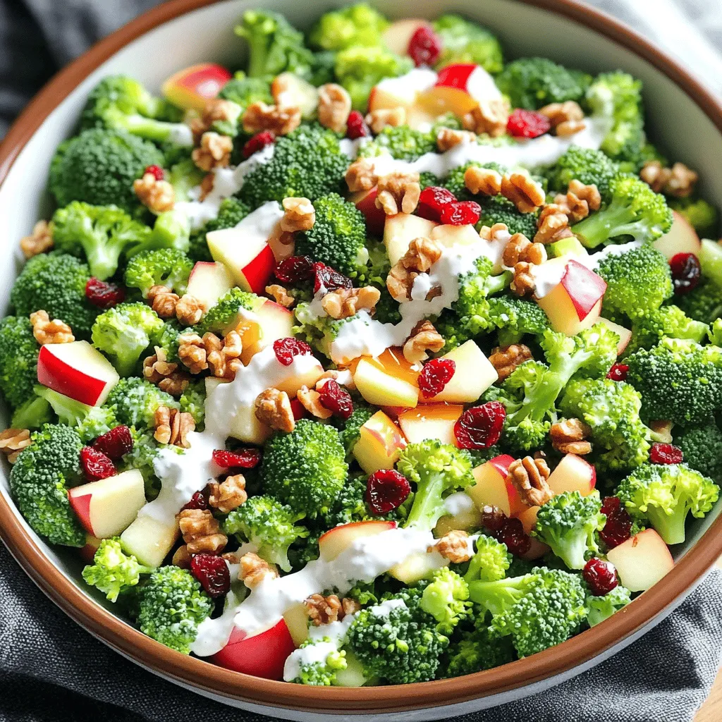 This salad shines with its bright colors and fresh flavors. Here are the key ingredients: - 2 cups broccoli florets, blanched - 1 Honeycrisp apple, diced - 1/4 cup red onion, finely chopped - 1/2 cup dried cranberries - 1/3 cup toasted walnuts, chopped - 1/2 cup Greek yogurt - 2 tablespoons honey - 1 tablespoon apple cider vinegar - Salt and pepper to taste Each ingredient adds a special touch. Broccoli gives crunch, while the Honeycrisp apple brings sweetness. The red onion adds a slight bite, and dried cranberries give a tangy twist. Walnuts add a nutty crunch, and Greek yogurt makes the dressing creamy. You can mix it up with some optional ingredients. Here are a few you might like: - Feta cheese for creaminess and saltiness - Fresh herbs like parsley or mint for brightness - Chopped celery for extra crunch - A splash of lemon juice for added zing These extras can boost flavor and make your salad unique. Try adding them based on your taste! This salad is not only tasty but also good for you. Here’s a quick look at its nutrition: - Calories: About 200 per serving - Protein: 6 grams - Fiber: 4 grams - Fat: 10 grams, mostly from walnuts - Vitamins: High in Vitamin C and Vitamin K The Honeycrisp Apple Broccoli Salad is full of vitamins and nutrients. It’s a great side dish or a light meal. For the complete recipe, check the Full Recipe section. First, we need to prepare the broccoli and apple. Start by blanching the broccoli florets. Place them in boiling water for just 1-2 minutes. This makes them bright green and tender. After that, quickly move the florets to an ice bath. This stops the cooking. Drain the broccoli well and set it aside. Now, take your Honeycrisp apple and dice it. The sweet and crisp flavor of the Honeycrisp apple adds a nice touch. In a large mixing bowl, combine the blanched broccoli, diced Honeycrisp apple, and finely chopped red onion. Next, add dried cranberries for a sweet burst. Finally, toss in the toasted walnuts. They add crunch and flavor. Mix everything gently, so you don’t mush the apples or broccoli. Now, let’s prepare the yogurt dressing. In a small bowl, whisk together Greek yogurt, honey, and apple cider vinegar. Add salt and pepper to taste. Whisk until the mixture is smooth and well blended. This dressing will add creaminess and a hint of sweetness. Pour the yogurt dressing over the salad ingredients in the large bowl. Gently toss everything together until the salad is evenly coated. Taste the salad and adjust the seasoning if needed. If you want more flavor, you can add a pinch more salt or pepper. Cover the salad and place it in the fridge for at least 30 minutes. This lets the flavors blend well. Serve it in a colorful bowl, and feel free to garnish with extra walnuts and a drizzle of honey for a beautiful finish. You can find the full recipe above for more details. To blanch broccoli, bring a pot of water to a boil. Add your broccoli florets and let them cook for 1-2 minutes. This quick cooking keeps the bright green color. Afterward, place the broccoli in ice water. This stops the cooking and keeps it crunchy. I love to serve this salad in a big, colorful bowl. It looks great with extra walnuts on top. You can drizzle a little honey for a sweet finish. This salad pairs well with grilled chicken or fish. It also works as a lunch meal or a side dish at dinner. To boost the flavor, try adding a pinch of cayenne pepper. This adds a little heat. You can also sprinkle some garlic powder for depth. Fresh herbs like parsley or dill bring a fresh taste. Experimenting with spices can make your salad even more exciting. For the full recipe, check out the complete instructions above. {{image_2}} You can change this salad to fit any diet. For a vegan twist, swap Greek yogurt for a plant-based yogurt. Use maple syrup instead of honey for sweetness. If you need gluten-free options, ensure that the walnuts and yogurt are certified gluten-free. This way, everyone can enjoy the dish! Think about using fruits that match the season. In spring, add fresh strawberries or snap peas. Summer brings ripe peaches or blueberries. In fall, try pears instead of apples. Each season offers a new flavor to keep things exciting. Feel free to switch up the dressing. A simple olive oil and lemon mix adds a nice touch. For a creamier option, use sour cream or avocado. Adding a dash of mustard can give it a kick. Experiment until you find the perfect blend that you love. For the full recipe, check out the original guide! To keep your Honeycrisp Apple Broccoli Salad fresh, store it in an airtight container. This helps keep the salad crisp and prevents it from absorbing other smells in the fridge. If you have a lot of dressing, consider keeping it separate until you are ready to eat. The salad stays fresh for about three days in the fridge. After that, the apples may brown, and the broccoli will lose its crunch. If you want to enjoy it longer, consider freezing parts of the salad without the dressing. I recommend refrigerating instead of freezing. Freezing can change the texture of the broccoli and apples. These ingredients taste best fresh and crisp. If you want to store it for later, stick to the fridge. For the full recipe, check out the earlier sections. Yes, you can use other apples. Some great choices are Fuji, Gala, or Granny Smith. Fuji apples bring sweetness, while Granny Smith adds a tart kick. However, Honeycrisp apples shine for their balance of sweet and crisp. They make the salad extra refreshing. Experiment with your favorites for fun flavors! This salad can last about 3 days in the fridge. Store it in an airtight container to keep it fresh. After a couple of days, the broccoli may lose its crunch. If you like your salad crisp, eat it within the first day or two. Absolutely! Honeycrisp Apple Broccoli Salad is perfect for meal prep. You can make it in advance for quick lunches or snacks. Just keep the dressing separate until you're ready to eat. This helps the salad stay fresh and crunchy. This salad pairs well with grilled chicken or fish for a balanced meal. You can also serve it alongside sandwiches or wraps. For a light lunch, enjoy it with a bowl of soup. The flavors work great together, making every meal more delicious. For the full recipe, check out the details above! This Honeycrisp Apple Broccoli Salad is packed with flavor and nutrition. We covered key ingredients and optional ones that make it unique. You learned how to prepare and mix everything, plus tips for perfecting broccoli. There are variations to suit different diets and ways to store leftovers. In short, this salad is easy to make and fun to enjoy. Try it out, and you might find a new favorite dish!